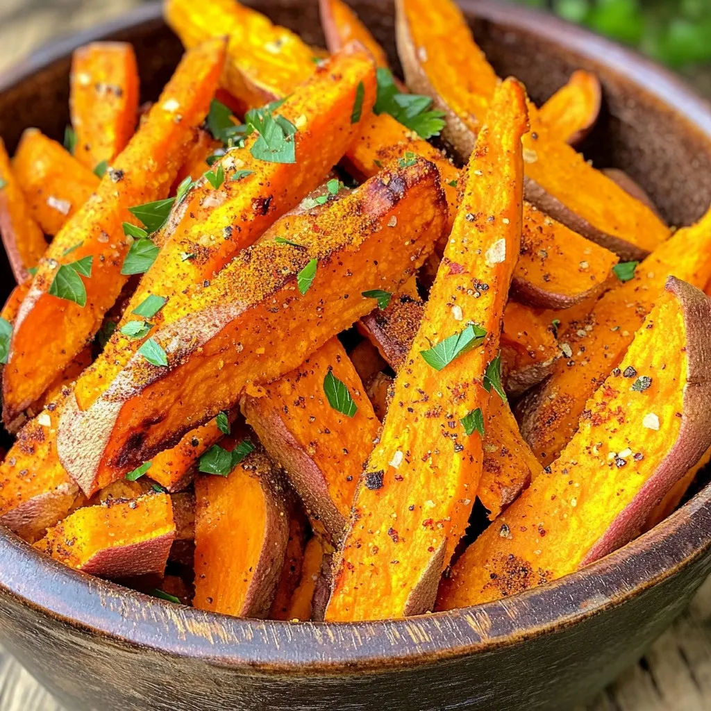 To make crispy air fryer sweet potato fries, gather these simple ingredients: - 2 medium sweet potatoes - 2 tablespoons olive oil - 1 teaspoon garlic powder - 1 teaspoon paprika - 1/2 teaspoon cayenne pepper (optional for heat) - Salt and pepper to taste - Fresh parsley for garnish These ingredients come together to create a tasty snack. Sweet potatoes give a natural sweetness, while olive oil helps them crisp up nicely in the air fryer. The spices add a punch of flavor that makes each bite exciting. You can adjust the cayenne pepper depending on how spicy you want your fries. Fresh parsley adds a beautiful touch when you serve them. Choosing quality ingredients ensures your fries taste great and look appealing. Start by soaking the sweet potato fries in cold water for 30 minutes. This step is key. Soaking helps to remove excess starch, which creates a crispier fry. After soaking, drain the fries and pat them dry with a kitchen towel. Drying is just as important. Moisture can make your fries soggy. Next, grab a large bowl and toss the sweet potato fries with 2 tablespoons of olive oil. Make sure all the fries are well-coated. This helps the seasoning stick and adds flavor. Now it’s time to add some spice. Sprinkle in 1 teaspoon of garlic powder, 1 teaspoon of paprika, and 1/2 teaspoon of cayenne pepper if you want heat. Add salt and pepper to taste. Toss everything together until the fries are evenly coated in the spice mix. Before cooking, preheat your air fryer to 375°F (190°C) for about 5 minutes. This helps to kickstart the cooking process. After preheating, arrange the sweet potato fries in the basket. Ensure they are in a single layer with some space between them. This allows hot air to circulate and cook the fries evenly. Cook the fries for about 15-20 minutes. Shake the basket halfway through cooking. This keeps the fries crispy all around. Keep an eye on them, as cooking times may change based on fry thickness and your air fryer. Once golden and crispy, transfer the fries to a serving dish. Garnish with fresh parsley for a nice finish! To get crispy sweet potato fries, soak them in cold water for 30 minutes. This step removes extra starch. Less starch means more crunch. After soaking, drain and pat them dry. This helps them crisp up even more. You may also want to cook in small batches. This helps the hot air circulate around each fry, leading to a better texture. Avoid overcrowding the air fryer basket. If you pile too many fries, they won’t cook evenly. Give them room to breathe. I recommend shaking the basket halfway through cooking. This flips the fries and helps them brown evenly. Dips and sauces can take your fries to another level. I enjoy spicy mayo or garlic aioli. They add a nice twist. You can also play with seasonings. Try adding a dash of cumin or a sprinkle of Parmesan cheese. Both can enhance the taste of your fries. {{image_2}} You can change up the flavor of your fries easily. For a sweet and spicy twist, try adding a bit of cinnamon and brown sugar. This combo gives a nice balance of sweet and heat. If you want herb-infused fries, mix in some dried rosemary or thyme. These herbs add a fresh touch that pairs well with sweet potatoes. Sweet potatoes are great, but don’t stop there! You can use regular potatoes for a classic taste. Russet or Yukon gold are perfect options. If you're feeling adventurous, try other root veggies like carrots or parsnips. They all cook well in the air fryer and offer unique flavors. The shape of your fries can change the eating experience. You can cut them thicker for heartier bites or thinner for extra crunch. Wedges are fun, too! Simply cut the sweet potatoes into thick slices and then into wedges. Or, use a round cutter to make circles for a playful twist. Each shape has its own charm and texture! After enjoying your fries, let them cool to room temperature. This step helps avoid steam buildup in storage. Use an airtight container to keep them fresh. If you don’t have one, a zip-top bag works too. Just make sure to squeeze out the air before sealing. Store your fries in the fridge for up to three days. To bring back the crispiness of your fries, the air fryer is the best choice. Preheat your air fryer to 375°F (190°C). Place the fries in a single layer and heat for about 5-7 minutes. This method keeps them crunchy. You can use the oven too. Spread the fries on a baking sheet and heat them at 400°F (200°C) for 10-12 minutes. The microwave is the quickest option but may leave them soggy. If you must use it, heat for 30 seconds, then check. If you want to store fries for longer, freezing is a great option. Start by spreading the cooked fries on a baking sheet. Place them in the freezer for about an hour. Once frozen, transfer them to a freezer bag. This method prevents clumping. You can freeze them for up to three months. When ready to eat, cook from frozen in the air fryer for a tasty snack! To make your sweet potato fries crispy, soak them in cold water for 30 minutes. This step helps to remove extra starch. After soaking, dry the fries well with a towel. Then, coat them with olive oil and seasonings. Make sure they are not crowded in the air fryer basket. Cook them at 375°F for 15-20 minutes, shaking halfway through for even cooking. This method helps to achieve that perfect crunch! Yes, you can use frozen sweet potato fries in the air fryer. They cook fast and can be crispy too. Just add them directly to the air fryer without thawing. Set your air fryer at 400°F and cook for about 10-12 minutes. Shake the basket halfway through to ensure even cooking. Keep an eye on them to avoid burning, as cooking times may vary. Sweet potato fries taste great with a variety of dipping sauces. Here are some ideas: - Spicy mayo: Mix mayo with hot sauce for a kick. - Garlic aioli: Blend garlic, mayo, and lemon juice for a creamy dip. - Honey mustard: Combine honey and mustard for a sweet and tangy flavor. - Ranch dressing: A classic that never disappoints! Choose your favorite or try them all for a fun snack! This post shared easy steps to make tasty air fryer sweet potato fries. You learned about the right ingredients and specific cooking methods. Key tips helped you achieve crispiness and explore various seasoning ideas. Final thoughts: Enjoy trying new shapes and flavors. Don’t hesitate to share your best results! Let your creativity shine in cooking.