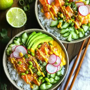 - 1 cup sushi rice - 1 1/4 cups water - 2 tablespoons rice vinegar - 1 tablespoon sugar - 1 teaspoon salt - 8 oz sushi-grade salmon, diced - 1 avocado, sliced - 1 cucumber, julienned - 1/2 cup edamame, shelled - 2 radishes, thinly sliced - 1 tablespoon sesame seeds - 2 green onions, chopped - Soy sauce, for drizzling - Spicy mayo (2 tablespoons mayo mixed with 1 teaspoon sriracha), for drizzling - Nori sheets, cut into strips (optional) You can add a few extras to boost flavor and texture. Try pickled ginger on the side. It adds a nice zing. You can also use wasabi for a spicy kick. Fresh herbs like cilantro can brighten the dish. Add a splash of lime juice for a zesty touch. These options will give your sushi bowls a personal twist. To make these sushi bowls, you need some basic tools. Use a medium pot to cook the rice. A mixing bowl helps combine the rice and vinegar mix. A sharp knife is key for cutting the salmon and veggies. Use a cutting board to keep your space clean. Finally, have serving bowls ready for that beautiful presentation. With these tools, you will create a delightful meal in no time! First, rinse the sushi rice under cold water. This helps remove extra starch. Keep rinsing until the water is clear. After rinsing, drain the rice well. In a medium pot, combine the rinsed rice and 1 1/4 cups of water. Bring this to a boil over medium heat. Then, lower the heat, cover the pot, and simmer for 15 minutes. Do not lift the lid while it cooks. Once the time is up, remove the pot from heat. Let it sit for another 10 minutes to steam. In a small bowl, mix 2 tablespoons of rice vinegar, 1 tablespoon of sugar, and 1 teaspoon of salt. Stir until the sugar and salt dissolve. Gently fold this mixture into the cooked rice. This adds a delicious flavor. Allow the rice to cool to room temperature before using it in your bowls. Start by placing a scoop of sushi rice at the bottom of each bowl. Next, artfully arrange the following toppings: - 8 oz sushi-grade salmon, diced - 1 avocado, sliced - 1 cucumber, julienned - 1/2 cup edamame, shelled - 2 radishes, thinly sliced Sprinkle sesame seeds and chopped green onions on top for garnish. Drizzle some soy sauce and spicy mayo to enhance the taste. If you like, add nori strips for extra texture. Enjoy your vibrant and tasty salmon sushi bowl! To get the best sushi rice, start by rinsing it. Rinse the rice under cold water until the water runs clear. This step removes excess starch. After rinsing, drain the rice well. Cook the rice in a pot with the right water ratio. Use 1 1/4 cups of water for each cup of rice. Bring it to a boil, then cover and lower the heat. Let it cook on low for 15 minutes without lifting the lid. After that, let it sit covered for 10 more minutes. This steaming helps the rice become fluffy and sticky. When cutting salmon, use a sharp knife. This helps you get clean, even cuts. Dice the salmon into bite-sized cubes. If you want more flavor, season it with a bit of soy sauce. For vegetables, julienne the cucumber into thin strips. Slice the radishes and avocado carefully. Keep the avocado slices thick for a nice texture. This way, each bite includes a mix of flavors and textures. To make your sushi bowl look great, start with the rice as the base. Use a scoop of sushi rice in the center of the bowl. Place the salmon, avocado, cucumber, edamame, and radishes on top. Arrange them in a colorful way. Sprinkle sesame seeds and chopped green onions for garnish. Drizzle soy sauce and spicy mayo on top for extra flavor. For a fun touch, add nori strips around the bowl. Use chopsticks resting on top for a nice touch. A slice of lime adds color and freshness. This makes your dish pop and looks great for photos! {{image_2}} You can swap salmon with other proteins. Tuna is a great choice. It has a mild taste that many love. Just like salmon, use sushi-grade tuna. For a plant-based option, try tofu. Firm tofu works best. Marinate it in soy sauce for flavor. Get creative with toppings! You can add fresh mango or pickled ginger. Seaweed salad brings a nice crunch. Try different veggies like bell peppers or carrots. You could even sprinkle some crunchy tempura bits on top. For vegan sushi bowls, use tofu or tempeh. Substitute fish with marinated veggies. Think of roasted sweet potatoes or avocado. You can also add nuts for protein. A drizzle of sesame oil can boost flavor. Enjoy the versatility of your bowl! To store leftover sushi bowls, first, let them cool. Place the sushi rice and toppings in separate containers. This keeps everything fresh. Store in the fridge for up to two days. Use airtight containers to prevent drying out. If you need to reheat sushi rice, add a few drops of water. Place the rice in a covered bowl. Microwave it for about 30 seconds. Stir and check if it’s warm. Repeat if needed. This method helps keep the rice moist. To keep your ingredients fresh, store them separately. Wrap avocado in plastic to slow browning. Keep cucumber and radishes in a cool place. Use edamame and salmon within two days. Always check freshness before use. Proper storage makes a big difference in taste. You can use regular rice, but sushi rice works best. Sushi rice is sticky and holds together well. This stickiness makes it easier to form bowls. Regular rice may not give you the same texture. If you have sushi rice, use it for the best results. You can store sushi bowls in the fridge for up to two days. Keep them in an airtight container. However, the rice may lose its texture. The veggies may also wilt. For best taste, eat them fresh. Yes, it is safe to eat raw salmon if it is sushi-grade. Sushi-grade salmon comes from trusted sources. It undergoes strict safety checks. Always check for freshness and quality. If you're unsure, ask your fishmonger for advice. You learned how to create TikTok salmon sushi bowls from scratch. We covered key ingredients, essential tools, and easy steps to make it. You now know tips for perfect rice and cutting salmon. There are many options for variations, including vegan choices. Finally, I provided guidance on storing leftovers and answered common questions. Now, you can impress friends with delicious sushi bowls. Enjoy your cooking journey and have fun!