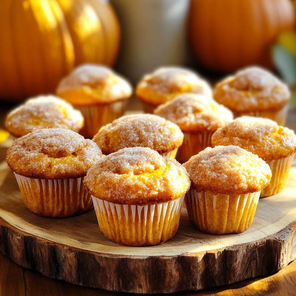 - 1 cup pumpkin puree - 1/2 cup granulated sugar - 1/4 cup brown sugar - 2 large eggs - 1/2 cup vegetable oil I love using pumpkin puree. It gives the muffins a soft texture and rich flavor. The sugars add sweetness and depth. Eggs help bind everything together while the oil keeps the muffins moist. - 1 teaspoon ground cinnamon - 1/2 teaspoon nutmeg - 1/4 teaspoon ginger - 1 teaspoon vanilla extract - 1/4 teaspoon salt Spices are key to the taste. Ground cinnamon gives warmth, while nutmeg and ginger add a nice kick. Vanilla extract rounds out the flavor. Don’t forget the salt, as it enhances all the other tastes. - 1/4 cup unsalted butter - 1/2 cup granulated sugar - 2 teaspoons ground cinnamon The coating is what makes these muffins extra special. Melted butter helps the sugar and cinnamon stick. This crunchy topping adds great flavor and texture to each bite. - Preheating the Oven Preheat your oven to 375°F (190°C). This step is key to making sure your muffins rise correctly and bake evenly. - Greasing or Lining the Muffin Tin Grease a standard muffin tin with non-stick spray. You can also line it with paper liners for easy removal. This helps your muffins pop out without sticking. - Combining Pumpkin Puree, Sugars, and Oil In a large bowl, combine 1 cup of pumpkin puree, 1/2 cup of granulated sugar, and 1/4 cup of brown sugar. Add 1/2 cup of vegetable oil. Mix well until everything blends together smoothly. - Incorporating Eggs and Vanilla Next, add 2 large eggs and 1 teaspoon of vanilla extract to the bowl. Stir until fully combined. This will add moisture and flavor to your muffins. - Whisking Dry Ingredients In a separate bowl, whisk together 1 1/2 cups of all-purpose flour, 1 teaspoon of baking powder, 1/2 teaspoon of baking soda, 1 teaspoon of ground cinnamon, 1/2 teaspoon of nutmeg, 1/4 teaspoon of ginger, and 1/4 teaspoon of salt. This blend gives your muffins a warm spice flavor. - Folding Dry into Wet Mixture Gradually fold the dry ingredients into the wet mixture. Be careful not to overmix. Stir until just combined. Overmixing can make the muffins tough. - Filling the Muffin Cups Use a scoop or spoon to fill each muffin cup about 2/3 full with the batter. This allows room for the muffins to rise while baking. - Baking Time and Testing for Doneness Bake in the preheated oven for 18-20 minutes. To check if they are done, insert a toothpick into the center. It should come out clean if the muffins are ready. - Mixing Sugar and Cinnamon While the muffins bake, mix 1/2 cup of granulated sugar with 2 teaspoons of ground cinnamon in a small bowl. This will create a sweet, spicy topping. - Coating the Muffins After Baking Once the muffins are done, take them out and let them cool in the pan for about 5 minutes. Dip the tops of the warm muffins into melted unsalted butter. Then roll them in the cinnamon sugar mixture until well coated. This adds a delicious crunch and sweetness to each bite. - Avoiding Overmixing: Mix the wet and dry ingredients until just combined. This keeps the muffins light and fluffy. If you overmix, the muffins can become tough. - Testing Muffins for Doneness: To check if the muffins are done, insert a toothpick into the center. If it comes out clean, they are ready. If it has batter on it, bake them a few more minutes. - Adding Chocolate Chips or Nuts: You can stir in 1/2 cup of chocolate chips or chopped nuts. This adds a nice texture and flavor. Choose what you like best! - Adjusting Spices for Personal Preference: Feel free to change the spices. If you love cinnamon, add more. If nutmeg is your favorite, increase that too. Tailor it to suit your taste! - Arranging Muffins for Serving: Place the muffins on a pretty plate. You can stack them or arrange them in a circle. This makes them look inviting. - Garnishing Suggestions: For a fun touch, sprinkle powdered sugar on top. You can also add a cinnamon stick next to the muffins for a cozy look. Serve with apple cider or coffee for a perfect treat! {{image_2}} Gluten-Free Options You can use a gluten-free flour blend. Choose one that has a good mix of flours. Look for blends with rice flour, tapioca flour, and potato starch. These will help keep the muffins light and fluffy. Whole Wheat Flour Substitution You can swap all-purpose flour for whole wheat flour. Use a 1:1 ratio. Whole wheat flour adds fiber and a nutty taste. Your muffins will be heartier and still delicious. Using Maple Syrup or Honey You can replace granulated sugar with maple syrup or honey. Use 3/4 cup of maple syrup for every cup of sugar. This change adds a rich flavor. It may make your batter a bit wetter, so reduce other liquids slightly. Reducing Sugar Content You can cut down on the sugar if you want. Try using half the amount of sugar. You can also add extra spices for flavor. Cinnamon or nutmeg can enhance the taste without added sweetness. Mini Muffins vs Regular Size You can make mini muffins instead of regular ones. Fill mini muffin tins about halfway. Bake them for about 10-12 minutes. They will be cute and perfect for snacks. Adjustments in Baking Time Baking times will change based on muffin size. Regular muffins take 18-20 minutes. Mini muffins will bake faster, so check them early. Use a toothpick to test for doneness. - Room Temperature Storage: Store the muffins in an airtight container. Keep them at room temperature for up to three days. This keeps them fresh and tasty. - Refrigeration Tips: If you want to keep them longer, put them in the fridge. They can last up to a week. Just remember to wrap them well to prevent drying out. - Freezing Process: To freeze, let the muffins cool completely. Then, wrap each muffin in plastic wrap. Place them in a freezer bag or container. This keeps them fresh for up to three months. - Thawing and Reheating Instructions: When you're ready to eat, take a muffin out. Let it thaw at room temperature for about 30 minutes. You can also reheat them in the microwave for about 15 to 20 seconds. Enjoy them warm for the best taste! Can I use fresh pumpkin instead of puree? Yes, you can use fresh pumpkin. Just cook it until soft, then mash it well. This may change the texture a bit, but it will still taste great. How long do these muffins last? These muffins last about 2 to 3 days at room temperature. Store them in an airtight container to keep them fresh. Can I substitute oil with applesauce? Yes, you can swap oil for applesauce. This makes the muffins a bit lighter and adds moisture. Why are my muffins dry? Muffins can turn dry for a few reasons. Overmixing the batter or baking too long can cause dryness. Always mix just until combined and test for doneness a bit early. What to do if muffins sink in the middle? If muffins sink, it may be due to too much liquid or not enough baking powder. Ensure your measurements are correct and check your leavening agents. Can I make a pumpkin bread instead? Yes, you can turn this muffin recipe into bread. Just pour the batter into a loaf pan and bake for about 50-60 minutes. Keep an eye on it for doneness. How to adjust baking time for different sizes? For mini muffins, bake for about 12-15 minutes. For larger muffins, increase the time by a few minutes. Always check with a toothpick to see if they are done. Making delicious muffins is simple with the right ingredients and steps. We explored the essential ingredients, like pumpkin puree and spices, and detailed how to mix and bake. You learned tips to enhance flavor and create different sizes. Storing your muffins properly keeps them fresh and tasty for longer. Remember, feel free to tweak this recipe to make it your own. Enjoy baking and sharing your tasty treats!