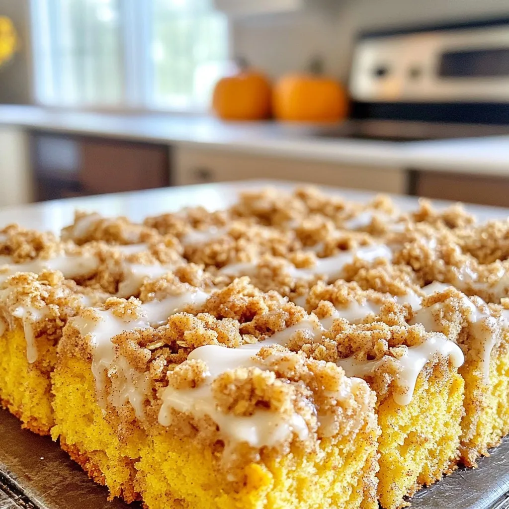 - 2 cups all-purpose flour - 1 cup granulated sugar - 1 tablespoon baking powder - 1 teaspoon baking soda - 1 teaspoon ground cinnamon - ½ teaspoon ground nutmeg - ½ teaspoon salt - 1 cup canned pumpkin puree - ½ cup vegetable oil - 2 large eggs - 1 teaspoon vanilla extract - ½ cup brown sugar, packed - ½ cup rolled oats - ¼ cup all-purpose flour - 1 teaspoon ground cinnamon - ¼ cup unsalted butter, melted - ½ cup chopped walnuts or pecans (optional) Gather these ingredients before starting. The dry ingredients build the cake's base. The wet ingredients add moisture and flavor. The streusel topping gives a nice crunch. Make sure to have everything ready. This way, you can enjoy the process without rushing. Each ingredient adds to the warm, cozy flavor of fall. The pumpkin gives a rich taste, while the spices add a lovely aroma. If you like nuts, they add a nice texture to the topping. Prepare to dive into this delightful recipe! - Preheat your oven to 350°F (175°C). Grease and flour a 9x13 inch baking dish. - In a large bowl, whisk together: - 2 cups all-purpose flour - 1 cup granulated sugar - 1 tablespoon baking powder - 1 teaspoon baking soda - 1 teaspoon ground cinnamon - ½ teaspoon ground nutmeg - ½ teaspoon salt - In a separate bowl, mix: - 1 cup canned pumpkin puree - ½ cup vegetable oil - 2 large eggs - 1 teaspoon vanilla extract until smooth. - Slowly add the wet mixture to the dry mixture. Mix just until combined. - Pour the batter into the prepared baking dish. Spread it evenly with a spatula. - In a new bowl, mix: - ½ cup brown sugar, packed - ½ cup rolled oats - ¼ cup all-purpose flour - 1 teaspoon ground cinnamon - ¼ cup unsalted butter, melted - If you want, fold in: - ½ cup chopped walnuts or pecans. - Evenly sprinkle the streusel mixture over the batter. - Bake in the preheated oven for 30-35 minutes. Check doneness by inserting a toothpick. It should come out clean. - Let the cake cool in the pan for about 10 minutes. Then, transfer it to a wire rack to cool completely. How to avoid overmixing Overmixing can make your cake tough. Mix the wet and dry ingredients just until they blend. Stop as soon as you no longer see dry flour. This helps keep the cake light and fluffy. Testing for doneness To check if your cake is done, use a toothpick. Insert it in the center. If it comes out clean, your cake is ready. If it has batter on it, bake for a few more minutes. Serving suggestions Cut the coffee cake into squares. Serve warm or at room temperature. It looks lovely on a nice plate. You can also sprinkle it with extra cinnamon for a warm touch. Adding icing or whipped cream For a sweet finish, drizzle a simple icing over the cake. Mix powdered sugar with water to get a nice glaze. You can also serve it with whipped cream on the side. This adds creaminess and flavor. Adjusting spices for personal taste Feel free to change the spices to suit your taste. If you love cinnamon, add a bit more. If nutmeg isn’t your thing, leave it out. This cake is your canvas, so make it yours! Incorporating additional ingredients Want to add a twist? Stir in chocolate chips or chopped apples for extra flavor. You can also add nuts for crunch. They add great texture and taste to the cake. {{image_2}} You can change the flavors of this coffee cake to suit your taste. One fun idea is to use sweet potato puree instead of pumpkin. Sweet potato gives your cake a nice, sweet flavor. It also keeps the cake moist. You can even mix the two for a unique taste. Another option is to add chocolate or nuts. Chocolate chips bring a rich flavor that pairs well with pumpkin. Nuts like walnuts or pecans add a nice crunch. Just fold them into the batter or sprinkle them on top of the streusel. If you need gluten-free options, you can swap the all-purpose flour for a gluten-free blend. Many blends work well in this recipe. Just make sure it has a good balance of starches and proteins. Your cake will still be fluffy and tasty. For vegan adaptations, you can replace the eggs with flax eggs. Mix one tablespoon of ground flaxseed with three tablespoons of water for each egg. Let it sit for a few minutes to thicken. You can also use applesauce as a substitute for oil. This keeps your cake moist and adds a bit of natural sweetness. Using fresh pumpkin instead of canned can add a fresh taste. Roast your pumpkin until it's soft, then mash it to use in the recipe. This can give your coffee cake a nice, vibrant flavor. You can also add holiday-inspired ingredients like cranberries. They provide a tart contrast to the sweet cake. Adding a cup of fresh or dried cranberries to the batter can brighten your coffee cake for special occasions. To keep your pumpkin streusel coffee cake fresh, store it in an airtight container. This helps keep the moisture in and prevents it from drying out. You can also cover the cake with plastic wrap. If you have leftovers, keep them at room temperature for about three days. For long-term storage, you can freeze the coffee cake. First, let it cool completely. Then, wrap it tightly in plastic wrap and foil. This will prevent freezer burn. You can freeze it for up to three months. When you are ready to enjoy it, thaw it overnight in the fridge. Reheat slices in the microwave for about 15-20 seconds or in an oven at 350°F for 10 minutes. At room temperature, the cake lasts about three days. In the fridge, it can last up to a week. Always check for any signs of spoilage before eating the cake after a few days. Keeping it stored properly ensures you enjoy every flavorful bite of this cozy fall treat! Can I use fresh pumpkin instead of canned? Yes, you can use fresh pumpkin. Just cook and puree it first. This adds a fresh taste and can enhance flavor. What can I substitute for eggs? You can use applesauce, mashed bananas, or flaxseed meal mixed with water. Each option works well and keeps the cake moist. How can I make it less sweet? To cut down on sweetness, use less sugar in the batter. You can also leave out some streusel topping. Why is my cake too dense? A dense cake may come from overmixing the batter. Mix just until combined for a lighter texture. What do I do if my streusel topping is too crumbly? If it crumbles too much, add a little melted butter. This helps bind the ingredients together better. Pairing this cake with drinks This cake pairs well with coffee or chai tea. Their warmth complements the spices in the cake. Best accompaniments for serving Serve the cake with a dollop of whipped cream or a light drizzle of icing. This adds a nice touch and extra flavor. This cake blends spices, pumpkin, and streusel for a delightful treat. You now know how to mix dry and wet ingredients, prepare a perfect batter, and bake it to perfection. Remember to try the tips for flavor and presentation, too. With various storage options and creative variations, your cake will shine on any table. Enjoy creating a delicious experience for yourself and others. Happy baking!