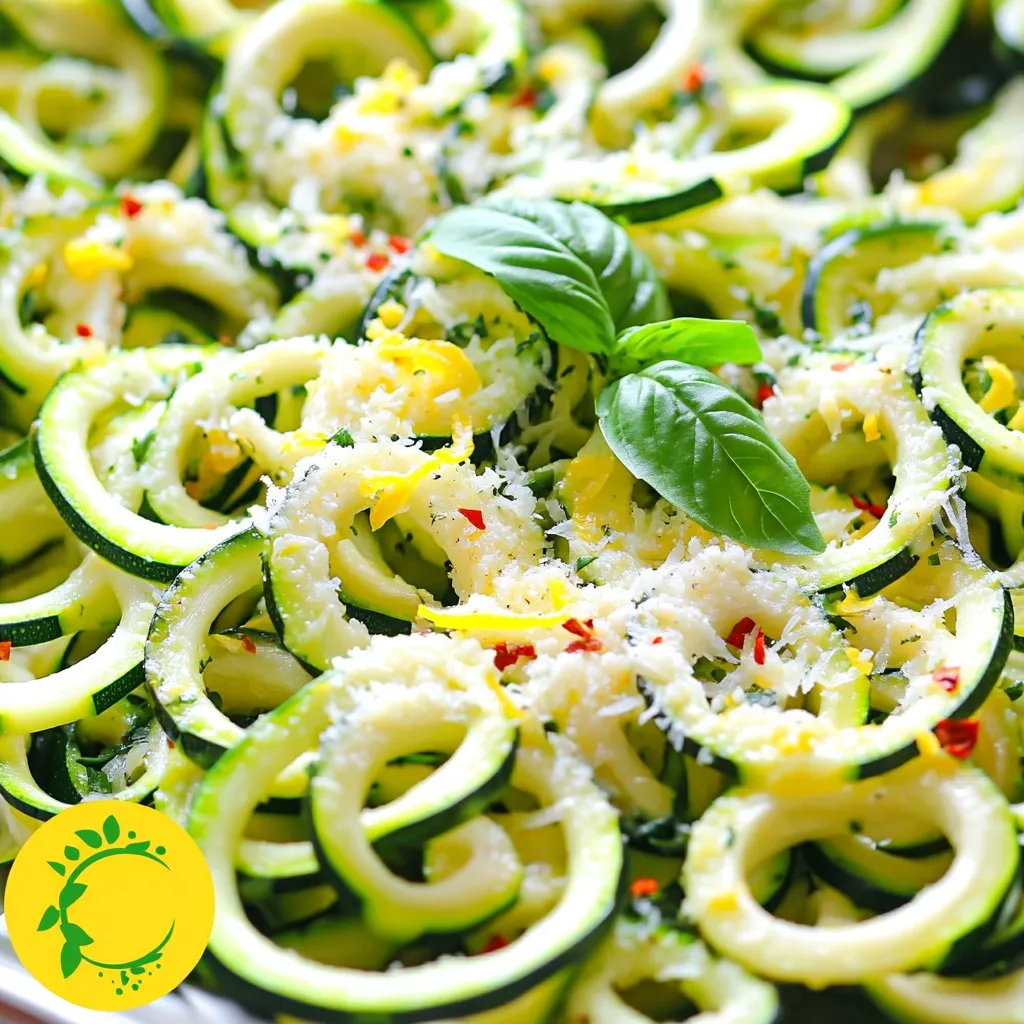 - Zucchinis: Use 4 medium zucchinis, spiralized into noodles. This gives a nice texture. - Olive oil: Measure 2 tablespoons of extra virgin olive oil for flavor. - Garlic: Use 2 cloves of fresh garlic, minced. Fresh garlic gives the best taste. - Lemon: The zest of 1 large lemon is key. It adds a bright flavor. Use 3 tablespoons of fresh lemon juice for zest. - Parmesan cheese: Use ½ cup of grated Parmesan cheese. Grated cheese melts well. - Red pepper flakes: Add ¼ teaspoon for some heat, if you like it spicy. - Seasoning: Adjust salt and pepper to your taste. This enhances all the flavors. - Garnish: Fresh basil leaves add color and a fresh touch. To start, pick the right tool for spiralizing. A spiralizer is best, but a vegetable peeler works too. To make ribbons, simply peel the zucchini into thin strips. This method gives a nice texture. Look for firm zucchinis without soft spots. Wash them well before using. Trim off the ends before spiralizing. Heat your skillet to medium heat. Add olive oil and let it warm up. Once hot, toss in minced garlic. Sauté for about 1-2 minutes. Watch closely so the garlic doesn’t burn. Burnt garlic tastes bitter and ruins the dish. You want it to be fragrant and slightly golden. Add your zucchini noodles to the skillet with the garlic. Stir gently to mix them with the oil. Cook for about 2-3 minutes. You want them just tender but still firm, which is called al dente. Overcooking makes them mushy, so keep an eye on them! Once your noodles are ready, it’s time to mix in the flavors. Add lemon zest and lemon juice. If you like a kick, sprinkle in red pepper flakes. Season with salt and pepper to taste. Stir well to blend everything. This step is key for bright, fresh flavors. Now, remove the skillet from heat. Sprinkle grated Parmesan over the noodles. Toss gently to mix; the heat will melt the cheese just right. For a nice touch, plate the noodles right away. Garnish with fresh basil leaves. You can serve them hot or at room temperature. Both options taste great! To make your cooking fast and fun, here are some tools I love: - Spiralizer: This tool makes perfect zucchini noodles. - Vegetable peeler: Use it if you don’t have a spiralizer. - Large skillet: Use it for sautéing garlic and zucchini together. If you want to swap ingredients, there are easy ways to keep flavors strong: - Olive oil: Use any light oil if you run out. - Parmesan cheese: Try a mix of nutritional yeast for a vegan option. - Lemon juice: Swap with lime juice for a different zing. Let’s make your dish pop with more herbs and spices: - Basil: Fresh basil adds a sweet touch. - Oregano: This herb brings warmth to the dish. - Red pepper flakes: If you like spice, keep this in! To make it vegan or dairy-free, use these tips: - Nutritional yeast: It gives a cheesy flavor without dairy. - Coconut cream: Use it for a rich, creamy texture. Pair your zucchini noodles with tasty proteins or sides: - Shrimp: Grilled shrimp adds a savory touch. - Chicken: Grilled chicken works well for heartiness. - Tofu: Stir-fried tofu is a great plant-based option. Think about when to serve this dish: - Lunch: A light meal on a hot day. - Dinner: Perfect for a quick, healthy dinner. - Parties: A fun dish to impress your friends. {{image_2}} You can add protein to your Minute Lemon Parmesan Zucchini Noodles easily. Shrimp, chicken, or tofu all work well. For shrimp, sauté them in the same pan with garlic until they turn pink. For chicken, cook bite-sized pieces until they are golden. If using tofu, cube it and sauté until it's crisp. Each protein option gives a different taste and texture, making your dish more filling. Seasonal veggies add color and nutrients. You can add bell peppers, cherry tomatoes, or spinach. Chop them up and toss them in while cooking the zucchini noodles. This way, they blend well with the dish. Each veggie contributes its flavor, making your meal even tastier. Want a new flavor? Try using lime or orange juice instead of lemon. These citrus fruits add a fresh twist. You can also switch up the cheese. Feta or goat cheese can give a creamier texture and a unique taste. Choose what you like best to make this dish your own! To keep your zucchini noodles fresh, follow these tips. Store them in an airtight container. This prevents moisture and keeps them from wilting. You can also place a paper towel in the container. It will absorb extra moisture. When reheating, use a skillet over medium heat. Add a little olive oil to keep them from sticking. Stir gently for about 2-3 minutes until warmed. This method helps them keep their texture. Can you freeze zucchini noodles? Yes, you can! Freezing is a great option for longer storage. Start by blanching the noodles briefly in boiling water. This step helps maintain their color and texture. After blanching, cool them in ice water. Then, drain and pat them dry. Use freezer-safe bags or containers to store them. Remove as much air as possible to prevent freezer burn. How long do leftovers last in the fridge? Properly stored, they can last about 2-3 days. Always check for signs of spoilage before eating. Look for any discoloration or a slimy texture. If the noodles smell off, it's best to discard them. Enjoy the fresh taste of your Minute Lemon Parmesan Zucchini Noodles while they are at their best! You can easily make zucchini noodles without a spiralizer. Use a vegetable peeler to create long ribbons. Another option is to use a box grater. Simply grate the zucchini lengthwise for thinner noodles. Both methods work well and give you a nice texture. Yes, you can make these noodles ahead of time. You can spiralize the zucchinis and store them in the fridge for up to two days. This keeps them fresh and ready to cook. Just sauté them right before serving to keep them crisp and tasty. If you need a substitute for Parmesan, try nutritional yeast for a dairy-free option. It adds a similar cheesy flavor. You can also use a lower-fat cheese like part-skim mozzarella. This option melts well and keeps the dish light and healthy. Yes, zucchini noodles are naturally gluten-free. Zucchini is a vegetable, so it contains no gluten. This makes them a great choice for those who are gluten-sensitive or follow a gluten-free diet. You can enjoy them without worry. To avoid soggy noodles, cook them quickly. Sauté them for just 2-3 minutes. This keeps them al dente. Also, don’t add too much salt before cooking. Salt draws out moisture, which can make them mushy. Drain excess water before adding your sauce. This blog post covered everything you need to make delicious zucchini noodles. We discussed the right ingredients, from fresh zucchinis to flavorful garlic and lemon zest. I shared step-by-step instructions for cooking, mixing flavors, and presenting your dish. Plus, I included helpful tips, tricks, and variations to keep your meals exciting. Remember, zucchini noodles can fit any diet and are easy to customize. Explore your creativity in the kitchen, and enjoy this healthy twist on pasta!