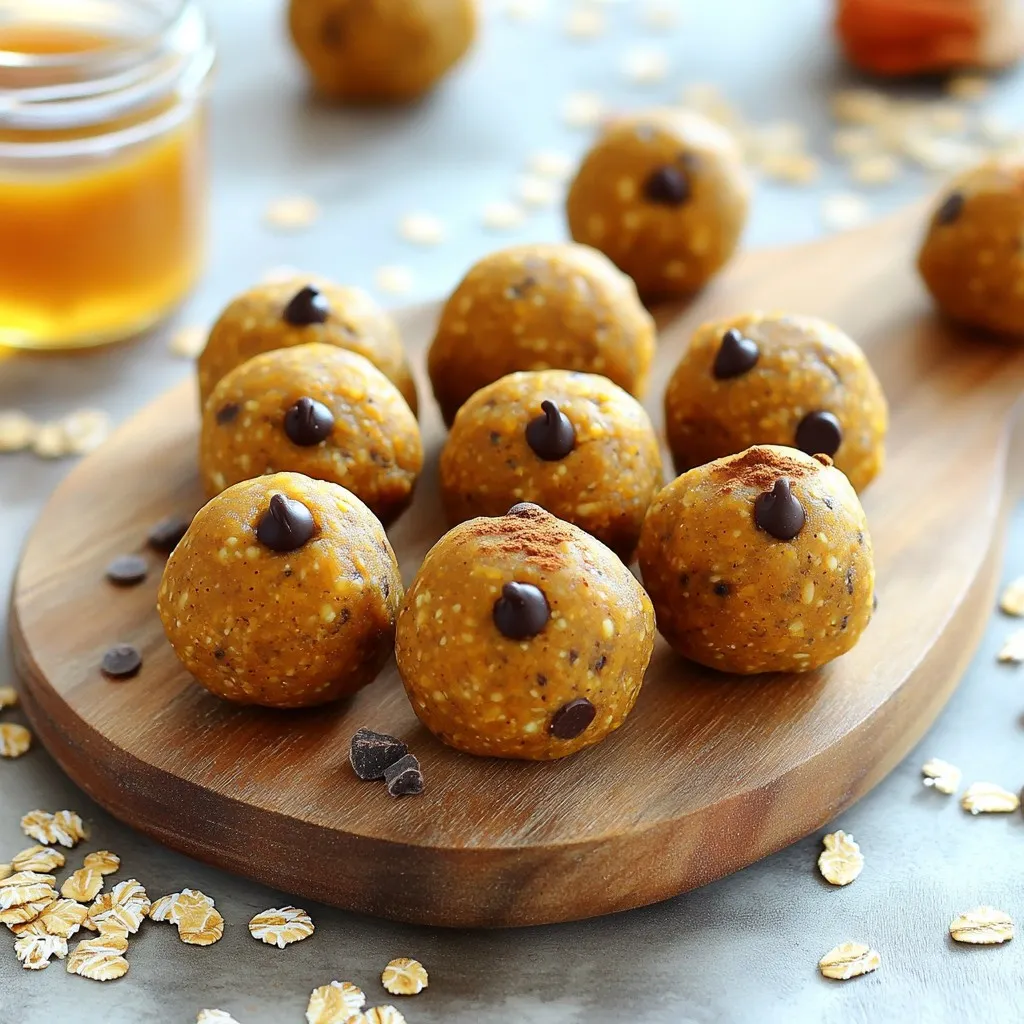 - 1 cup rolled oats Rolled oats give these bites a hearty base. They are rich in fiber and provide energy. - 1/2 cup almond butter or peanut butter You can use almond butter for a nutty taste. Peanut butter works well too. - 1/4 cup honey or maple syrup Honey adds sweetness and binds the mix. Maple syrup gives a nice flavor twist. - 1 cup canned pumpkin puree Use pure pumpkin puree, not the pie filling. This adds moisture and pumpkin flavor. - 1 tablespoon vanilla extract Vanilla extract enhances the overall taste. It adds a warm, sweet aroma. - 2 teaspoons pumpkin pie spice This spice blend gives that fall flavor. It usually has cinnamon, nutmeg, and ginger. - 1/2 teaspoon espresso powder (optional) Espresso powder boosts the coffee flavor. It is optional, but I love the extra kick. - 1/4 cup mini dark chocolate chips or raisins Dark chocolate chips add sweetness and richness. Raisins can be a healthier choice. - A pinch of salt Salt balances the sweetness. Just a pinch makes a big difference. Using these ingredients, you can create a delicious and nutritious snack. Each bite is packed with flavor and energy. These bites are easy to make and perfect for a quick snack or breakfast on the go! 1. Mixing the base ingredients: Start with a large mixing bowl. Add 1 cup of rolled oats, 1/2 cup of almond or peanut butter, 1/4 cup of honey or maple syrup, and 1 cup of canned pumpkin puree. Mix until everything is smooth and well combined. This gives your energy bites a tasty and nutritious base. 2. Adding spices and flavorings: Next, stir in 1 tablespoon of vanilla extract and 2 teaspoons of pumpkin pie spice. If you want a coffee kick, add 1/2 teaspoon of espresso powder. Don’t forget a pinch of salt to enhance the flavors. Mix until all these ingredients are fully combined. 3. Forming the energy bites: Now, fold in 1/4 cup of mini dark chocolate chips or raisins. This adds a sweet touch. With clean hands, shape the mixture into small balls, about 1 inch in diameter. Place these on a parchment-lined baking sheet. This step is fun and lets you create bites that are just the right size for snacking. 1. Recommended chilling time: Place the baking sheet in the refrigerator. Chill the energy bites for at least 30 minutes. This helps them firm up and hold their shape. 2. Proper storage methods: After chilling, you can store the energy bites in an airtight container. Keep them in the fridge for up to one week. This way, you can enjoy a quick snack or breakfast whenever you want! To boost flavor, you may swap almond butter for peanut butter. Both options work well. If you want a nut-free choice, try sunflower seed butter. It gives a nice taste too. For sweeteners, you can use honey or maple syrup. Both add a rich, sweet touch. If you want less sugar, try mashed banana or dates. They give natural sweetness and flavor. To get the right consistency, mix your ingredients well. If the mixture feels too dry, add a bit more nut butter or sweetener. If it's too wet, add more oats. Aim for a thick, moldable mixture. When shaping the bites, use clean hands. This keeps things tidy. Roll about one inch in diameter. If they stick to your hands, dampen your palms slightly. This helps the mixture glide smoothly. {{image_2}} You can easily change the flavor of your pumpkin spice latte energy bites. A simple way is by altering the spices. Instead of pumpkin pie spice, try cinnamon or nutmeg for a new taste. You could also add a dash of ginger for an extra zing. This gives you seasonal twists and keeps things exciting. If you want to pack in more protein, consider adding protein powder. Just mix in 1-2 scoops when you blend the other ingredients. This addition boosts the bites, making them even more filling. Choose your favorite protein flavor; vanilla or chocolate works great! You can adapt these bites to fit many diets. For a vegan version, swap honey for maple syrup. You can also use almond butter or any nut butter that meets your needs. This keeps the bites sweet and healthy. If you need gluten-free options, rolled oats are typically safe. Just ensure they are labeled gluten-free. This way, you can enjoy these bites without worry. The energy bites remain tasty and nutritious for everyone! To keep your Pumpkin Spice Latte Energy Bites fresh, store them in an airtight container. This helps prevent moisture and keeps them tasty. I recommend using glass containers or sturdy plastic ones. Both work well! You can store these bites in the refrigerator or freezer. If you want them to last longer, the freezer is the best choice. Just make sure to wrap them well to avoid freezer burn. These energy bites stay fresh for about one week in the refrigerator. If you freeze them, they can last for up to three months. When you're ready to eat, just thaw them in the fridge overnight. Enjoy them as a quick snack or breakfast on the go! How long do pumpkin spice latte energy bites last? These bites stay fresh for about one week. Store them in an airtight container in the fridge. This keeps them tasty and safe to eat. Can I use fresh pumpkin instead of canned? Yes, you can use fresh pumpkin. Just cook and mash it first. Canned pumpkin is easier and saves time. Both options work well in this recipe. Are these energy bites suitable for kids? Absolutely! Kids love these bites for their taste. They are packed with healthy ingredients. Plus, they make a great snack or treat. Caloric content per serving Each energy bite has about 100 calories. This makes them a great option for a quick snack. They give you energy without too many calories. Key health benefits of ingredients - Rolled oats: Good for digestion and full of fiber. - Almond butter: Offers healthy fats and protein. - Pumpkin puree: Rich in vitamins A and C. - Honey or maple syrup: Natural sweeteners that provide quick energy. - Pumpkin pie spice: Contains spices that may boost health. - Dark chocolate chips: Add antioxidants and a delicious taste. These ingredients work together to create a snack that is both tasty and nutritious. This post covered how to make tasty pumpkin spice latte energy bites. We shared a list of key ingredients like oats and almond butter. You learned step-by-step instructions for mixing and shaping them. Plus, we discussed tips for flavor and texture. There are fun variations to try, too! Store these bites properly for peak freshness. Remember, they’re easy to make and great for kids. Enjoy these bites as a quick snack or a boost during your day. They combine nutrition and flavor in every bite!