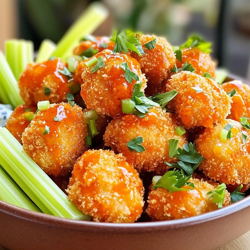 - 1 pound chicken breast, cut into bite-sized pieces - 1 cup breadcrumbs (panko for extra crunch) - 1/2 cup all-purpose flour - 2 large eggs - 1 teaspoon garlic powder - 1 teaspoon onion powder - 1/2 teaspoon smoked paprika - Salt and pepper to taste - 1/2 cup buffalo sauce (adjust for spice preference) - 2 tablespoons olive oil When choosing chicken, look for fresh, plump pieces. The meat should have a pink color with no dark spots. Check for any unpleasant odor. For spices, choose whole or ground spices from a trusted brand. Fresh spices add more flavor. Ensure your garlic and onion powders smell strong. This shows they are fresh and effective. If you can't find panko breadcrumbs, regular breadcrumbs work fine. You can use whole wheat flour instead of all-purpose flour for a healthier option. If you want a gluten-free meal, use almond flour or gluten-free breadcrumbs. For the buffalo sauce, try a mild hot sauce if you prefer less heat. Start by cutting the chicken breast into bite-sized pieces. Aim for uniform sizes for even cooking. In a mixing bowl, combine 1/2 cup flour, 1 teaspoon garlic powder, 1 teaspoon onion powder, 1/2 teaspoon smoked paprika, salt, and pepper. Stir this mixture well. In another bowl, beat 2 large eggs until smooth. Place 1 cup of breadcrumbs on a plate. Using panko gives extra crunch. Set up your three bowls: flour mix, eggs, and breadcrumbs. Now, dip each chicken piece in the flour mix first. Make sure to coat it well. Next, dip it into the beaten eggs. Finally, roll it in the breadcrumbs for a nice layer. Place the coated chicken bites in a single layer in your air fryer basket. Avoid overcrowding. If needed, cook in batches. Lightly spray the chicken bites with 2 tablespoons of olive oil. This helps them get crispy. Air fry at 400°F (200°C) for 10-12 minutes. Flip them halfway through. They should be golden brown and fully cooked. To ensure each bite is crispy, don't skip the oil spray. After cooking, transfer the chicken bites to a bowl. Pour 1/2 cup of buffalo sauce over them. Toss gently to coat each piece evenly. For extra crispiness, return the bites to the air fryer for an additional 2-3 minutes. This will help the sauce stick and create a crispy layer. Enjoy these bites hot, garnished with chopped parsley and served with celery sticks and your choice of dip! One common mistake is skipping the flour. The flour helps the coating stick better. If you miss this step, your bites may not have the crispiness you want. Another mistake is overcrowding the air fryer. If you pile the chicken bites, they won’t cook evenly. Always leave space around each piece for air to flow. Finally, avoid using too little oil. A light spray of olive oil helps create that golden crunch. Too little oil can lead to a soggy texture. To get the best coating, use panko breadcrumbs. They add extra crunch that regular breadcrumbs can’t match. Make sure you coat each chicken piece well. First, dip it in the flour mix, then the egg, and finally the breadcrumbs. This triple layer gives your bites a crispy shell. Don’t forget to flip the chicken halfway through cooking. This step ensures both sides get crispy and brown. If you like mild flavors, reduce the buffalo sauce. Start with a quarter cup and taste before adding more. You can always add heat but can’t take it away. For spice lovers, add more garlic powder or smoked paprika. Both spices boost flavor without adding heat. You can also mix different hot sauces. Try a blend of buffalo sauce and a milder sauce for a unique taste. Adjust the spices to suit your taste buds! {{image_2}} You can switch up the flavor by using other sauces. Try honey mustard for a sweet twist. BBQ sauce adds a smoky flavor that many enjoy. You can also use teriyaki sauce for a fun Asian flair. Just coat the chicken bites in your chosen sauce before air frying. If you want to switch proteins, turkey works well. It has a similar taste and texture as chicken. Tofu is a great choice for a plant-based option. Just make sure to press the tofu well to remove excess water. Cut it into bite-sized pieces and coat just like you would chicken. Serving options can elevate your dish. Make sliders by placing the chicken bites on mini buns. Add some lettuce and a drizzle of ranch dressing for a fun meal. You can also toss the bites into a salad for a spicy crunch. Serve them with celery sticks and dipping sauces for a classic touch. To store leftover buffalo chicken bites, let them cool first. Once cool, place them in an airtight container. Make sure to store them in the fridge. They stay fresh for up to three days. This keeps the bites juicy and flavorful for later. For the best texture when reheating, use your air fryer. Preheat the air fryer to 350°F (175°C). Place the chicken bites in a single layer. Heat for about 5-7 minutes. This method keeps them crispy. You can also use an oven at 375°F (190°C) for about 10 minutes. Avoid the microwave, as it can make them soggy. To freeze buffalo chicken bites, cool them completely. Place them in a single layer on a baking sheet. Freeze for about one hour until firm. Then, transfer them to a freezer bag. They can stay frozen for up to three months. When you’re ready to enjoy, reheat them directly from the freezer in the air fryer. The best buffalo sauce depends on your taste. I like a classic Frank’s RedHot sauce. It has a good balance of heat and flavor. If you want more spice, try a hotter sauce like Crystal. For a milder option, look for a sweet buffalo sauce. Always check the label for ingredients. Some sauces have added sugars or preservatives. Yes, you can! Bake the chicken bites in the oven instead. Preheat your oven to 400°F (200°C). Place the coated bites on a baking sheet lined with parchment paper. Bake for 20-25 minutes, flipping halfway through. The bites will be crispy and golden, just like in the air fryer. To serve more people, you can double or triple the recipe. Simply increase the chicken and other ingredients. You may need to cook in batches if your air fryer is small. Keep the first batch warm in a low oven while you cook the rest. This way, everyone enjoys hot, fresh bites. You can make these bites gluten-free. Use gluten-free breadcrumbs and flour. Many brands offer good substitutes. For a low-carb option, replace breadcrumbs with crushed pork rinds or almond flour. This will keep the bites crispy without the carbs. Always check ingredient labels to ensure they fit your diet. This post covered how to make tasty Air Fryer Buffalo Chicken Bites. We looked at ingredients, cooking steps, and tips for best results. Remember to choose high-quality chicken and seasonings for great flavor. Variations let you get creative, and knowing how to store leftovers keeps them fresh. Enjoy trying new sauces and proteins for fun twists. Cooking can be simple and fun when you follow these tips. Now, get cooking and enjoy your buffalo chicken bites!