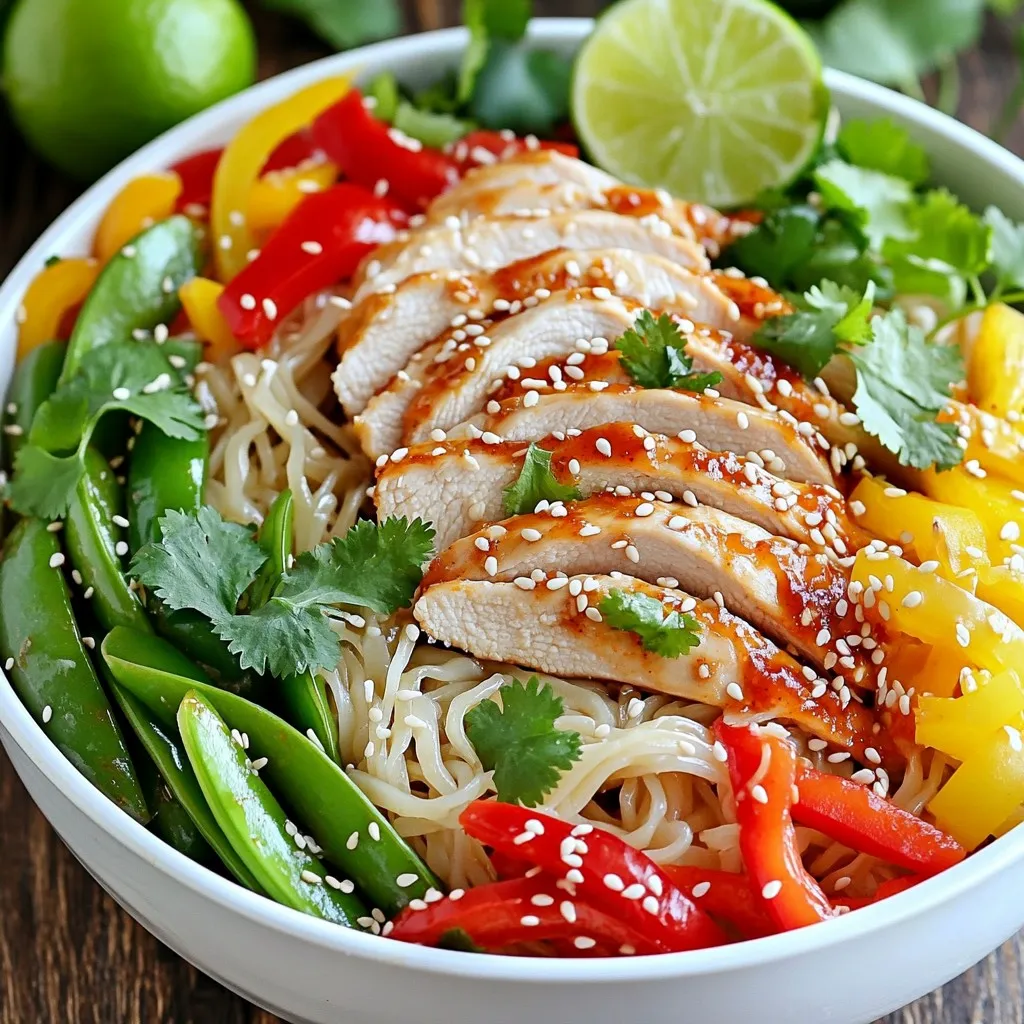 - 2 boneless, skinless chicken breasts, sliced thinly - 2 tablespoons sweet chili sauce - 200g rice noodles - 1 bell pepper (red or yellow), thinly sliced - 1 cup snap peas, trimmed - 2 green onions, chopped - Sesame seeds for garnish - Fresh cilantro for garnish - Lime wedges for serving - 1 tablespoon sesame oil - 1 tablespoon olive oil - 1 tablespoon soy sauce (low sodium) To make Sweet Chili Chicken Noodle Bowls, gather these fresh ingredients. The chicken breast gives a lean protein source. Sweet chili sauce adds a nice balance of heat and sweetness. Rice noodles are perfect for a quick and tasty base. Next, add vibrant vegetables. Bell peppers not only add color but also a crunchy texture. Snap peas bring a fresh, sweet crunch. Green onions give a nice onion flavor that enhances the dish. Now, let's talk about oils and seasonings. Sesame oil has a rich, nutty flavor that boosts the dish. Olive oil helps to sauté the veggies and chicken. Low-sodium soy sauce adds umami without too much salt. This mix of ingredients creates a delicious noodle bowl that is sure to impress! To marinate chicken well, combine sliced chicken with sweet chili sauce, soy sauce, and sesame oil in a bowl. Mix these ingredients until the chicken is fully coated. Let it sit for at least 15 minutes. This time helps the chicken soak up all the flavors and makes it juicy. Start by boiling water in a pot. Once the water boils, add the rice noodles. Cook them for about 3-4 minutes, following the package instructions. After cooking, drain the noodles and rinse them under cold water. Rinsing helps prevent stickiness, keeping your noodles nice and loose. In a large skillet or wok, heat olive oil over medium-high heat. Add sliced bell pepper and snap peas to the pan. Stir-fry these veggies for about 3-4 minutes. They should be bright and slightly tender. Remove them from the heat and set aside. Next, add the marinated chicken to the same skillet. Cook for about 5-7 minutes until the chicken is fully cooked and browned. Stir occasionally to ensure even cooking. Once the chicken is cooked, add the sautéed vegetables and the cooked rice noodles to the skillet. Toss everything together gently. Let it heat for about 2 minutes. This step ensures that all the flavors blend and everything is warm. After heating, turn off the heat and stir in chopped green onions. For the best taste, garnish with sesame seeds and fresh cilantro. Serve the noodle bowls hot, with lime wedges on the side. Squeeze lime over the dish to add a zesty kick. Enjoy your meal! To boost the taste of your Sweet Chili Chicken Noodle Bowls, think about adding spices. A pinch of garlic powder or ground ginger can bring warmth. You might also try crushed red pepper for a kick. Marinating is key. It allows the chicken to soak up the sweet chili sauce and soy sauce. Just 15 minutes makes a big difference. This time helps the flavors blend well into the meat. When using a skillet or wok, heat it well before adding oil. A hot pan helps to sear the chicken quickly, locking in its juices. This gives you a nice golden color. For stir-frying, keep the chicken and veggies moving. This way, they cook evenly and don’t stick to the pan. Stir-fry in small batches if needed. It keeps the heat high and the cooking fast. Prep your ingredients before you start cooking. Slice the chicken and veggies ahead of time. This makes cooking smoother and faster. Use quick cooking methods. Rice noodles cook in just a few minutes. While they boil, you can sauté the veggies. This helps you get the meal on the table in no time, even on busy nights. {{image_2}} You can easily switch up the protein in this dish. If you want a vegetarian version, tofu works great. Just cut firm tofu into cubes. Marinate it like the chicken. Cook it until golden and crispy. For a seafood twist, try shrimp. Simply sauté shrimp until they turn pink. You can also use beef strips. Cook them the same way as the chicken for a hearty meal. If you're gluten-free, you have options. Rice noodles are naturally gluten-free, but you can also use zucchini noodles. They add a fresh taste. If you want something different, try soba noodles made from buckwheat. They bring a nutty flavor that pairs well with sweet chili sauce. Get creative and explore these noodle options for a unique twist. Want to spice things up? Add chili flakes to the mix. Just a pinch can bring some heat. If you love different sauces, try adding teriyaki or hoisin sauce. Both add depth and richness. You can even mix in some peanut sauce for a creamy texture. Experiment with flavors to make this dish your own! To keep your sweet chili chicken noodle bowls fresh, store leftovers in an airtight container. This prevents air from spoiling the food. Use glass or BPA-free plastic containers for safe storage. These materials do not retain odors and keep flavors intact. When you want to enjoy the leftovers, the best way to reheat is on the stove. Place the noodles and chicken in a skillet over low heat. Add a splash of water or broth to keep it moist. Stir often to heat evenly. You can also use a microwave. Just cover the bowl with a damp paper towel to maintain moisture. In the fridge, your dish will last about three to four days. If you see any signs of spoilage, like an off smell or discoloration, do not eat it. Always trust your senses! If it looks or smells bad, it’s time to toss it. To make chicken tender, start with marinating. Marinate your chicken in sweet chili sauce, soy sauce, and sesame oil. Let it sit for at least 15 minutes. This lets the flavors soak in. You can also gently pound the chicken with a meat mallet. This breaks down the fibers and helps it cook evenly. Cooking at medium heat keeps the chicken juicy. Avoid overcooking, as that can make it tough. Yes, you can! If you want to switch it up, try other noodles. Udon, soba, or egg noodles work great. Even whole wheat pasta can be a good choice. Just follow the package instructions for cooking. Each type brings a new taste and texture. Experiment and see what you like best! Yes, you can make this dish gluten-free. Use gluten-free soy sauce or tamari instead of regular soy sauce. Also, look for gluten-free rice noodles. Many brands offer options that are safe for those avoiding gluten. Always check the labels to be sure. This way, everyone can enjoy the sweet chili chicken noodle bowls! You can prep this dish ahead of time. Marinate the chicken in advance and store it in the fridge. You can also cook the noodles and vegetables ahead. When ready to serve, just reheat everything in a skillet. This saves time on busy nights. Just make sure to keep everything in airtight containers to maintain freshness. To sum it up, this blog post gives you an easy way to make a tasty dish. You learned about key ingredients like chicken, sweet chili sauce, and rice noodles. I shared step-by-step cooking methods to ensure great flavor and texture. You can also explore variations, time-saving tips, and storage advice to keep your meal fresh. Enjoy making this dish, and feel free to get creative with your own twist! Happy cooking!