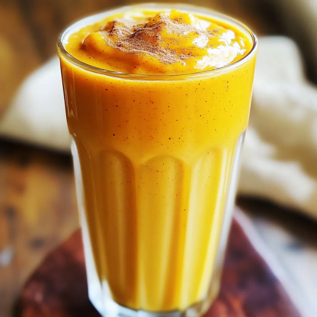 This Pumpkin Chai Smoothie with Oat Milk is simple and quick to make. Here is what you need: - 1 cup canned pumpkin puree - 1 cup oat milk - 1 ripe banana - 1 teaspoon chai spice mix - 1 tablespoon maple syrup - 1/2 teaspoon vanilla extract - 1 tablespoon chia seeds (optional) - Ice cubes Canned pumpkin puree gives the smoothie a rich, creamy base. Oat milk adds a nice, smooth texture. The ripe banana sweetens the drink naturally. Chai spice mix brings in warm flavors like cinnamon and ginger. Maple syrup adds more sweetness if you like. Vanilla extract enhances the taste. Chia seeds boost nutrition if you choose to use them. Lastly, ice cubes help chill the smoothie perfectly. Gather these ingredients to enjoy a healthy, tasty treat! To start, grab your blender. Add these ingredients: - 1 cup canned pumpkin puree - 1 cup oat milk - 1 ripe banana - 1 teaspoon chai spice mix - 1 tablespoon maple syrup - 1/2 teaspoon vanilla extract - 1 tablespoon chia seeds (optional) Once you have everything in the blender, toss in some ice cubes. This helps chill your smoothie. The amount of ice depends on how thick you want it. More ice makes it colder and thicker. Blend on high speed until everything is smooth. This may take about 30 seconds. If you notice chunks, it’s time to scrape down the sides. Use a spatula for this. It helps mix everything well. Blend again for a few more seconds. You want it creamy and free of lumps. Now, it’s time to taste your creation. This is important! If you want it sweeter, add more maple syrup. Blend again after adding it. This way, you can find the right balance that suits your taste. Enjoy the rich flavors of pumpkin and chai in your smoothie! When picking oat milk, look for brands without added sugars. I enjoy using unsweetened oat milk for a smooth taste. Brands like Oatly and Califia Farms are great choices. They both have a nice creaminess that blends well. If you want a richer flavor, try barista blends. They froth nicely and add a delightful texture. You can easily change the spice levels in this smoothie. If you love a strong flavor, add more chai spice. Start with one teaspoon and taste. If you want it spicier, add more cinnamon, ginger, or nutmeg. Each spice brings a unique taste, so mix and match to find your favorite blend. Fresh ingredients can make a big difference. Using a ripe banana adds natural sweetness. It also gives the smoothie a creamy texture. Fresh pumpkin can be used instead of canned. Just cook it until soft and blend it in. While canned pumpkin is convenient, fresh can add more flavor and nutrition. {{image_2}} If you want to swap out oat milk, you have great options. Almond milk works well and adds a nutty flavor. Coconut milk gives a creamy texture and a hint of sweetness. Soy milk is another choice, rich in protein and smooth. Each option changes the taste a bit, so try them all! Boost your smoothie by adding protein. You can use protein powder, like whey or plant-based. Nut butters are also tasty options. Try almond or peanut butter for creaminess and flavor. Just one tablespoon adds protein and healthy fats. This makes your smoothie more filling and nutritious. To make your smoothie even better, add seasonal flavors. A pinch of nutmeg gives warmth and spice. You can also blend in some cooked apple for sweetness. This adds a fun twist and brings out fall vibes. Each addition makes your smoothie unique and delicious. You can store the pumpkin chai smoothie in the fridge for up to two days. To keep it fresh, put it in an airtight container. This helps prevent it from absorbing other smells. Give it a good shake or stir before drinking, as ingredients may settle. If you want to save some for later, freezing works well. Pour the smoothie into ice cube trays or freezer-safe containers. Once frozen, you can blend the cubes later for a quick drink. To defrost, leave the container in the fridge overnight or blend it straight from the freezer with a bit of oat milk. Choose glass or BPA-free plastic containers for storage. Glass containers are great as they don’t stain or hold odors. Look for containers with tight seals to keep air out. This will help your smoothie last longer and taste fresh. Yes, you can use fresh pumpkin. Start by cooking the pumpkin until soft. Then, blend it into a smooth puree. Canned pumpkin is easier, but fresh can be fun and tasty. It may need extra spices to match the flavor. Absolutely! This smoothie is great for kids. It has a sweet taste from the banana and maple syrup. The chai spices add warmth without being too strong. Just be sure to adjust the sweetness if needed. To make it less sweet, reduce or skip the maple syrup. You can also use a smaller banana. If the flavor is still too sweet, add a bit more oat milk. This will balance the flavors nicely. Yes, you can prepare this smoothie ahead of time. Blend the ingredients and store it in the fridge. Use a sealed container for best results. Just give it a good shake before serving. For longer storage, you can freeze it in ice cube trays. Then blend when ready to drink. This blog post shows you how to make a tasty smoothie. We covered the key ingredients, like canned pumpkin and oat milk, and how to blend them right. You learned tips for adjusting sweetness and spice levels. We also shared ways to store leftovers and how to freeze for later use. These ideas help you enjoy a delicious drink anytime. Feel free to experiment with flavors and ingredients. Your perfect pumpkin smoothie awaits!