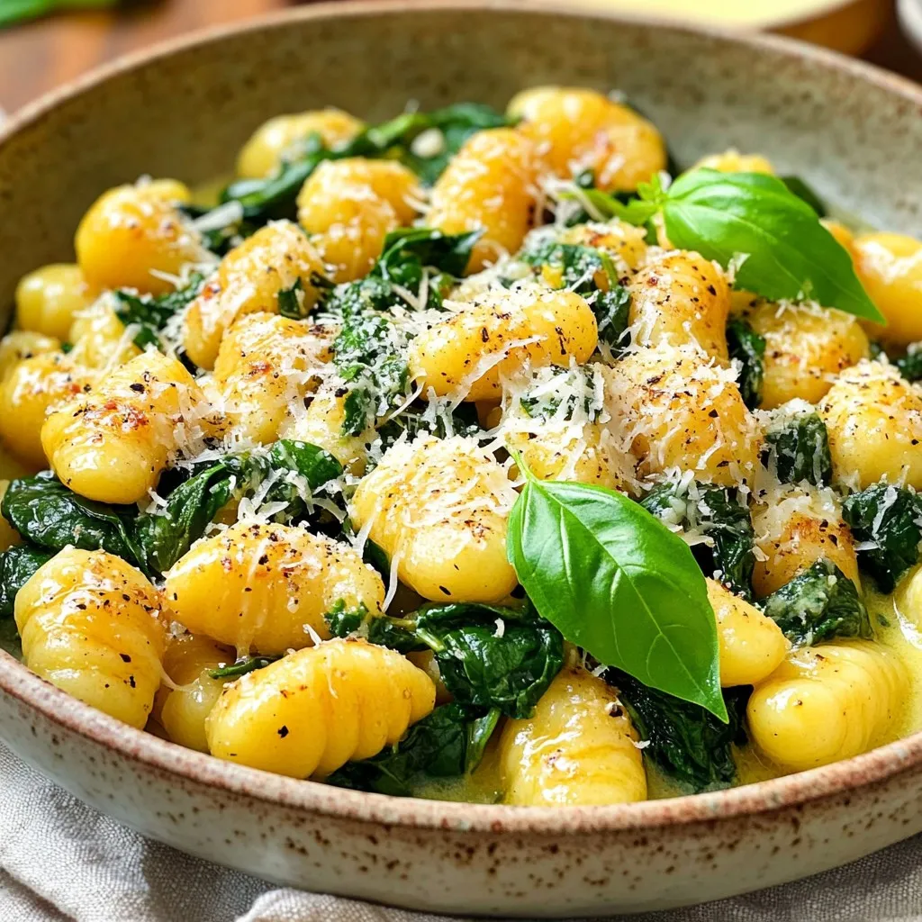 - 1 lb gnocchi (store-bought or homemade) - 4 tablespoons unsalted butter - 4 cloves garlic, minced - 5 oz fresh spinach - 1/2 teaspoon red chili flakes (optional) - Salt and black pepper to taste - 1/4 cup grated Parmesan cheese (for serving) - Fresh basil leaves for garnish Gather these ingredients before you start cooking. For the gnocchi, you can use store-bought or make your own. I often choose store-bought for ease, but homemade can bring a special touch. The butter and garlic form the base of the rich flavor. Fresh spinach adds color and nutrients, while the Parmesan cheese gives that final cheesy kick. The red chili flakes are optional, but they add a nice hint of heat. Adjust salt and pepper to your taste. Fresh basil leaves not only look great but also add a lovely aroma. This dish is simple yet packed with flavor, perfect for a quick weeknight meal or a cozy dinner. - Boil water and salt in a pot. - Add gnocchi until they float (2-3 mins). - Drain and set aside. To cook the gnocchi, fill a pot with water, adding a pinch of salt. Bring it to a boil. When the water bubbles, gently place the gnocchi in. It takes only 2 to 3 minutes for them to float. This means they are ready! Once they float, drain them well. You can set them aside while you make the garlic butter. - Melt butter over medium heat. - Add minced garlic and chili flakes. - Sauté until fragrant (1-2 mins). For the garlic butter, take a large skillet and melt the unsalted butter over medium heat. Once the butter melts and starts to bubble, add minced garlic and optional chili flakes. Stir it gently for about 1 to 2 minutes. You want the garlic to smell good but not turn brown. This step is where the magic happens, filling your kitchen with a lovely aroma. - Add cooked gnocchi to skillet. - Cook for another 2-3 mins for crispiness. - Stir in fresh spinach and wilt (1-2 mins). Now, it’s time to combine everything. Add the cooked gnocchi into the skillet with the garlic butter. Stir gently to coat them well. Cook for another 2 to 3 minutes. This makes the gnocchi crispy outside but soft inside. After that, toss in the fresh spinach. Stir until it wilts down, which takes about 1 to 2 minutes. This adds a pop of color and nutrients to your dish. To achieve the right texture for your gnocchi, cook them until they float. This usually takes about 2-3 minutes in boiling salted water. Don't leave them too long, or they may become mushy. Drain them gently to keep their shape. When adding spinach, remember to avoid overcooking it. Add the spinach right after the gnocchi. Stir it in for just 1-2 minutes. This keeps the bright green color and fresh taste. For a beautiful finish, use extra Parmesan cheese. Sprinkle it generously on top just before serving. It adds a rich flavor and looks great too. Drizzle some melted butter around the edges of the plate. This not only adds flavor but also enhances the dish's visual appeal. A couple of whole basil leaves can add a nice touch of color and freshness. {{image_2}} You can add proteins to your garlic butter gnocchi for a heartier meal. - Chicken: Sauté diced chicken breast in the garlic butter. Cook until golden brown. This adds a nice texture and flavor. - Shrimp: Toss in shrimp after cooking the garlic. Cook until they turn pink. Shrimp pairs beautifully with garlic and butter. - Tofu: For a vegetarian option, use firm tofu. Cube and sauté until crispy. This will give you a great protein boost without meat. Adding some extras can take your dish to the next level. - Sun-Dried Tomatoes: Chop them and stir in with the spinach. They add a sweet and tangy taste that contrasts well with the creamy butter. - Cheeses: Experiment with different cheeses. Try goat cheese for creaminess or mozzarella for a gooey texture. Each cheese brings its own unique flavor. These variations can make your garlic butter gnocchi with spinach more exciting and delicious! To keep your garlic butter gnocchi fresh, let them cool first. Place the gnocchi in an airtight container. This helps avoid moisture loss and keeps them tasty. You can store them in the fridge for up to three days. If you want to keep them longer, consider freezing them. Just make sure they are in a freezer-safe container. For best results, use them within three months. When you are ready to enjoy leftovers, you can reheat them safely. The best method is to use a skillet. Heat a small amount of butter or oil over medium heat. Add the gnocchi and stir gently. This keeps them crisp and flavorful. You can also use the microwave if you are in a hurry. Use a microwave-safe dish and cover it with a lid. Heat in short bursts, stirring in between. This will help maintain their texture and flavor. Yes, you can use homemade gnocchi. Making gnocchi from scratch is fun and rewarding. You need potatoes, flour, and an egg. First, boil the potatoes until soft. Peel and mash them. Then, mix in flour and the egg until you get a dough. Roll the dough into ropes and cut them into small pieces. Use a fork to shape them, creating that classic gnocchi look. Cook them just like store-bought gnocchi. They will float when ready. Fresh gnocchi has a light and fluffy texture that adds a personal touch to your dish. You can add many veggies to this dish. Try these options: - Cherry tomatoes for sweetness. - Zucchini for a fresh crunch. - Peas for color and flavor. - Mushrooms for an earthy taste. - Bell peppers for a pop of color. Just sauté them with the garlic in the butter. This keeps the flavors bright and fresh. Feel free to mix and match your favorites! Making this dish vegan is easy! Start by choosing vegan gnocchi. Many brands offer options without eggs. Replace the butter with olive oil or vegan butter. For a cheesy taste, use nutritional yeast instead of Parmesan. Add a squeeze of lemon juice for brightness. This keeps the dish rich and delicious. You can still enjoy all the tasty flavors while making it plant-based! This blog post shared simple steps to make a tasty gnocchi dish. I covered the main ingredients needed, like gnocchi, garlic, and fresh spinach. We explored cooking techniques, tips for perfect texture, and fun variations to try. Remember, cooking is about creativity. Feel free to mix and match ingredients to suit your taste. Enjoy your meal, and share it with loved ones! Cooking can be fun and delicious.