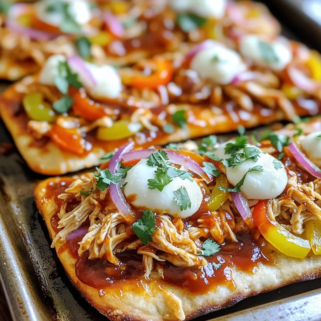 - 2 cups cooked chicken, shredded - 1 cup BBQ sauce (your choice) - 4 flatbreads (store-bought or homemade) For these flatbreads, cooked chicken is the star. I prefer using shredded rotisserie chicken. It saves time and adds flavor. The BBQ sauce brings a sweet and tangy taste. You can use any brand you love. Flatbreads serve as a perfect base. They are quick and easy to handle. - 1 cup shredded mozzarella cheese - 1/2 cup red onion, thinly sliced - 1 cup bell peppers, diced (any colors you prefer) - 1/4 cup fresh cilantro, chopped - 1 teaspoon garlic powder Shredded mozzarella cheese melts beautifully on top. It adds creaminess and richness. Red onions and bell peppers give a nice crunch. Use whatever colors you like for bell peppers. Fresh cilantro adds a pop of flavor. Garlic powder enhances the dish without extra effort. - Olive oil - Salt and pepper A drizzle of olive oil adds richness. It also helps the flatbreads crisp up nicely. Don’t forget to season with salt and pepper. This simple step elevates the taste and rounds out the flavors. First, set your oven to 425°F (220°C). This high heat will help crisp the flatbreads. Make sure your oven is fully preheated before baking. This step is key for getting that perfect crunch. In a large bowl, mix 2 cups of shredded chicken with 1 cup of BBQ sauce. Stir well until the chicken is fully coated. For added flavor, sprinkle in 1 teaspoon of garlic powder, along with salt and pepper to taste. This mixture will be the star of your flatbreads. Place 4 flatbreads on a large sheet pan. Drizzle a little olive oil on each one. This adds flavor and helps them crisp. Spread the BBQ chicken mixture evenly over each flatbread. Make sure to cover the surface well. Next, top with 1/2 cup of thinly sliced red onion, 1 cup of diced bell peppers, and 1 cup of shredded mozzarella cheese. Now, place the sheet pan in the oven. Bake for about 12-15 minutes. Watch for the cheese to bubble and turn golden brown. The edges of the flatbreads should be crispy. Once done, take them out and sprinkle fresh chopped cilantro on top. This adds a nice touch of color and flavor. Cut into slices and serve right away. Enjoy your tasty creation! To get crispy flatbreads, start with good oil. Drizzle olive oil on each flatbread. Use just enough to coat them lightly. This helps them crisp up nicely in the oven. Make sure to place the flatbreads on a hot sheet pan. This extra heat can make a big difference. Bake at 425°F (220°C) for 12-15 minutes. Keep an eye on them as they bake. You want golden edges and bubbly cheese. For a flavor boost, try adding spices. Garlic powder adds depth, while smoked paprika gives a nice kick. You can also swap BBQ sauce. Try a spicy chipotle sauce or a sweet teriyaki. This change can give your flatbreads a fresh twist. Don't be afraid to experiment with different sauces and spices. Each choice brings out new tastes. Flatbreads pair well with many sides. Fresh salads add crunch and balance. Consider a simple coleslaw or a green salad. Dips also make great partners. Try ranch dressing or a zesty salsa. These sides and dips can enhance your meal, making it even more enjoyable. {{image_2}} You can switch out chicken for other proteins. Try shredded pork or beef for a new taste. Tofu is a great choice for a lighter meal. Cooked shrimp also works well. Just make sure to mix them with BBQ sauce before putting them on the flatbreads. If you want a vegetarian option, use grilled veggies instead of meat. Bell peppers, zucchini, and mushrooms add great flavor. For cheese, use a vegan cheese or skip it altogether. You can also add avocado slices for creaminess. This keeps it tasty and satisfying. Change up the BBQ sauce for different flavors. A spicy sauce can kick up the heat. You could also try a sweet sauce with honey or maple. Top your flatbreads with jalapeños, pineapple, or even feta cheese. Each option gives your flatbreads a unique flair. To keep your leftover flatbreads fresh, use airtight containers. Place each flatbread in a single layer. If you stack them, add parchment paper between layers to avoid sticking. You can also wrap them tightly in plastic wrap. This method helps maintain their flavor and texture. When you’re ready to enjoy your leftovers, reheating is key. Preheat your oven to 375°F (190°C). Place the flatbreads on a baking sheet. Bake for about 8-10 minutes. This keeps the flatbreads crispy. You can cover them with foil to avoid browning too much. Avoid microwaving, as it can make them soggy. These flatbreads last for up to 3 days in the fridge. If you freeze them, they can last up to 2 months. Make sure to wrap them well to prevent freezer burn. When you’re ready to eat, thaw them in the fridge overnight before reheating. Yes, you can use store-bought BBQ sauce. Look for brands that are thick and flavorful. I recommend a smoky or sweet BBQ sauce for great taste. Some popular brands are Sweet Baby Ray's, Stubb's, and KC Masterpiece. These sauces work well in this recipe and save time. You can add many vegetables to make your flatbreads unique. Here are some tasty options: - Spinach leaves for freshness - Zucchini slices for crunch - Mushrooms for earthiness - Jalapeños for heat - Corn for sweetness Feel free to mix and match based on your taste! Making flatbreads is easy! Here’s a simple recipe: 1. Mix Ingredients: Combine 2 cups of flour, 1 teaspoon of salt, and 3/4 cup of water in a bowl. 2. Knead Dough: Knead the dough for about 5 minutes until smooth. 3. Roll Out: Divide the dough into small balls. Roll each ball into a flat circle. 4. Cook: Heat a skillet over medium heat. Cook each flatbread for about 2 minutes on each side. Now you have fresh flatbreads to use! This blog post showed you how to make delicious BBQ chicken flatbreads. We covered key ingredients like cooked chicken, BBQ sauce, and flatbreads. I shared tips for perfect crusts and tasty toppings, plus fun variations. Storing and reheating your leftovers also got attention. Remember, these flatbreads are easy to customize. Feel free to swap proteins or add your favorite veggies. Enjoy your cooking and share these tasty treats with friends!