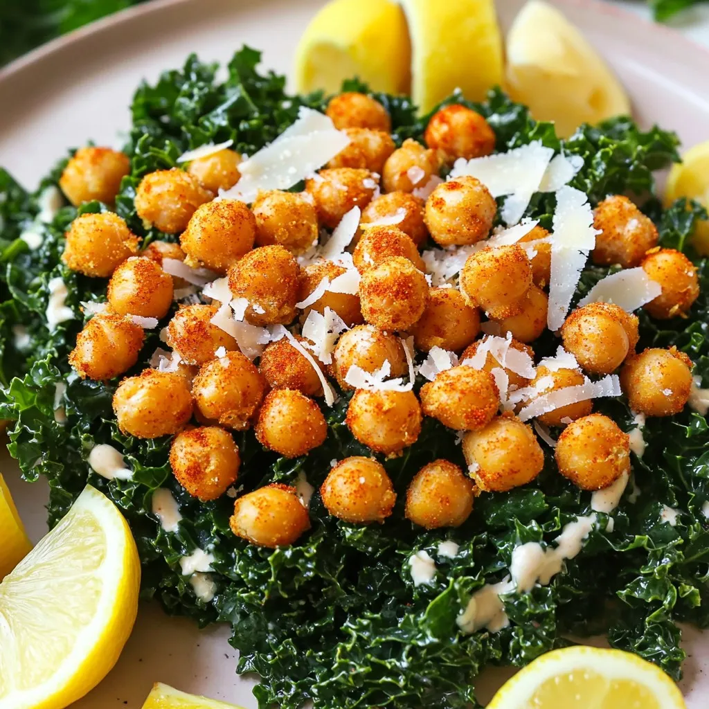 To make a Crispy Chickpea Kale Caesar Salad in the air fryer, you need simple, fresh ingredients. Here’s what to gather: - 1 can (15 oz) chickpeas, drained and rinsed - 1 tablespoon olive oil - 1 teaspoon garlic powder - 1 teaspoon smoked paprika - Salt and pepper to taste - 4 cups kale, chopped and stems removed - 1/4 cup grated Parmesan cheese (or nutritional yeast for a vegan option) - 1/4 cup Caesar dressing (store-bought or homemade) - Croutons (optional, for added crunch) These ingredients work together to create a delightful salad. The chickpeas add crunch and protein. The kale gives a fresh and earthy flavor. The dressing ties it all together, making each bite a treat. If you want a vegan version, just swap out the Parmesan cheese for nutritional yeast. It gives a cheesy flavor without dairy. You can also use homemade Caesar dressing for a personal touch. Gather these items, and you’ll be ready to make this tasty salad! First, preheat your air fryer to 400°F (200°C). This step is key for getting crispy chickpeas. Next, pat the chickpeas dry with a kitchen towel. Make sure to remove any loose skins, as they can get burned. In a bowl, toss the chickpeas with one tablespoon of olive oil, one teaspoon of garlic powder, one teaspoon of smoked paprika, salt, and pepper. Mix until the chickpeas are well-coated. Now, place the seasoned chickpeas in the air fryer basket. Spread them out in a single layer. Air fry them for 15 to 20 minutes. Halfway through cooking, shake the basket gently. This helps the chickpeas crisp evenly. They should turn golden brown and crunchy. Once done, set them aside to cool. While the chickpeas are cooking, wash and dry the kale well. Remove the stems and chop the leaves into bite-sized pieces. In another bowl, drizzle a small amount of olive oil over the kale. Sprinkle with salt. Massage the kale with your hands for 2 to 3 minutes. This makes the kale softer and tastier. In a large mixing bowl, combine the massaged kale, crispy chickpeas, and 1/4 cup of grated Parmesan cheese. Add 1/4 cup of Caesar dressing next. Toss everything together until well mixed. Ensure all components are evenly coated with dressing for the best flavor. To serve, if you want extra crunch, add croutons just before plating. Present the salad on individual plates or a large serving platter. For a pop of color, garnish with more Parmesan cheese and a sprinkle of paprika. Adding lemon wedges on the side gives it a nice zesty touch! To get the best crispy chickpeas, start with a good air fryer. Set it to 400°F (200°C). Dry the chickpeas well; moisture makes them soggy. Toss them in olive oil, garlic powder, smoked paprika, salt, and pepper. Spread them in a single layer in the air fryer basket. Cook for 15 to 20 minutes. Remember to shake the basket halfway through. This helps them cook evenly. When they turn golden brown, they’re ready! Massaging kale makes it tender and tasty. It helps break down tough fibers. To do this, wash and dry your kale first. Place it in a bowl, drizzle a bit of olive oil, and sprinkle salt. Use your hands to rub the leaves for about 2 to 3 minutes. You’ll feel the leaves soften. This step enhances the flavor of the kale and makes it easier to chew. You can make your Caesar dressing at home! Start with a base of mayonnaise, add garlic, lemon juice, and a bit of Dijon mustard. For a lighter option, use Greek yogurt. If you want vegan dressing, blend cashews, lemon juice, and a bit of nutritional yeast. You can also try store-bought dressing if you’re short on time. Just remember to taste and adjust the flavors to your liking! {{image_2}} You can easily make this salad vegan. Swap the grated Parmesan for nutritional yeast. Nutritional yeast gives a cheesy flavor without dairy. It's packed with vitamins and adds depth to your dish. For the dressing, use a vegan Caesar dressing. Many brands offer great options. You can also make your own with tahini, lemon juice, and garlic. Want to add more protein? You can include grilled chicken or crispy tofu. Chicken adds a juicy bite, while tofu gives a nice texture. If using tofu, press it first to remove moisture. Then, season it with your favorite spices before cooking. This makes it extra tasty and satisfying. Using seasonal vegetables can make your salad even better. In spring, add fresh peas or asparagus. In summer, try cherry tomatoes or cucumber. Fall brings sweet roasted squash or apples. Winter is perfect for adding roasted Brussels sprouts or beets. These swaps keep your salad fresh and exciting all year round. To keep your salad fresh, place leftovers in an airtight container. Store it in the fridge. Make sure to keep the crispy chickpeas separate. This way, they will stay crunchy. If you mix them in, they can get soggy. Aim to finish leftovers within two days for the best taste. Crispy chickpeas are best enjoyed fresh. If you need to reheat them, use your air fryer. Set it to 400°F (200°C) and air fry for about 5 minutes. This will help restore their crunch. Avoid using the microwave, as it will make them soft. The salad will stay fresh for up to two days in the fridge. After that, the kale may wilt. The chickpeas can lose their crispness, too. Always check for signs of spoilage before eating. If it smells off or looks bad, throw it away. Your health is the top priority! Yes, you can prep parts of this salad in advance. Store the crispy chickpeas in an airtight container. They stay crunchy for a few days. Keep the kale separate and store it in the fridge. Toss everything together just before you are ready to eat. This way, your salad stays fresh and tasty. If you do not have chickpeas, you can try other beans. Black beans or cannellini beans work well. You can even use roasted nuts or seeds for a different crunch. Just remember to season them like the chickpeas for flavor. Yes, this salad is gluten-free! Just make sure your dressing is also gluten-free. Some store-bought brands may contain gluten, so check the label. If you want, you can make your own dressing to be sure. Making your own Caesar dressing is simple. Here’s a quick recipe: - 1/4 cup mayonnaise - 1 tablespoon lemon juice - 1 teaspoon Dijon mustard - 1 teaspoon Worcestershire sauce - 2 cloves garlic, minced - Salt and pepper to taste Mix all the ingredients in a bowl. Adjust the flavors to your liking. This dressing adds a fresh touch to your salad! This blog shows how to make a tasty chickpea Caesar salad. You learned about the ingredients, step-by-step instructions, and tips for crispy chickpeas. I also shared options for adding protein and variations for different diets. Whether you enjoy it right away or store it for later, this salad is fun and quick to create. I hope you feel inspired to try this recipe and enjoy the flavors!