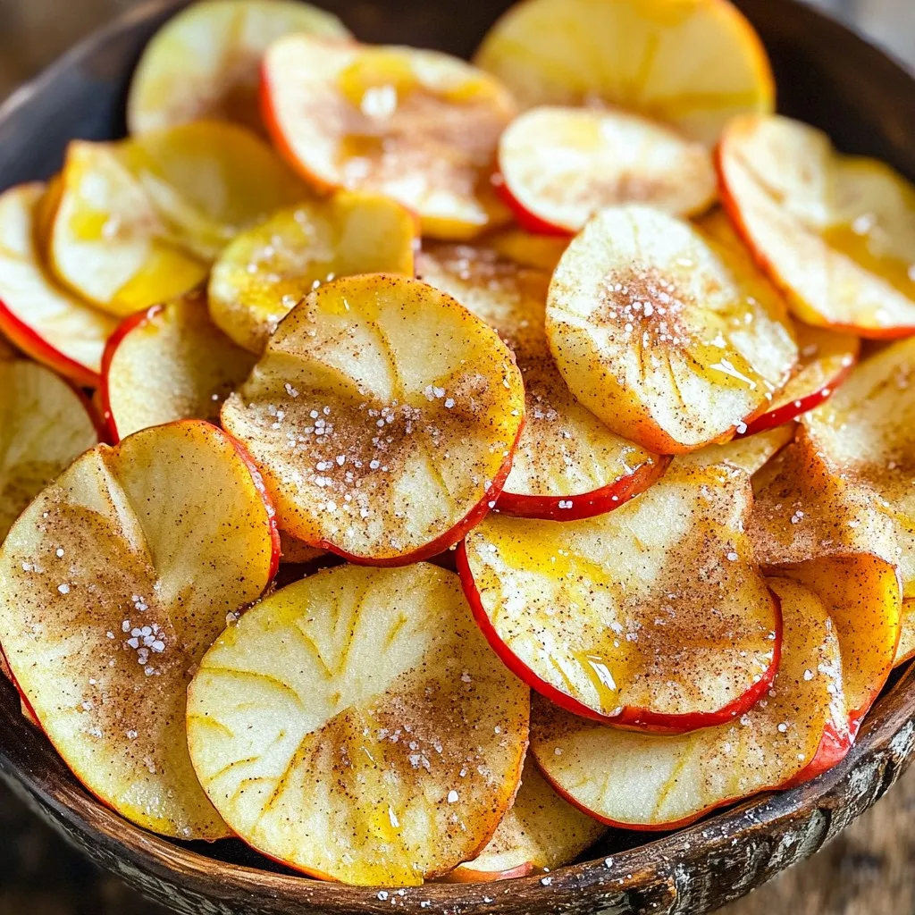 - 2 large apples (Fuji or Honeycrisp recommended) - 1 tablespoon lemon juice - 1 tablespoon cinnamon - 2 tablespoons sugar or coconut sugar - A pinch of salt The key to great apple chips starts with the apples. I love using Fuji or Honeycrisp apples. They are sweet and have a great crunch. You need two large apples for this recipe. Next, we add some lemon juice. This helps keep the apples from turning brown. It also adds a nice tang. You only need one tablespoon. Cinnamon is the star flavor in these chips. You’ll want one tablespoon of this spice. It adds warmth and sweetness. If you like your chips sweeter, you can add sugar. Use two tablespoons of regular sugar or coconut sugar. Coconut sugar is a great choice for a healthier option. Don’t forget a pinch of salt! It balances the sweetness and brings out the apple flavor. These simple ingredients come together to create a tasty snack. You can enjoy them anytime, and they are easy to make! - Preheat the air fryer to 300°F (150°C). This step is key for even cooking. - Wash, dry, and core the apples. Clean apples help keep the chips fresh and tasty. - Thinly slice apples (about 1/8 inch thick). A sharp knife or mandoline works best for even slices. - Toss with lemon juice. This keeps the apples from turning brown. It also adds flavor. - Coat with cinnamon-sugar mixture. In a small bowl, mix 1 tablespoon of cinnamon and 2 tablespoons of sugar. Dust it evenly on both sides of the apple slices for a sweet kick. - Arrange apple slices in a single layer in the air fryer. Don’t overcrowd the basket; this helps them crisp up nicely. - Air fry for 15-20 minutes. Flip the slices halfway through for even crispiness. Keep an eye on them. They should turn golden brown when done. Let the apple chips cool on a wire rack. They will get even crunchier as they cool. Enjoy your healthy snack! To get your apple chips nice and crispy, check for doneness towards the end of cooking. This will help you avoid overcooking. Thin and uniform slices are key. Aim for about 1/8 inch thick. Use a sharp knife or a mandoline to help with this. Consistent thickness ensures even cooking and crispiness. Using lemon juice is a fantastic way to prevent browning. Toss your apple slices in lemon juice right after slicing. This not only helps keep them looking fresh but also adds a nice zing to the flavor. Just one tablespoon does the trick! For a fun serving idea, place your apple chips in a decorative bowl. This makes the snack look extra special. You can also drizzle a little honey or maple syrup over them. It adds sweetness and makes each bite more enjoyable. Enjoy your apple chips as a snack or a light dessert! {{image_2}} You can have fun with flavors! Try adding nutmeg for a warm spice. Just a pinch will do. You can also add a drop of vanilla extract for a sweet twist. This little change can make a big difference. Don’t be afraid to experiment with different sugars too. Brown sugar can add a rich depth. Coconut sugar gives a nice caramel flavor. Each option brings its own unique taste. If you want a change from apples, pears work great. They have a soft, sweet flavor. Slice them just like apples for the best results. Other fruits like peaches or even bananas can be used too. Each fruit will give you a different taste and texture. It’s all about what you like! Want to make it vegan? Just skip the sugar and use maple syrup instead. You can also use agave nectar or stevia for a sugar-free option. These swaps keep the taste good while meeting health goals. Enjoy your crunchy snack however you choose! To keep your apple chips fresh, store them in an airtight container. This helps maintain their crunchiness. A glass jar or a plastic container with a secure lid works well. Avoid leaving them out in the open, as air can make them soft. For longer storage, you can freeze your apple chips. Lay them flat on a baking sheet and freeze them for a few hours. Once frozen, transfer them to a freezer bag. Remove as much air as possible before sealing. To enjoy them later, reheat in the air fryer for about 5-7 minutes at 300°F (150°C) until warm and crispy. When stored properly, your apple chips can last up to two weeks at room temperature. If you freeze them, they can stay good for about three months. Just remember that the longer they sit, the less crisp they may become. Always check for any signs of spoilage before eating. Yes, you can use different apple types. However, some apples work better. I recommend Fuji or Honeycrisp apples. They are sweet and crisp, which makes great chips. Other apples like Gala or Granny Smith also work. You might need to adjust the sugar based on your apple's sweetness. You can tell when apple chips are done by their color and texture. They should look golden brown and feel crisp. Check them at the 15-minute mark. Flip the slices to get even cooking. If they are not crisp yet, keep cooking. Just be careful not to burn them. Yes, you can make apple chips without an air fryer. Use your oven instead. Preheat it to 200°F (93°C). Slice the apples thinly and place them on a baking sheet. Bake for about 1-2 hours. Turn them halfway through for even cooking. Keep an eye on them to avoid burning. You now know how to make tasty apple chips using simple ingredients. We covered the main steps: prepping, slicing, and cooking your apples. I shared tips for achieving that perfect crunch and gave ideas for serving. Remember, you can mix flavors and even swap fruits. Store your chips right to keep them fresh longer. Enjoy experimenting with this fun, healthy snack!