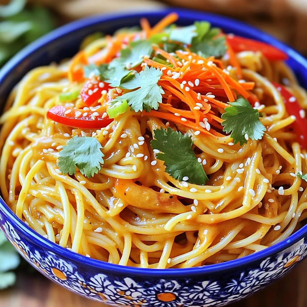 - 8 oz (225 g) spaghetti or rice noodles - 1/4 cup creamy peanut butter - 2 tablespoons sesame oil These main ingredients form the base of your dish. I like to use spaghetti or rice noodles for a great texture. Both options work well with the creamy peanut sauce. The peanut butter adds rich flavor, while the sesame oil gives a nice aroma. - 2 tablespoons soy sauce (or tamari for gluten-free) - 2 tablespoons hoisin sauce - 1 tablespoon sriracha These flavor enhancers really boost the taste. Soy sauce adds saltiness, while hoisin sauce brings sweetness. Sriracha adds the heat. You can adjust the sriracha based on your spice level. Feel free to taste and tweak as you mix! - 1 cup shredded carrots - 1 bell pepper, thinly sliced (red or yellow for color) - 3 green onions, sliced Fresh additions add color and crunch. Shredded carrots give a sweet bite, and bell pepper adds a nice crunch. Green onions bring a fresh taste and look great on top. You can mix and match these veggies based on what you like! To cook spaghetti or rice noodles, start with a large pot of boiling salted water. Add the noodles and follow the package instructions. Stir often to keep them from sticking. Cook until they are just tender, or al dente. This means they should have a slight bite to them. Drain the noodles in a colander and set them aside. Tips for achieving al dente texture: - Check the noodles a minute or two before the time ends. - Rinse them briefly in cold water to stop the cooking process. - This helps keep the noodles firm and tasty. For the sauce, gather these ingredients: - 1/4 cup creamy peanut butter - 2 tablespoons sesame oil - 2 tablespoons soy sauce (or tamari for gluten-free) - 2 tablespoons hoisin sauce - 1 tablespoon sriracha (add more for extra heat) - 1 tablespoon rice vinegar - 1 teaspoon grated fresh ginger - 2 cloves garlic, minced - 1/4 cup water (add more if needed) To mix the sauce, whisk all the ingredients together in a medium bowl. Keep mixing until the sauce is smooth. If it's too thick, add a splash more water. Now it’s time to toss the noodles and veggies. In a large mixing bowl, add the cooked noodles, 1 cup of shredded carrots, and 1 thinly sliced bell pepper. Pour the peanut sauce over the noodle mixture. To ensure even sauce distribution, toss everything gently. Use tongs or forks to mix well. You want every noodle and veggie coated in that tasty sauce. Enjoy the colors and smells as you prepare this dish! To get the right sauce thickness, start with 1/4 cup of water. If it feels too thick, add more water, a tablespoon at a time. A smooth sauce coats the noodles well. Balancing flavors is key, too. The nutty peanut butter, salty soy sauce, and spicy sriracha create a great mix. Taste as you go, and adjust the flavors to fit your liking. Present your spicy sesame peanut noodles in a beautiful way. Use large, shallow bowls to show off the colors. Add a pop of green with fresh cilantro leaves on top. For extra crunch, sprinkle toasted sesame seeds and sliced green onions. You can also add a slice of lime on the side for a zesty kick. You can prepare this dish in advance for busy days. Cook the noodles and store them in the fridge. Keep the sauce separate to prevent sogginess. Store veggies like carrots and bell peppers in airtight containers. They stay fresh longer this way. Reheat the noodles and mix in the sauce and veggies when you're ready to eat. Enjoying a quick, tasty meal is easy with this prep! {{image_2}} You can make this dish gluten-free by using rice noodles instead of spaghetti. Rice noodles are light and soak up the sauce well. For a vegan option, swap out any meat with tofu or chickpeas. Both add protein and blend nicely with the sauce. Want to mix things up? Try using different vegetables. Broccoli or snap peas add a nice crunch. You can also use zucchini or bell peppers in various colors for a pop of color. If you want a unique twist, try using tahini instead of peanut butter. It gives a creamy texture and a different flavor. To customize the heat, adjust the amount of sriracha in the sauce. If you like it hot, add more. For a milder dish, use less sriracha. You can also add chili flakes or fresh jalapeños for extra spice. Keep experimenting until you find your perfect balance! Store your Spicy Sesame Peanut Noodles in an airtight container. This keeps them fresh. You can refrigerate them for up to four days. Before eating, check the noodles for any signs of spoilage. To freeze the dish, place cooled noodles in a freezer-safe bag. Squeeze out air before sealing. You can freeze them for up to three months. To thaw, move them to the fridge overnight. Reheat in a pan over low heat. Add a splash of water if needed to loosen the sauce. Check for any off smells or changes in color. If the noodles feel slimy, it's time to toss them. To extend shelf life, store them properly and avoid leaving them out too long. Enjoy your tasty noodles while they’re fresh! Yes, you can use other noodles! Here are some great options: - Rice noodles for a gluten-free choice. - Udon noodles for a thicker texture. - Soba noodles for a nutty flavor. - Zucchini noodles for a low-carb twist. Feel free to experiment with any noodle you love! Absolutely! Making this dish in bulk saves time. Here are some benefits: - You can enjoy quick meals throughout the week. - The flavors meld together nicely after a day. - It’s easy to pack for lunch or dinner. Just store in airtight containers for freshness! To make this dish kid-friendly, try these tips: - Cut down on sriracha to reduce spice. - Add more sweet veggies like bell peppers. - Serve with extra peanut sauce on the side. Kids love to dip, and it makes the meal fun! In this post, we explored a delicious noodle dish, covering all the key ingredients, cooking steps, and helpful tips. You learned how to create a creamy peanut sauce, mix in fresh veggies, and adjust flavors to suit your taste. Don’t forget to try different noodles and spice levels to keep things fun. Meal prep can make your week easier while keeping meals tasty. Enjoy experimenting, and remember, the best dishes come from your unique touch in the kitchen.