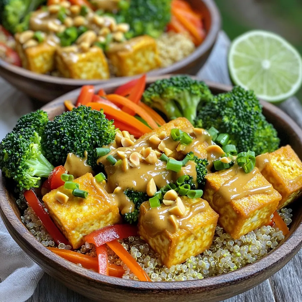 To create a delicious Spicy Peanut Tofu Bowl, you need a few key ingredients. Here’s what you’ll need: - 1 block firm tofu, drained and pressed - 2 tablespoons cornstarch - 2 tablespoons vegetable oil - 1 cup cooked quinoa (white or red) - 1 cup broccoli florets - 1 cup bell pepper, thinly sliced (any color) - 1 cup shredded carrots - 1/4 cup green onions, chopped - 1/4 cup crushed peanuts (for garnish) These ingredients come together to form a meal that is both tasty and filling. The tofu gives you protein. The veggies add color and nutrients. Quinoa acts as a great base. The sauce is what makes this dish special. It adds flavor and a nice kick. Here are the main ingredients for the spicy peanut sauce: - 1/4 cup creamy peanut butter - 2 tablespoons soy sauce - 1 tablespoon maple syrup or honey - 2 tablespoons rice vinegar - 1 teaspoon sesame oil - 1-2 teaspoons sriracha (adjust based on spice preference) - 1-2 tablespoons water (to thin out the sauce, as needed) This sauce combines sweet, salty, and spicy flavors. The peanut butter gives a rich taste, while the sriracha adds heat. Garnishes can take your Spicy Peanut Tofu Bowl to the next level. Here are some great options: - Additional crushed peanuts for crunch - Sliced lime for a zesty touch - Fresh herbs like cilantro for added freshness Feel free to mix and match these garnishes. They can enhance your dish and make it even more enjoyable. First, you need to prepare the tofu. Start with a block of firm tofu. Drain and press it to remove excess water. This helps the tofu get crispy when cooked. Cut the tofu into 1-inch cubes. Take 2 tablespoons of cornstarch and toss it with the tofu cubes. Make sure every piece is coated evenly. This cornstarch layer will help create that nice golden crust. While you cook the tofu, it's time for the veggies. In a large non-stick skillet, heat 2 tablespoons of vegetable oil over medium-high heat. Once the oil is hot, carefully add the tofu cubes. Sauté them for about 8 to 10 minutes. Turn them occasionally to get all sides crispy and golden brown. After that, remove the tofu from the skillet and set it aside. Next, steam 1 cup of broccoli florets for about 4 to 5 minutes. You want them tender-crisp and bright green. Set the broccoli aside too. Now, let’s whip up the spicy peanut sauce. In a medium bowl, combine 1/4 cup of creamy peanut butter with 2 tablespoons of soy sauce. Add in 1 tablespoon of maple syrup or honey for sweetness. Next, pour in 2 tablespoons of rice vinegar and 1 teaspoon of sesame oil. For some heat, add 1 to 2 teaspoons of sriracha. Whisk all the ingredients together. If the sauce is too thick, add 1 to 2 tablespoons of water to thin it out. Adjust the spice to your liking. It’s time to put everything together! Take 1 cup of cooked quinoa and divide it among serving bowls. Top each bowl with the crispy tofu, steamed broccoli, and sliced bell peppers. Don’t forget the shredded carrots! Drizzle the spicy peanut sauce generously over the top. Finally, sprinkle with chopped green onions and crushed peanuts for a nice crunch. Serve your bowls right away and enjoy this tasty, nutritious meal! To achieve crispy tofu, start with firm tofu. Drain it well and press it to remove excess water. Cut the tofu into 1-inch cubes for even cooking. Toss the cubes in cornstarch for a light coating. This helps create a crispy layer during cooking. Heat vegetable oil in a non-stick skillet over medium-high heat. Once hot, add the tofu cubes. Sauté them for about 8-10 minutes. Turn them occasionally until golden brown on all sides. This method ensures a perfect crunch. To elevate the taste, focus on the spicy peanut sauce. Mix creamy peanut butter, soy sauce, and maple syrup. This combination gives a sweet and savory base. Add rice vinegar for tang and sesame oil for depth. Adjust the spice with sriracha to match your taste. If the sauce is too thick, use water to thin it out. This flexible method allows you to customize the flavor profile to your liking. Presentation matters when serving your Spicy Peanut Tofu Bowls. Use deep bowls for a rustic look. Layer the ingredients neatly to showcase colors and textures. Start with a base of cooked quinoa. Top with crispy tofu, vibrant broccoli, sliced bell peppers, and shredded carrots. Drizzle the spicy peanut sauce over the top. Finish with chopped green onions and crushed peanuts. For extra flair, add a slice of lime on the side. This adds a burst of freshness and enhances the dish's appeal. {{image_2}} If you want to switch up the protein in your spicy peanut tofu bowls, try using chickpeas or tempeh. Both options add great texture and flavor. For chickpeas, roast them in the oven for a crispy bite. Tempeh can be marinated in the same spicy peanut sauce for extra flavor. You can easily change the veggies based on what you have. Zucchini, snap peas, or spinach work well. Just remember to chop them into small pieces. If you want more color, add red cabbage or corn. These swaps keep your meal fresh and interesting. To control the heat, you can modify the sriracha in the sauce. If you prefer less spice, use just one teaspoon. For more heat, add an extra teaspoon or two. You can also try a milder hot sauce or chili paste. Always taste the sauce before adding it to your bowl. To keep your spicy peanut tofu bowls fresh, store them in an airtight container. This will help keep the flavors locked in. You can keep them in the fridge for up to four days. For best results, store the tofu and veggies separate from the quinoa. This way, the quinoa stays fluffy and the tofu stays crispy. When you want to enjoy your leftovers, reheat them gently. You can use the microwave or a skillet. If using the microwave, place the food in a bowl and cover it with a damp paper towel to keep moisture in. Heat in short bursts, stirring in between, until warm. If using a skillet, add a splash of water and cover it to steam the veggies while warming the tofu. You can freeze your spicy peanut tofu bowls, but some parts will change texture. Freeze the tofu and veggies separately from the quinoa. Use freezer-safe bags or containers. Label and date them. You can freeze for up to three months. When ready to eat, thaw in the fridge overnight and reheat as mentioned before. Enjoy that tasty meal again! Yes, you can use soft or silken tofu. They will change the dish's texture. Firm tofu gives a nice crunch, while soft tofu is creamier. Just be gentle when cooking soft tofu. To make this dish gluten-free, switch to gluten-free soy sauce. Look for brands labeled as gluten-free. You can also use tamari sauce, which is naturally gluten-free. If you need an alternative, try almond butter or sunflower seed butter. Both will provide a similar creamy texture. Remember to adjust the flavor a bit since they taste different from peanut butter. To change the spice level, add more or less sriracha. For milder sauce, start with one teaspoon. For more heat, increase it gradually. You can also add a little chili powder for extra kick. You’ve learned how to make spicy peanut tofu bowls from scratch. We covered ingredients, from crispy tofu to flavorful sauce. I shared tips for perfect cooking and presentation. You can also explore variations with different proteins and veggies. Don't forget storage tips for leftovers to enjoy later. I hope you feel ready to create this tasty dish. Experiment, have fun, and enjoy every bite. Now, go make your kitchen your favorite place!