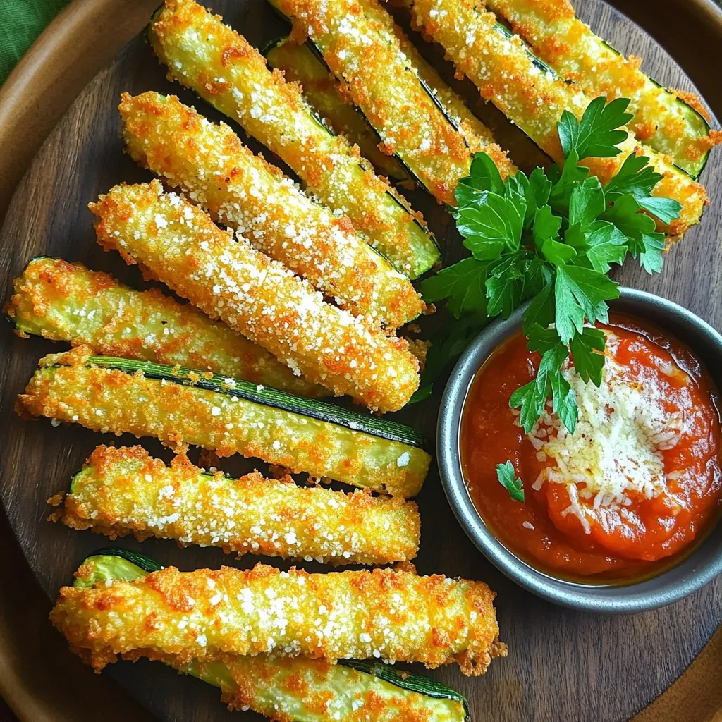 To make Air Fryer Parmesan Zucchini Fries, you will need: - 2 medium zucchinis, sliced into fries - 1 cup breadcrumbs (panko works great for extra crunch) - 1/2 cup grated Parmesan cheese - 1 teaspoon garlic powder - 1 teaspoon onion powder - 1 teaspoon Italian seasoning - Salt and pepper to taste - 1 large egg - Olive oil spray You can swap the zucchini for other veggies like carrots or eggplant. If you don’t have breadcrumbs, crushed crackers or cornmeal can work too. For a dairy-free option, try nutritional yeast in place of Parmesan cheese. You’ll need an air fryer for this recipe. A sharp knife and cutting board will help you slice the zucchini evenly. Use mixing bowls for coating and an olive oil spray bottle to keep it quick and easy. A spatula will help you flip the fries during cooking. Start with two medium zucchinis. Wash them well to remove dirt. Cut each zucchini into fry shapes. Aim for pieces about the same size. This helps them cook evenly. In a bowl, mix the dry ingredients. Combine one cup of breadcrumbs, half a cup of grated Parmesan cheese, one teaspoon of garlic powder, one teaspoon of onion powder, and one teaspoon of Italian seasoning. Add salt and pepper to taste. In a separate bowl, beat one large egg until smooth. Dip each zucchini fry into the egg, letting excess drip off. Then, coat each fry in the breadcrumb mix. Press gently to help it stick. Keep going until all fries are coated. Preheat your air fryer to 400°F (200°C) for five minutes. Spray the air fryer basket with olive oil to stop sticking. Place the zucchini fries inside in a single layer. Avoid crowding them to ensure crispiness. Lightly spray the tops of the fries with olive oil. Air fry for 10 to 12 minutes. Flip them halfway through for even cooking. They should turn golden brown and crispy. Once done, take them out and let cool for a moment before serving. Enjoy these tasty snacks with marinara or ranch for dipping! To get your zucchini fries crispy, use panko breadcrumbs. They add great crunch. Make sure to coat each fry well in the egg and breadcrumb mix. This helps the coating stick better. Lightly spray olive oil on the fries before cooking. It boosts crispiness too. The air fryer needs to be hot. Preheat it to 400°F for five minutes. This helps cook the fries evenly. You can add more flavor to your fries. Try mixing in some smoked paprika or cayenne pepper for a kick. Fresh herbs like basil or oregano can also make them tastier. For a cheesy twist, mix in extra Parmesan or even some mozzarella in the breadcrumb mix. This adds a melty texture that is so delicious. One big mistake is overcrowding the air fryer basket. This can lead to soggy fries. Always keep the fries in a single layer. If needed, cook in batches. Another mistake is not seasoning enough. Zucchini can be bland on its own. Be sure to add salt and pepper to the breadcrumb mix. Don't skip the preheating step either. It ensures the fries cook properly. {{image_2}} You can switch up the coating for your zucchini fries. Try using crushed cornflakes for a different crunch. If you want a gluten-free option, use ground almonds or gluten-free breadcrumbs. You can also add some grated cheddar cheese to the mix for extra flavor. Feel free to explore with spices. Instead of Italian seasoning, try taco seasoning for a fun twist. You can also use smoked paprika for a hint of smokiness. For more heat, add cayenne pepper or chili powder to the breadcrumbs. Serving your zucchini fries can be fun! Serve them with marinara sauce for a classic touch. You can also try a yogurt ranch dip for a creamy contrast. For a fresh twist, add a squeeze of lemon juice over the fries. Garnish with parsley for a pop of color. To keep your leftover zucchini fries fresh, place them in an airtight container. Make sure they cool down first. Store them in the fridge for up to three days. This way, they stay tasty and safe to eat. When you're ready to eat your leftovers, preheat your air fryer to 350°F (175°C). Place the fries in the basket in a single layer. Heat them for about 5 to 7 minutes. This helps them regain their crispiness. You can also use a regular oven. Just make sure to keep an eye on them so they don't burn. If you want to save some fries for later, freezing is a great option. First, allow the cooked fries to cool completely. Then, place them in a freezer-safe bag. Squeeze out the air before sealing. You can freeze them for up to 2 months. When you're ready to enjoy, just reheat them straight from the freezer. Yes, you can use other vegetables for this recipe. Carrots, sweet potatoes, or eggplants work well. Cut them into fry shapes just like the zucchini. You may need to adjust cooking times based on the vegetable. For thicker veggies, increase the air frying time until they are tender and crispy. To keep your zucchini fries crispy, avoid stacking them. Serve them right away. If you need to wait, keep them in a single layer on a wire rack. This allows air to circulate and keeps them crunchy. You can also reheat them in the air fryer. Set the temperature to 350°F (175°C) for about 5 minutes. Several sauces go great with zucchini fries. Marinara sauce is a classic choice. Ranch dressing adds a creamy touch. You might also enjoy a yogurt ranch for a tangy twist. Try garlic aioli for a bold flavor. Each dip enhances the taste of the crispy fries. This blog post covered how to make tasty zucchini fries. We explored the ingredients, their substitutes, and the right tools for cooking. I shared step-by-step instructions for prepping and air frying your fries. We also discussed tips for crispiness and flavor. There are many variations to try, plus ways to store leftovers. Remember, you can use other veggies too! Enjoy creating your own delicious zucchini fries, and don’t hesitate to experiment with flavors and coatings. Happy cooking!