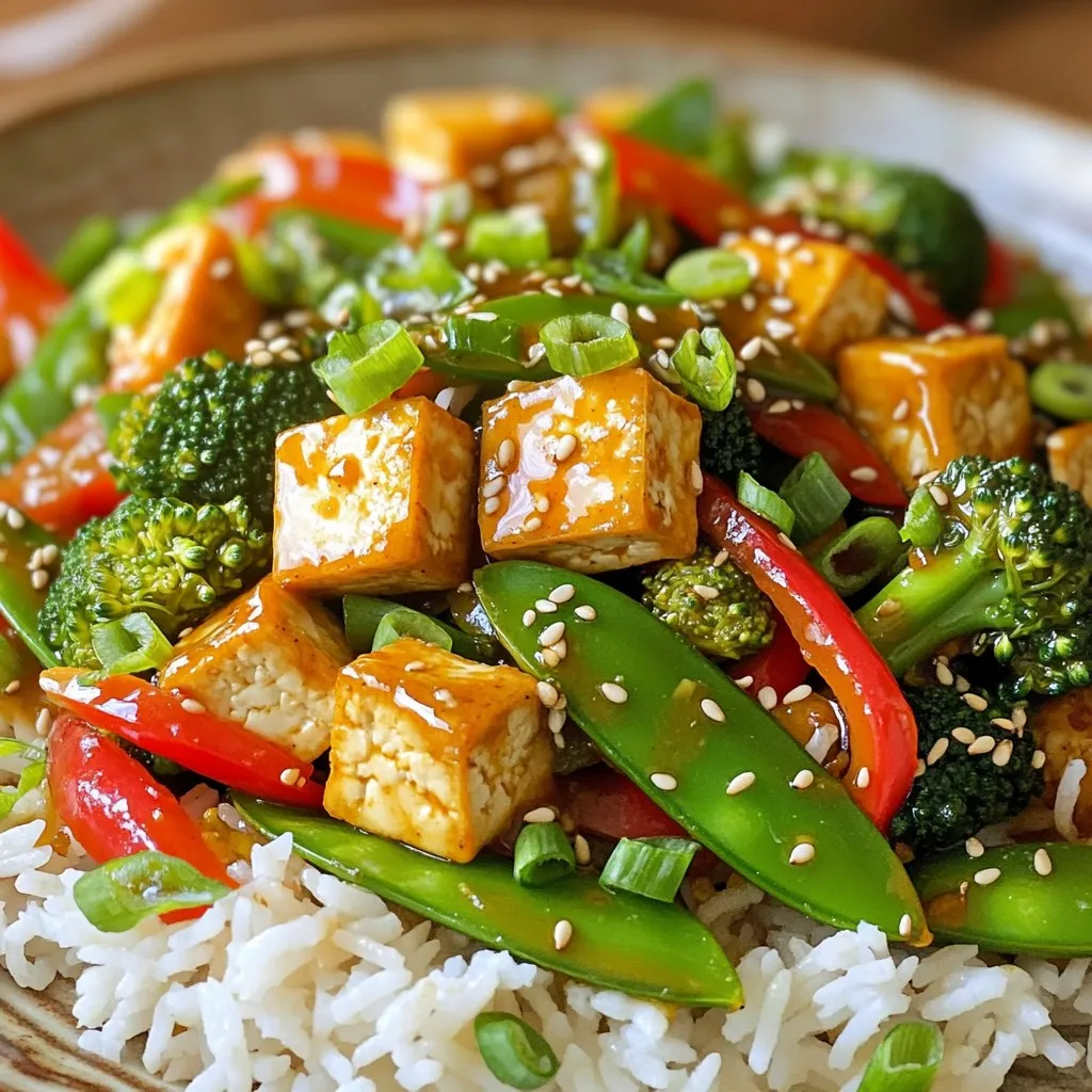 - 1 block (14 oz) extra-firm tofu, pressed and cut into cubes - 1 red bell pepper, sliced - 1 cup broccoli florets - 1 cup snap peas - 2 tablespoons soy sauce - 1 tablespoon sambal oelek (chili paste) - 1 tablespoon sesame oil - 2 tablespoons cornstarch - 3 tablespoons vegetable oil (divided) - Cooked jasmine rice or quinoa for serving - Chopped green onions and sesame seeds for garnish For this Minute Crispy Tofu Chili Garlic Stir-Fry, these ingredients create a perfect balance of flavors. The extra-firm tofu gives a hearty base. Pressing the tofu helps remove moisture, making it crispier. The fresh vegetables like bell pepper, broccoli, and snap peas add color and crunch. The sauces are key to flavor. Soy sauce adds saltiness, while sambal oelek brings heat. Sesame oil adds a rich, nutty taste that ties everything together. Don't forget the cornstarch! It coats the tofu, ensuring a crispy texture when fried. You will also need vegetable oil for frying. This oil has a high smoke point, which is great for stir-frying. Finally, serve it over jasmine rice or quinoa for a filling meal. Top with green onions and sesame seeds for a nice touch! First, you need to press the tofu. Wrap the block of extra-firm tofu in a clean kitchen towel. Place a heavy object on top to squeeze out extra water. Let it sit for about 15 minutes. After pressing, cut the tofu into cubes. Next, coat the cubes in cornstarch. Take a bowl and toss the tofu with 2 tablespoons of cornstarch. This step is key for achieving that perfect crispy texture. Now, heat the oil in a large non-stick skillet or wok. Use 2 tablespoons of vegetable oil and set the heat to medium-high. Once the oil is hot, add the tofu cubes in a single layer. Fry the tofu for about 8 to 10 minutes. You want them golden and crispy on all sides. Once done, remove the tofu from the pan and set it aside. In the same pan, add the last tablespoon of vegetable oil. Then, toss in the minced garlic. Sauté for about 30 seconds, but watch it closely to avoid burning. Once fragrant, it’s time to add the veggies. Include the sliced red bell pepper, broccoli florets, and snap peas. Stir-fry these for 3 to 4 minutes until they are tender-crisp. Now, it’s time to bring everything together. Add the crispy tofu back into the pan. Pour in the soy sauce, sambal oelek, and sesame oil. Stir everything well to mix. Cook for another 1 to 2 minutes until everything is heated through. To serve, place the stir-fry over cooked jasmine rice or quinoa. This adds a nice base. For a special touch, garnish with chopped green onions and a sprinkle of sesame seeds. This makes your dish not just tasty but also beautiful. Enjoy your Minute Crispy Tofu Chili Garlic Stir-Fry! To make great crispy tofu, pressing is key. Pressing removes extra moisture. This helps the tofu get nice and crispy when you fry it. Wrap the tofu in a clean towel and place a heavy object on top. Let it sit for about 15-30 minutes. Choosing the right cooking oil is also important. Use high-heat oils like vegetable or canola oil. These oils help achieve that lovely golden crust. I recommend using two tablespoons when frying the tofu. This amount keeps it from sticking. To keep your veggies bright and crunchy, don’t overcook them. Stir-fry them for just a few minutes. You want them tender but still crisp. I love using red bell pepper, broccoli, and snap peas for color and texture. You can swap in seasonal vegetables too. If it’s summer, try zucchini or green beans. In fall, sweet potatoes or Brussels sprouts work well. Get creative with what you have on hand! You can customize the spice level of this dish easily. If you want it hotter, add more sambal oelek or chili paste. For less heat, cut back on the chili paste. Your taste buds can guide you! Adding extra sauces or proteins can take this dish to the next level. Try adding a splash of hoisin sauce for sweetness. You can also toss in cooked chicken or shrimp for more protein. This dish is flexible, so make it your own! {{image_2}} If you want to switch things up, tofu is not your only option. Here are some great substitutes: - Tempeh: This fermented soy product adds a nutty flavor and is rich in protein. - Seitan: Made from wheat gluten, seitan has a chewy texture that mimics meat. - Chickpeas: These legumes add a hearty bite and are packed with nutrients. You might also enjoy adding chicken or shrimp. Just cook them in the same way you did the tofu. Both options add flavor and protein. If you need a gluten-free meal, don't worry. You can easily adapt this recipe. - Use gluten-free soy sauce. Brands like Tamari offer great taste without gluten. - You can also swap out the cornstarch for arrowroot powder. It works similarly for crispiness. If you like, try adding in zucchini noodles instead of rice or quinoa for a low-carb option. This recipe is already vegetarian, but you can make it fully vegan too! - Ensure your sambal oelek is vegan-friendly. Most brands are, but it's good to check. - You can add more plant-based proteins, like edamame or lentils. They add great texture and nutrition. Experiment with different veggies as well. Sweet potatoes, carrots, or even kale can make this dish your own. To keep your crispy tofu chili garlic stir-fry fresh, place it in an airtight container. This method prevents moisture loss and keeps flavors intact. You can refrigerate it for up to three days. After that, the texture may change, and it won't taste as good. When reheating, I recommend using a skillet. Heat it on medium. Add a splash of oil to keep the tofu crispy. Stir gently to avoid breaking the tofu. This method helps to revive the flavors and textures. You can also use a microwave, but keep in mind that it may make the tofu a bit soggy. Yes, you can freeze this dish! First, let it cool completely. Then, pack it into a freezer-safe container. Make sure to remove as much air as possible. It can stay in the freezer for up to a month. To prepare for freezing, separate the tofu from the veggies if you can. This way, both can retain their best textures when thawed. To make crispy tofu, start with extra-firm tofu. Press the tofu to remove excess water. Cut it into cubes. Toss the cubes in cornstarch. This helps create a crunchy crust. Heat vegetable oil in a skillet. Fry the tofu until it's golden brown. You can also bake it at a high temperature for a healthier option. Remember to flip the tofu halfway through cooking. If you don't have sambal oelek, use other chili pastes or sauces. Sriracha is a great choice. You can also use red chili flakes mixed with soy sauce. Another option is to blend fresh chilies with vinegar. Adjust the amount based on your spice preference. You can prepare some parts of this dish ahead of time. Cut and press the tofu a day before. Store it in the fridge. You can also chop the vegetables in advance. Just keep them in an airtight container. When ready to cook, follow the steps for a quick stir-fry. Yes, this recipe is perfect for meal prep. Cook a larger batch and store it in meal containers. Divide the stir-fry into portions for easy lunches or dinners. Keep the tofu and vegetables together. Serve with rice or quinoa when ready to eat. This way, you have delicious meals ready for the week. This article covered how to create a tasty stir-fry with crispy tofu. You learned about key ingredients, including fresh veggies and flavor-packed sauces. The step-by-step instructions helped you prepare, cook, and serve a delicious meal. Remember, you can customize this dish to suit your taste and dietary needs. Don’t forget to store any leftovers properly. I hope you feel inspired to try this stir-fry at home. Enjoy every bite and make it your own!