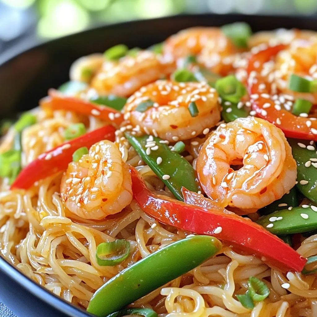 Here’s what you need to make Minute Sweet Chili Shrimp Noodles. Gather these items before you start: - 8 oz. rice noodles - 1 lb. large shrimp, peeled and deveined - 2 tablespoons sweet chili sauce - 1 tablespoon soy sauce - 1 tablespoon sesame oil - 1 tablespoon olive oil - 1 red bell pepper, sliced - 1 cup snap peas, trimmed - 2 green onions, chopped - 1 tablespoon sesame seeds (for garnish) - Salt and pepper to taste Each ingredient plays a key role in making this dish pop with flavor. The rice noodles serve as a soft base. The shrimp adds protein and sweetness. Sweet chili sauce gives a nice kick. Soy sauce brings depth. Sesame oil adds richness. The red bell pepper and snap peas contribute crunch and color. Green onions finish it with a fresh touch. Finally, sesame seeds add a little crunch on top. Always taste as you go, adjusting salt and pepper to your liking. Enjoy the process! Start by boiling water in a large pot. Once the water is bubbling, add the rice noodles. Cook them based on the package instructions until they are al dente. This usually takes about 3 to 5 minutes. After cooking, drain the noodles well and set them aside. In a large skillet, heat one tablespoon of olive oil over medium heat. When the oil is hot, add the shrimp. Season them with salt and pepper. Cook the shrimp for 2 to 3 minutes. They should turn pink and look cooked all the way through. Make sure not to overcook them, or they might get tough. To the same skillet, add the sliced red bell pepper and snap peas. Stir-fry these vegetables for about 2 to 3 minutes. You want them to be tender-crisp, which means they should still have a slight crunch. This adds great texture to your dish. Next, lower the heat a little. Pour in the sweet chili sauce and soy sauce. Stir everything well so that the shrimp and vegetables are coated in the sauce. This will add a nice flavor to your meal. Now it’s time to add the cooked rice noodles to the skillet. Also, drizzle in the sesame oil. Gently toss everything together. Heat it all through, ensuring the noodles mix well with the shrimp and veggies. You can taste and adjust with more salt and pepper if needed. Once everything is well mixed and hot, remove the skillet from heat. Sprinkle chopped green onions and sesame seeds on top. This adds a nice finish and makes the dish look great. Serve your Minute Sweet Chili Shrimp Noodles hot and enjoy! To cook shrimp just right, start with fresh or frozen shrimp. If frozen, thaw them first. Heat olive oil in a skillet on medium heat. Add the shrimp to the hot oil. Season with salt and pepper. Cook them for 2 to 3 minutes until they turn pink. Overcooking makes them tough, so watch closely. You want them firm but tender. This method gives you juicy shrimp that burst with flavor. Cooking rice noodles is simple. Boil water in a pot. Add the noodles and cook according to the package instructions. Usually, it takes just 4 to 6 minutes. Test a noodle to see if it is al dente. Drain the noodles in a colander. Rinse them with cold water to stop the cooking process. This step keeps the noodles from getting sticky. Use them right away for the best texture. To boost flavors, think about adding more herbs or spices. Fresh garlic or ginger can add depth. A squeeze of lime juice gives a nice tang. You can also try adding chili flakes for a kick. For a richer flavor, drizzle a bit more sesame oil before serving. Garnish with green onions and sesame seeds for a fresh touch. These little extras can make a big difference in taste. {{image_2}} You can switch the shrimp for chicken or tofu. For chicken, use boneless thighs or breasts. Cube the chicken and cook it the same way as shrimp. For tofu, use firm tofu. Press it to remove water, then cube it. Sauté until golden. Both options work well with sweet chili sauce. You can change the veggies too. Try broccoli, carrots, or zucchini instead of bell pepper and snap peas. Chop them into small pieces for quick cooking. You can even add baby corn or bok choy for a fun twist. Each veggie adds its own taste and crunch. Feel free to mix up the sauce. If sweet chili sauce is too sweet, try adding lime juice for tang. A splash of fish sauce can add depth. For a spicy kick, toss in some red pepper flakes. These tweaks make the dish yours and keep it exciting! To store any leftovers, let the noodles cool first. Place them in an airtight container. Add the shrimp and veggies in the same container. Store it in the fridge for up to three days. This keeps the flavors fresh and tasty. When you are ready to eat, take the leftovers out. Heat them in a skillet over medium heat. Add a splash of water or oil to keep them moist. Stir often until everything is heated through. This helps to avoid drying out the noodles and shrimp. If you want to freeze the dish, follow these steps. Let it cool completely. Place the noodles, shrimp, and veggies in a freezer-safe bag. Remove as much air as you can before sealing it. This can last for up to two months in the freezer. When you want to eat it, thaw it overnight in the fridge before reheating. Yes, you can use gluten-free rice noodles. They work great in this dish. Just cook them like regular rice noodles. Check the package for cooking times. You can mix honey and hot sauce to make a sweet chili sauce. Use equal parts for a similar taste. Another option is hoisin sauce for a different flavor. You can store leftovers in the fridge for up to three days. Keep them in an airtight container. When ready to eat, just reheat thoroughly. Yes, you can prepare the shrimp and veggies ahead. Cook the noodles fresh for the best taste. If you store them separately, they stay fresh longer. Serve them with a light salad or steamed vegetables. A side of spring rolls also adds a nice touch. These options balance the meal well and enhance flavors. This blog post covered making sweet chili shrimp noodles with simple steps. We discussed the main ingredients, how to cook them, and helpful tips. You can customize the dish by changing proteins, veggies, or sauces. Plus, we included storage advice for leftovers. Remember, cooking is all about fun and creativity. Try different flavors and make this recipe your own. Enjoy your delicious meal!