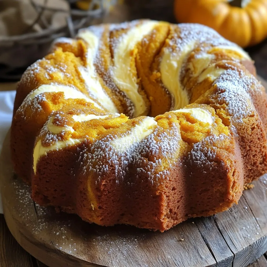 To make a delicious Pumpkin Cream Cheese Pound Cake, you will need the following ingredients: - 1 ½ cups all-purpose flour - ½ teaspoon baking powder - ½ teaspoon baking soda - ½ teaspoon salt - 1 teaspoon ground cinnamon - ½ teaspoon ground nutmeg - ¼ teaspoon ground ginger - ½ cup unsalted butter, softened - 1 cup granulated sugar - ½ cup brown sugar, packed - 3 large eggs - 1 cup canned pumpkin puree - 1 teaspoon vanilla extract - 8 oz cream cheese, softened - ½ cup powdered sugar Each ingredient plays a key role in the cake's taste and texture. The flour gives structure, while the baking powder and baking soda help it rise. Salt enhances flavors, and spices like cinnamon and nutmeg add warmth. Butter and sugars create a rich base, while eggs and pumpkin keep the cake moist. The cream cheese adds a delightful swirl and creamy tang. This combination of ingredients builds a cake that is simple yet full of flavor. Make sure to gather all ingredients before you start. A bit of prep work goes a long way in making this cake a success! - Preheat your oven to 350°F (175°C). - Grease the loaf pan and line with parchment paper. This makes it easy to remove the cake later. - In a medium bowl, whisk together: - 1 ½ cups all-purpose flour - ½ teaspoon baking powder - ½ teaspoon baking soda - ½ teaspoon salt - 1 teaspoon ground cinnamon - ½ teaspoon ground nutmeg - ¼ teaspoon ground ginger - Make sure these dry ingredients are well mixed. This helps the cake rise evenly. - In a large bowl, mix: - ½ cup unsalted butter, softened - 1 cup granulated sugar - ½ cup brown sugar, packed - Beat until fluffy. This takes about 3-4 minutes. - Add in 3 large eggs, one at a time. Mix well after each addition. - Then, add: - 1 cup canned pumpkin puree - 1 teaspoon vanilla extract - Mix until everything is well blended. - Gradually add the dry ingredients to the wet mixture. - Mix on low speed until just combined. Do not overmix; it can make the cake tough. - In a separate bowl, beat: - 8 oz cream cheese, softened - ½ cup powdered sugar - Mix until smooth and creamy. This adds a lovely flavor to the cake. - Pour half of the pound cake batter into the prepared loaf pan. - Dollop half of the cream cheese mixture over the batter. - Use a knife to swirl the two together lightly. - Pour the rest of the pound cake batter on top. - Dollop the remaining cream cheese mixture and swirl again for a marbled look. - Place the pan in the preheated oven. - Bake for 55-65 minutes. - Check with a toothpick inserted in the center. It should come out clean. - If the top browns too fast, cover it with aluminum foil. - Once done, let it cool in the pan for 15 minutes before moving it to a wire rack. To make your pumpkin cream cheese pound cake moist and tasty, always use fresh pumpkin puree. It gives a rich flavor that canned options can't match. When mixing your batter, avoid overmixing. This helps keep the cake light and fluffy. To check if your cake is done, use a toothpick. Insert it into the center; if it comes out clean, the cake is ready. If the top starts to brown too fast, cover it with aluminum foil. This will help it bake evenly without burning. Once cooled, you can dust the top with powdered sugar. This adds a lovely touch. You can also drizzle icing made from powdered sugar and a splash of milk for extra sweetness. Serve the cake on a nice platter or a wooden board for a beautiful display. {{image_2}} You can easily change the flavor of your Pumpkin Cream Cheese Pound Cake. Adding chocolate chips gives a nice twist. The sweetness from the chocolate pairs well with the pumpkin. You can also mix in nuts, like walnuts or pecans. This adds a crunchy texture that contrasts nicely with the soft cake. If you need a gluten-free option, you can use gluten-free flour. Look for a blend that works well in baking. This will help keep the cake moist and fluffy. For a vegan version, replace the butter with plant-based butter. Use flax eggs or applesauce instead of regular eggs. This way, everyone can enjoy the cake. To add seasonal flair, try using other spices. Cloves, for example, bring warmth and depth to the flavor. You can mix cloves with cinnamon and nutmeg for a cozy, autumn taste. Another option is to add a splash of maple syrup for a richer flavor. These small changes can make your cake even more special. To keep your Pumpkin Cream Cheese Pound Cake fresh, cool it completely before storing. This step is important to prevent moisture from building up. Once cooled, place it in an airtight container. This will help preserve its soft texture and rich flavor. You can freeze this cake for later enjoyment. To freeze, wrap it tightly in plastic wrap. Then, place it in a freezer-safe bag or container. This will keep out air and prevent freezer burn. When you want to enjoy it again, simply take it out of the freezer. Let it thaw in the fridge overnight. This slow thaw keeps the cake moist. You can also let it sit at room temperature for a few hours. For the best taste, eat the cake within three months of freezing. This way, you will savor all the flavors and textures. To make this cake, follow these key steps: - Preheat your oven to 350°F (175°C). - Grease a loaf pan and line it with parchment paper. - In a bowl, whisk flour, baking powder, baking soda, salt, and spices. - In a large bowl, beat softened butter with sugars until fluffy. - Add eggs, then mix in pumpkin and vanilla. - Slowly mix in the dry ingredients until just combined. - In another bowl, beat cream cheese with powdered sugar until smooth. - Layer batter and cream cheese in the pan, swirling lightly. - Bake for 55-65 minutes until a toothpick comes out clean. Tips: Don’t overmix when combining ingredients. This keeps the cake moist. Yes, you can use fresh pumpkin. Here are the pros and cons: Fresh Pumpkin: - Pros: It has a fresh taste and can be more nutritious. - Cons: It takes time to prepare. You need to cook and puree it. Canned Pumpkin: - Pros: It’s quick and easy. It’s also consistent in flavor and texture. - Cons: It might lack the freshness of homemade puree. Choose based on your time and taste preference. You can store Pumpkin Cream Cheese Pound Cake for up to one week at room temperature. Here’s how to store it: - Let the cake cool completely. - Wrap it in plastic wrap or foil. - Place it in an airtight container. For longer storage, you can freeze the cake. It lasts for up to three months in the freezer. Just wrap it well and label it. This cake pairs well with several desserts and drinks. Here are some ideas: - Serve with whipped cream or ice cream for added sweetness. - Pair with coffee or spiced tea for a cozy touch. - Add a drizzle of caramel sauce for a rich flavor. You can also dust the cake with powdered sugar for a nice finish. Enjoy exploring these delicious pairings! You learned how to make a delicious Pumpkin Cream Cheese Pound Cake. We covered the ingredients, detailed steps, tips for baking, and variations to try. Remember to use fresh pumpkin for the best flavor. This cake shines at any gathering and keeps well if stored right. With its rich taste and creamy layer, it’s sure to impress anyone who tries it. Now, gather your ingredients and start baking! Enjoy your sweet creation!
