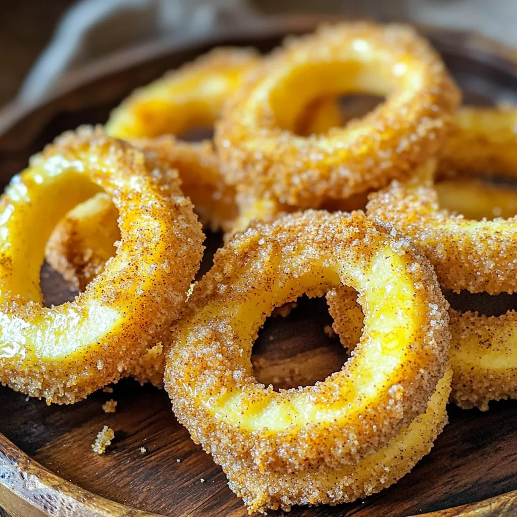 To make Air Fryer Cinnamon Sugar Apple Rings, gather these simple items: - 2 medium apples (like Honeycrisp or Granny Smith) - 1/2 cup all-purpose flour - 1/2 cup breadcrumbs (panko works best for crunch) - 1 teaspoon ground cinnamon - 1/4 cup granulated sugar - 1 large egg - 1 tablespoon milk - Pinch of salt - Cooking spray or oil You can use various apples for this recipe. Some great options include: - Fuji - Braeburn - Gala These apples bring a nice balance of sweetness and tartness. Each type adds its own taste to the rings. Experiment to find your favorite! If you need to avoid certain allergens, here are some easy swaps: - For gluten-free, use gluten-free flour and breadcrumbs. - If you are egg-free, use a flax egg or applesauce instead of the egg. - For dairy-free, replace milk with almond or oat milk. These swaps keep the recipe tasty and safe for everyone. Start by washing the apples well. I prefer using Honeycrisp or Granny Smith for their crispness. Cut each apple into 1/4-inch thick rings. Be sure to remove the core in the center. You should get about 10 to 12 rings from two apples. This step is key to a good texture. In a small bowl, combine 1/4 cup of granulated sugar with 1 teaspoon of ground cinnamon. Mix them well until they blend together. You can set this aside for later. The cinnamon sugar adds a nice sweet touch to your apple rings. Next, set up three shallow bowls. In the first bowl, place 1/2 cup of all-purpose flour. In the second, beat 1 large egg with 1 tablespoon of milk. In the third bowl, mix 1/2 cup of breadcrumbs with a pinch of salt. This setup helps keep things neat and easy while you coat the apple rings. Dip each apple ring in the flour first. Make sure to coat both sides. Then, move it to the egg mixture, ensuring it is well-covered. Finally, coat the ring in the breadcrumbs. This three-step process gives a crispy finish. Make sure each ring is fully coated for the best crunch. Preheat your air fryer to 350°F (175°C). Lightly spray the air fryer basket with cooking spray. Lay the coated apple rings in a single layer in the basket. They should not touch each other. For a crispier texture, lightly spray the tops with oil. Air fry the apple rings for about 8 to 10 minutes. Flip them halfway through the cooking time for even crispiness. Once they turn golden brown, remove them from the air fryer. Toss the warm apple rings in the cinnamon sugar mixture right away. This melts into a sweet glaze. Enjoy them warm for the best taste! Pick apples that are firm and crisp. My favorites are Honeycrisp and Granny Smith. They hold their shape well when cooking. Look for apples without bruises or soft spots. Fresh apples will give you the best flavor and texture. To make your apple rings extra crispy, use panko breadcrumbs. They have a light and airy texture. Also, spray the apple rings with cooking spray before air frying. This helps them brown nicely. Flip the rings halfway through cooking for even crispiness. One common mistake is overcrowding the air fryer basket. Make sure to place the apple rings in a single layer. If they touch, they won’t cook evenly. Another mistake is not coating the rings well. Ensure each ring gets enough flour, egg, and breadcrumbs. This helps create that perfect crunch. {{image_2}} You can change up the flavor of your apple rings by adding different spices. Try nutmeg or allspice for a warm kick. A pinch of ginger can also give a nice zing. Mix these spices into the cinnamon sugar for a tasty twist. You can even add cocoa powder for a chocolatey flavor. Experiment to find your favorite mix! Dipping sauces can take your apple rings to the next level. Caramel sauce pairs well with the sweet cinnamon flavor. You can also try a creamy vanilla yogurt dip. For a fun twist, mix peanut butter with honey. This adds a rich taste that kids will love. Don’t be afraid to get creative with your dips! Changing the coating gives your apple rings a new texture. Instead of breadcrumbs, try crushed nuts for a crunchy bite. Almonds or pecans work great. You can even use coconut flakes for a tropical twist. If you want a gluten-free option, use almond flour. Each coating offers a unique taste and feel, so have fun mixing it up! To store your leftover apple rings, let them cool completely. Place them in an airtight container. They will stay fresh for about 2-3 days in the fridge. If you want to keep them longer, consider freezing. To reheat, use your air fryer. Preheat it to 350°F (175°C). Place the apple rings in the basket for about 3-5 minutes. This method helps them regain their crispiness. You can also use an oven for reheating. Set it to 350°F (175°C) and bake for about 5-7 minutes. If you want to freeze the apple rings, first cool them completely. Lay them out in a single layer on a baking sheet. Freeze for 1-2 hours until firm, then transfer to a freezer bag. They will last for about 2-3 months in the freezer. When ready to enjoy, cook them straight from the freezer in your air fryer for 10-12 minutes. Yes, you can! If you don’t have an air fryer, bake the apple rings in the oven. Preheat your oven to 375°F (190°C). Line a baking sheet with parchment paper. Place the coated apple rings on the sheet, leaving space between them. Bake for about 15-20 minutes, flipping halfway through. You won’t get as much crunch, but they will still taste great. You can store apple rings in the fridge for up to three days. Keep them in an airtight container to keep them fresh. If you want to enjoy them later, reheat them in the air fryer or oven. This helps regain some of their crunch. These apple rings pair well with many dips. Try serving them with caramel sauce, vanilla ice cream, or yogurt. A sprinkle of extra cinnamon on top adds a nice touch, too. Feel free to get creative! Absolutely! You can use brown sugar for a richer flavor. Coconut sugar is a great option for a healthier choice. Just keep the same amount as the recipe calls for. The taste will change a bit, but they will still be delicious. Yes, they can be gluten-free! Simply use gluten-free flour and gluten-free breadcrumbs. Make sure to check the labels to ensure they are truly gluten-free. This way, everyone can enjoy this tasty treat! This blog post covered how to make tasty cinnamon sugar apple rings. You learned about choosing the right apples, coating techniques, and air frying steps. I shared tips on achieving extra crispiness and avoiding common mistakes. We explored fun variations and discussed how to store leftovers. Remember, these apple rings are easy to customize. Use different spices or dipping sauces to make them your own. Enjoy creating and sharing these delicious treats with friends and family!