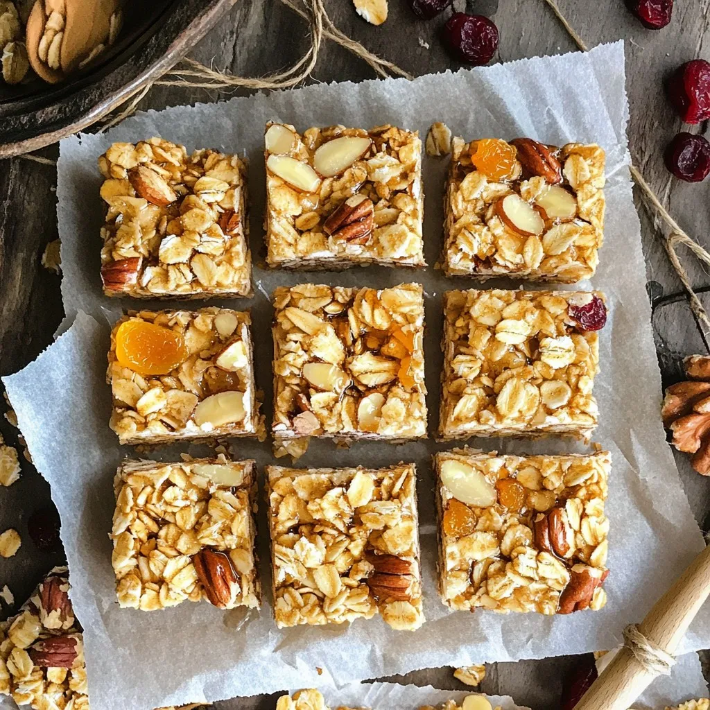 - 2 cups rolled oats - 1 cup mixed nuts (almonds, walnuts, pecans), chopped - 1/2 cup honey The main ingredients for these bars are simple. You start with rolled oats, which give a hearty base. The mixed nuts add crunch and healthy fats. Honey binds everything and adds natural sweetness. - 1/2 cup pure maple syrup - 1/4 cup brown sugar - 1/4 cup nut butter (almond or peanut butter) - 1 teaspoon vanilla extract For sweetness, I use pure maple syrup and brown sugar. Maple syrup provides a rich flavor. The nut butter adds creaminess and a touch of protein. Finish with vanilla extract for aroma and depth. - 1/2 cup dried fruits (cranberries, raisins, or apricots), chopped - 1/2 teaspoon cinnamon - 1/4 teaspoon salt Optional ingredients can make these bars even better. Dried fruits add chewiness and extra flavor. A sprinkle of cinnamon warms up the taste. A tiny bit of salt enhances all the flavors. Feel free to mix and match as you like! 1. Preheat your oven to 350°F (175°C). This helps the bars bake evenly. 2. Line an 8x8-inch baking dish with parchment paper. Leave some overhang for easy removal later. 3. In a mixing bowl, combine 2 cups of rolled oats, 1 cup of chopped mixed nuts, 1/2 teaspoon of cinnamon, and 1/4 teaspoon of salt. Mix these until they are well combined. 1. In a small saucepan over medium heat, combine 1/2 cup of honey, 1/2 cup of pure maple syrup, 1/4 cup of brown sugar, and 1/4 cup of nut butter. Stir continuously until the mixture bubbles and the sugar dissolves, about 3-4 minutes. 2. Remove the saucepan from heat. Stir in 1 teaspoon of vanilla extract for flavor. 1. Pour the warm syrup mixture over the dry oat and nut mixture in your bowl. If you want, add 1/2 cup of chopped dried fruits now. Stir until everything is evenly coated. 2. Transfer the mixture into your prepared baking dish. Press it down firmly with a spatula or your hands to make it compact and even. 3. Bake in the preheated oven for about 20-25 minutes. Look for golden brown edges. 4. Let the granola bars cool completely in the pan on a wire rack. Once cool, lift the granola out using the parchment paper. Cut into bars or squares. Enjoy your tasty Maple Brown Sugar Granola Bars! To get the best texture, press the mixture down firmly. This helps the bars stick together. If you want chewier bars, adjust the bake time. Bake them for a shorter time, about 20 minutes. For a crunchier bar, bake for up to 25 minutes. You can add spices like nutmeg or ginger for a new twist. Chocolate chips also make a great addition. Try mixing in different nuts like cashews or hazelnuts. You can also toss in dried fruits like mango or banana for extra flavor. For a rustic look, package the bars in parchment paper. Tie them with twine for a pretty gift. At gatherings, serve them on a wooden board with a small bowl of yogurt. This makes a fun and healthy snack option for everyone! {{image_2}} If you need a nut-free snack, no problem! You can use sunflower seed butter instead of nut butter. It gives a nice taste without nuts. You can also try pumpkin seed butter. Both are great choices for kids or anyone with allergies. For a fruity twist, think about making fruit-based granola bars. Use mashed bananas or applesauce instead of nut butter. This makes the bars moist and sweet. You can add in seeds like pumpkin or sunflower to keep it crunchy! You can switch up the sweeteners in your granola bars. Agave syrup is a good option. It is sweeter than honey, so you may use less. Coconut sugar is another nice choice. It has a rich flavor and a lower glycemic index. If you want to adjust the sweetness, taste the mixture before baking. Add more sweetener if you prefer a sweeter bar. Remember, you can always add more, but you can't take it out! Making these bars gluten-free is simple! Just choose certified gluten-free oats. Many brands offer oats that are safe for a gluten-free diet. Check the labels to be sure. Also, look at other ingredients. Some sweeteners or mix-ins may contain gluten. Always read the package to ensure your snacks stay gluten-free. This way, everyone can enjoy your tasty granola bars! To keep your maple brown sugar granola bars fresh, use airtight containers. These containers help lock in moisture and keep them crunchy. You can store the bars at room temperature for easy snacks. However, if you want them to last longer, refrigeration works well too. These granola bars stay fresh for about one week at room temperature. If you refrigerate them, they can last up to two weeks. Check for signs of spoilage, like a weird smell or changes in texture. If they feel too soft or sticky, it's time to toss them out. Making a big batch of granola bars is a smart move. You can easily prep these bars ahead of time. Just cut them into pieces and store them in your container. For longer storage, freeze the bars. They freeze well and can last for up to three months. Just thaw them in the fridge when you're ready to enjoy. Making maple brown sugar granola bars is easy. Here are the simple steps: 1. Preheat your oven to 350°F (175°C). Line an 8x8-inch baking dish with parchment paper. 2. In a bowl, mix 2 cups of rolled oats, 1 cup of chopped mixed nuts, 1/2 teaspoon of cinnamon, and 1/4 teaspoon of salt. 3. In a saucepan, heat 1/2 cup honey, 1/2 cup pure maple syrup, 1/4 cup brown sugar, and 1/4 cup nut butter over medium heat. Stir until it bubbles. 4. Remove from heat and add 1 teaspoon of vanilla extract. 5. Pour the warm mixture over the dry ingredients. Stir until combined. Add 1/2 cup of dried fruits if you like. 6. Transfer the mix to the baking dish. Press it down firmly. 7. Bake for 20 to 25 minutes until golden brown. 8. Let it cool in the pan, then lift it out and cut it into bars. These steps make a tasty snack you can enjoy anytime! Yes, you can customize the recipe. Here are some ideas: - Nut Alternatives: If you have nut allergies, use seeds like sunflower or pumpkin seeds. - Different Sweeteners: Swap honey with agave syrup or use maple sugar for a unique flavor. - Add-Ins: Try adding dark chocolate chips or a mix of seeds to the base recipe. - Fruits: Use different dried fruits like figs or coconut flakes for a new taste. Feel free to get creative and make it your own! You can find pre-made maple brown sugar granola bars at many stores. Check these popular brands: - Nature Valley: Known for their crunchy bars. - KIND: Offers a variety of flavors, including maple. - Quaker: Usually has a tasty option in their lineup. You can also look online at retailers like Amazon or health food stores. They often have a good selection. Granola bars can be healthy, but it depends on the ingredients. Here are some benefits: - Whole Grains: Oats provide fiber and energy. - Healthy Fats: Nuts add protein and good fats. - Natural Sweeteners: Using honey and maple syrup is better than refined sugar. Be mindful of the portion size and added sugars. Homemade bars usually offer better nutrition than store-bought ones. In this post, we explored how to make delicious granola bars. We covered key ingredients, easy steps, and helpful tips. You can add flavors or nuts to fit your taste. Enjoying this snack is simple and fun! Store them well for long-lasting freshness. Now, it’s your turn: try these recipes and make them your own. A tasty homemade treat awaits!