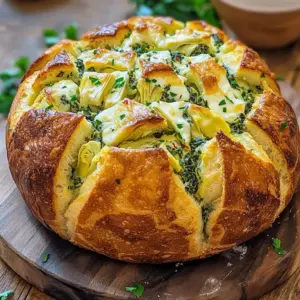 - 1 large round sourdough loaf - 1 cup frozen spinach, thawed and drained - 1 can (14 oz) artichoke hearts, drained and chopped - 1 cup cream cheese, softened - 1 cup shredded mozzarella cheese - 1/2 cup grated Parmesan cheese - 2 cloves garlic, minced - 1/2 teaspoon crushed red pepper flakes (optional) - Salt and pepper to taste - 2 tablespoons olive oil - Fresh parsley, chopped (for garnish) You might want to add: - Chopped sun-dried tomatoes for a sweet kick - Cooked bacon bits for a smoky taste - A dash of Worcestershire sauce for depth If you need swaps, here are some ideas: - Use a gluten-free bread for a gluten-free option. - Swap cream cheese for a dairy-free cream cheese. - Replace mozzarella with a vegan cheese alternative. Start by preheating your oven to 375°F (190°C). This ensures the bread bakes evenly. In a medium bowl, mix the cream cheese, mozzarella, and Parmesan cheese. Add the minced garlic, thawed spinach, and chopped artichokes. If you like a kick, toss in the crushed red pepper flakes. Season this mix with salt and pepper to taste. Stir until everything is well combined. Take your large round sourdough loaf and place it on a cutting board. Use a serrated knife to cut it into a grid pattern. Make sure not to cut all the way through the bottom. Gently pull apart the squares to create pockets. This step makes it easy to stuff the cheesy mixture into the bread. Carefully spoon the filling into each opening. Spread it evenly for the best flavor. Once stuffed, brush the outside of the bread with olive oil. This will help the crust get nice and golden. Wrap the bread in aluminum foil and place it on a baking sheet. Bake it for 25 minutes. After that, remove the foil and bake for another 10-15 minutes. Look for bubbly cheese and a golden crust. When done, take it out and let it cool for a few minutes. Finally, sprinkle fresh parsley on top for a pop of color before serving. To get that perfect cheese melt, use fresh cheese. Shredded cheese melts much better than pre-shredded. Mix mozzarella, cream cheese, and Parmesan together for a great blend. Make sure your oven is set to 375°F (190°C). This heat melts the cheese without burning the bread. Cover your bread with foil for the first part of baking. This traps heat and helps with melting. Remove the foil later to crisp the crust. Having the right tools makes cooking fun and easy. Here are some tools you should have: - A serrated knife for cutting the bread without squishing it. - A medium mixing bowl for combining the filling ingredients. - A baking sheet to catch any drips while baking. - Aluminum foil for wrapping the bread. - A pastry brush for applying olive oil evenly. These tools help you work faster and stay neat in the kitchen. Avoid these common mistakes to ensure your bread shines: - Don’t cut the bread too deep; keep the bottom intact. - Make sure to drain the spinach and artichokes well. Extra water can make the filling soggy. - Don’t skip the olive oil brush. It adds flavor and helps the crust brown nicely. - Bake the bread long enough for the cheese to bubble. A golden crust means it’s ready. By steering clear of these missteps, you’ll enjoy a tasty and beautiful dish. {{image_2}} To make this dish gluten-free, use a gluten-free bread. Look for a round loaf that holds up well. You can also use cauliflower bread for a low-carb option. Both choices will still give you that lovely pull-apart effect. You can mix in sun-dried tomatoes for a tangy twist. Chopped bacon adds a smoky flavor that pairs well with the cheese. For a spicy kick, try adding jalapeños or diced green chilies. Each option enhances the taste of the cheesy filling. While sourdough is classic, you can use other types of bread. Ciabatta has a nice crust and airy inside, perfect for stuffing. A baguette works well too, giving a crunchy bite. Choose any bread you love to create your own version of this dish. Storing leftover pull-apart bread is easy. First, let the bread cool down completely. Wrap it tightly in plastic wrap or aluminum foil. You can also store it in an airtight container. This method keeps the bread fresh for 2 to 3 days at room temperature. If you want to keep it longer, consider freezing it. To reheat your cheesy spinach artichoke pull-apart bread, preheat your oven to 350°F (175°C). Remove any plastic wrap or foil. Place the bread on a baking sheet. Cover it loosely with aluminum foil to prevent it from drying out. Heat for about 15 to 20 minutes. This method helps preserve the cheese's creaminess and the bread's texture. If you want to freeze the pull-apart bread, follow these steps. First, let the bread cool completely. Wrap it tightly in plastic wrap, then in aluminum foil. You can also use a freezer-safe bag. This keeps it fresh for up to 3 months. To use, let it thaw in the fridge overnight. Reheat as described above for the best taste. Yes, you can make this bread ahead. Prepare the filling and bread, then stuff it. Wrap it well and store it in the fridge for up to a day. When ready, just bake it. This saves time and makes hosting easy. This cheesy bread pairs well with many dishes. Here are some options: - A fresh garden salad - Creamy tomato soup - A charcuterie board - Dipping sauces like marinara or ranch These sides make your meal more fun and tasty. Check the bread after 35 minutes. The cheese should be bubbly and the crust golden brown. If it looks good, it’s done. You can also use a toothpick to test. If it comes out clean, the bread is ready. Absolutely! Feel free to mix in your favorite cheeses. Here are some great options: - Cheddar for a sharp taste - Gouda for creaminess - Feta for a tangy kick These options will add new flavors and make your bread even better. You learned how to create delicious Cheesy Spinach Artichoke Pull-Apart Bread. We covered the key ingredients and offered great tips for preparation. Remember, you can customize your dish with fun add-ins and bread types. Proper storage keeps leftovers fresh for later. Try making this ahead for gatherings or enjoy it fresh from the oven. With practice, you’ll master this recipe and impress everyone at the table. Happy baking!