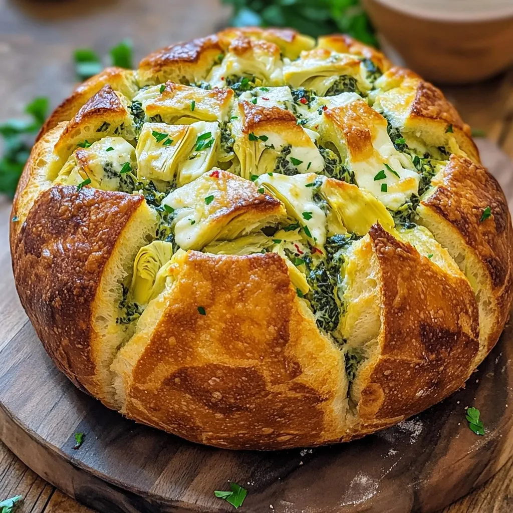 - 1 large round sourdough loaf - 1 cup frozen spinach, thawed and drained - 1 can (14 oz) artichoke hearts, drained and chopped - 1 cup cream cheese, softened - 1 cup shredded mozzarella cheese - 1/2 cup grated Parmesan cheese - 2 cloves garlic, minced - 1/2 teaspoon crushed red pepper flakes (optional) - Salt and pepper to taste - 2 tablespoons olive oil - Fresh parsley, chopped (for garnish) You might want to add: - Chopped sun-dried tomatoes for a sweet kick - Cooked bacon bits for a smoky taste - A dash of Worcestershire sauce for depth If you need swaps, here are some ideas: - Use a gluten-free bread for a gluten-free option. - Swap cream cheese for a dairy-free cream cheese. - Replace mozzarella with a vegan cheese alternative. Start by preheating your oven to 375°F (190°C). This ensures the bread bakes evenly. In a medium bowl, mix the cream cheese, mozzarella, and Parmesan cheese. Add the minced garlic, thawed spinach, and chopped artichokes. If you like a kick, toss in the crushed red pepper flakes. Season this mix with salt and pepper to taste. Stir until everything is well combined. Take your large round sourdough loaf and place it on a cutting board. Use a serrated knife to cut it into a grid pattern. Make sure not to cut all the way through the bottom. Gently pull apart the squares to create pockets. This step makes it easy to stuff the cheesy mixture into the bread. Carefully spoon the filling into each opening. Spread it evenly for the best flavor. Once stuffed, brush the outside of the bread with olive oil. This will help the crust get nice and golden. Wrap the bread in aluminum foil and place it on a baking sheet. Bake it for 25 minutes. After that, remove the foil and bake for another 10-15 minutes. Look for bubbly cheese and a golden crust. When done, take it out and let it cool for a few minutes. Finally, sprinkle fresh parsley on top for a pop of color before serving. To get that perfect cheese melt, use fresh cheese. Shredded cheese melts much better than pre-shredded. Mix mozzarella, cream cheese, and Parmesan together for a great blend. Make sure your oven is set to 375°F (190°C). This heat melts the cheese without burning the bread. Cover your bread with foil for the first part of baking. This traps heat and helps with melting. Remove the foil later to crisp the crust. Having the right tools makes cooking fun and easy. Here are some tools you should have: - A serrated knife for cutting the bread without squishing it. - A medium mixing bowl for combining the filling ingredients. - A baking sheet to catch any drips while baking. - Aluminum foil for wrapping the bread. - A pastry brush for applying olive oil evenly. These tools help you work faster and stay neat in the kitchen. Avoid these common mistakes to ensure your bread shines: - Don’t cut the bread too deep; keep the bottom intact. - Make sure to drain the spinach and artichokes well. Extra water can make the filling soggy. - Don’t skip the olive oil brush. It adds flavor and helps the crust brown nicely. - Bake the bread long enough for the cheese to bubble. A golden crust means it’s ready. By steering clear of these missteps, you’ll enjoy a tasty and beautiful dish. {{image_2}} To make this dish gluten-free, use a gluten-free bread. Look for a round loaf that holds up well. You can also use cauliflower bread for a low-carb option. Both choices will still give you that lovely pull-apart effect. You can mix in sun-dried tomatoes for a tangy twist. Chopped bacon adds a smoky flavor that pairs well with the cheese. For a spicy kick, try adding jalapeños or diced green chilies. Each option enhances the taste of the cheesy filling. While sourdough is classic, you can use other types of bread. Ciabatta has a nice crust and airy inside, perfect for stuffing. A baguette works well too, giving a crunchy bite. Choose any bread you love to create your own version of this dish. Storing leftover pull-apart bread is easy. First, let the bread cool down completely. Wrap it tightly in plastic wrap or aluminum foil. You can also store it in an airtight container. This method keeps the bread fresh for 2 to 3 days at room temperature. If you want to keep it longer, consider freezing it. To reheat your cheesy spinach artichoke pull-apart bread, preheat your oven to 350°F (175°C). Remove any plastic wrap or foil. Place the bread on a baking sheet. Cover it loosely with aluminum foil to prevent it from drying out. Heat for about 15 to 20 minutes. This method helps preserve the cheese's creaminess and the bread's texture. If you want to freeze the pull-apart bread, follow these steps. First, let the bread cool completely. Wrap it tightly in plastic wrap, then in aluminum foil. You can also use a freezer-safe bag. This keeps it fresh for up to 3 months. To use, let it thaw in the fridge overnight. Reheat as described above for the best taste. Yes, you can make this bread ahead. Prepare the filling and bread, then stuff it. Wrap it well and store it in the fridge for up to a day. When ready, just bake it. This saves time and makes hosting easy. This cheesy bread pairs well with many dishes. Here are some options: - A fresh garden salad - Creamy tomato soup - A charcuterie board - Dipping sauces like marinara or ranch These sides make your meal more fun and tasty. Check the bread after 35 minutes. The cheese should be bubbly and the crust golden brown. If it looks good, it’s done. You can also use a toothpick to test. If it comes out clean, the bread is ready. Absolutely! Feel free to mix in your favorite cheeses. Here are some great options: - Cheddar for a sharp taste - Gouda for creaminess - Feta for a tangy kick These options will add new flavors and make your bread even better. You learned how to create delicious Cheesy Spinach Artichoke Pull-Apart Bread. We covered the key ingredients and offered great tips for preparation. Remember, you can customize your dish with fun add-ins and bread types. Proper storage keeps leftovers fresh for later. Try making this ahead for gatherings or enjoy it fresh from the oven. With practice, you’ll master this recipe and impress everyone at the table. Happy baking!