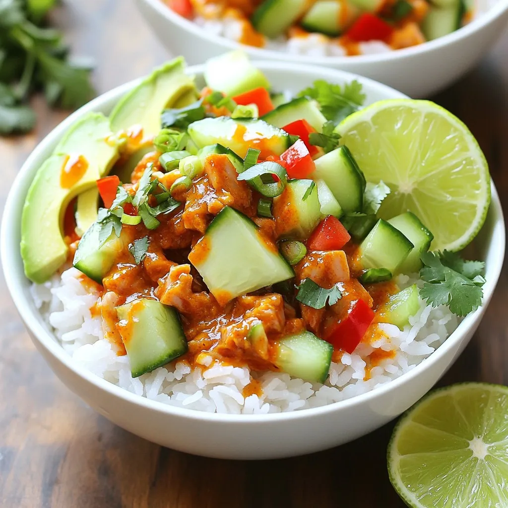 To make Minute Chili Lime Tuna Rice Bowls, gather these simple items: - 1 can of tuna in water, drained - 1 cup cooked jasmine rice - 1 avocado, sliced - 1 small cucumber, diced - 1/2 red bell pepper, diced - 2 green onions, sliced - 1 tablespoon chili paste (like sriracha) - 2 tablespoons lime juice - 1 tablespoon olive oil - Salt and pepper to taste - Fresh cilantro, for garnish - Lime wedges, for serving You can make these bowls even better by adding: - Corn for sweetness - Black beans for extra protein - Jalapeño for heat - Cherry tomatoes for freshness - A sprinkle of cheese for creaminess To enhance your meal, consider serving with: - Crunchy tortilla chips for texture - A cooling yogurt sauce for balance - Extra lime wedges for more zing - A refreshing drink like iced tea Start by draining the can of tuna. Add it to a mixing bowl. Then, add one tablespoon of chili paste, two tablespoons of lime juice, and one tablespoon of olive oil. Mix these together well. Make sure the tuna gets coated with the chili and lime. Taste the mixture and add salt and pepper as needed. This step adds a spicy zing to the tuna. Now, grab two serving bowls. Put a scoop of cooked jasmine rice at the bottom of each bowl. Next, spoon the chili lime tuna mixture on top of the rice. It should look colorful and inviting. Now, arrange the slices of avocado, diced cucumber, and red bell pepper on top of the tuna. This adds freshness and crunch to your bowl. To make your rice bowls pop, sprinkle sliced green onions and fresh cilantro on top. This adds both flavor and color. For an extra zing, serve lime wedges on the side. When you squeeze lime over the bowl, it boosts the taste even more. Remember, a well-presented dish makes the meal more enjoyable. To boost the flavor, add fresh herbs. Cilantro works best, but parsley is good too. You can also mix in lime zest. This adds a bright kick. A dash of garlic powder or fresh garlic can create extra depth. Don't forget to adjust the salt. A pinch can make a big difference. For fluffy jasmine rice, rinse it first. This removes extra starch. Use a 1:1 ratio of rice to water. Bring to a boil, then cover and simmer on low. Cook for 15 minutes. Afterward, let it sit for 5 minutes. Fluff it with a fork before serving. This makes it light and airy. Choose high-quality canned tuna. Look for brands that use sustainable fishing methods. Drain the tuna well to avoid excess water. This keeps your bowls from getting soggy. If you want a firmer texture, consider flaking the tuna less. Mix it gently with the other ingredients. This keeps it chunky and flavorful. {{image_2}} You can swap the tuna for other proteins. Chicken or salmon work well. Try cooked shrimp for a seafood twist. Tofu is a great choice for a plant-based meal. Use the same chili paste and lime juice for flavor. This keeps the dish bright and fresh. Feel free to mix in more veggies. Corn, diced tomatoes, or black beans add color and texture. You can also try roasted sweet potatoes for sweetness. Leafy greens like spinach or kale boost nutrition. These additions make your bowl more filling and tasty. Adjust the spice to your liking. If you want it hotter, add more chili paste. You can also mix in diced jalapeños. For a milder dish, skip the chili paste or use less. Experiment to find the perfect heat for your taste! To keep your leftover chili lime tuna rice bowls fresh, store them in an airtight container. This helps keep the flavors locked in. Make sure to separate the tuna mix from the rice and veggies. This way, the rice stays fluffy, and the veggies stay crisp. You can store the leftovers in the fridge for up to three days. Always check for any off smells before eating. If you want to enjoy this dish later, meal prep is a great idea. Prepare the tuna mixture and store it in a container. Cook the jasmine rice in bulk. It keeps well in the fridge for up to five days. Chop your veggies ahead of time too. Store them in separate containers. This makes assembling your rice bowls quick and easy during the week. When you're ready to eat, reheating is simple. Heat the rice in the microwave for about one minute. Make sure it's warm all the way through. For the tuna, you can eat it cold or warm it up gently in a pan. Avoid overheating, as it can dry out the tuna. Once heated, assemble your bowl with fresh toppings and enjoy! Yes, you can use fresh tuna. Just sear it lightly in a pan. Cut it into small pieces after cooking. This adds a rich flavor and a nice texture. Fresh tuna provides a different taste, and it can be a bit fancier. Just make sure you cook it to your liking, but do not overcook it. To spice up this dish, add more chili paste. You can also try sliced jalapeños or crushed red pepper flakes. Another option is to mix in some spicy salsa. Start with a little, then taste and adjust. This way, you control the heat level to your preference. Yes, this recipe is great for meal prep. The rice and tuna mix can stay fresh in the fridge. Just keep the veggies separate until you serve. This helps them stay crisp. You can easily pack them in containers for lunch or dinner. This blog post showed you the key ingredients needed for tasty rice bowls. You learned how to mix tuna with seasonings and assemble your bowls. Adding veggies and spice variations opens many flavor options. For storage, you now know how to keep leftovers fresh and reheat them well. Enjoy your new rice bowl skills. Simple steps make delicious meals. Get creative, and share your unique combos!