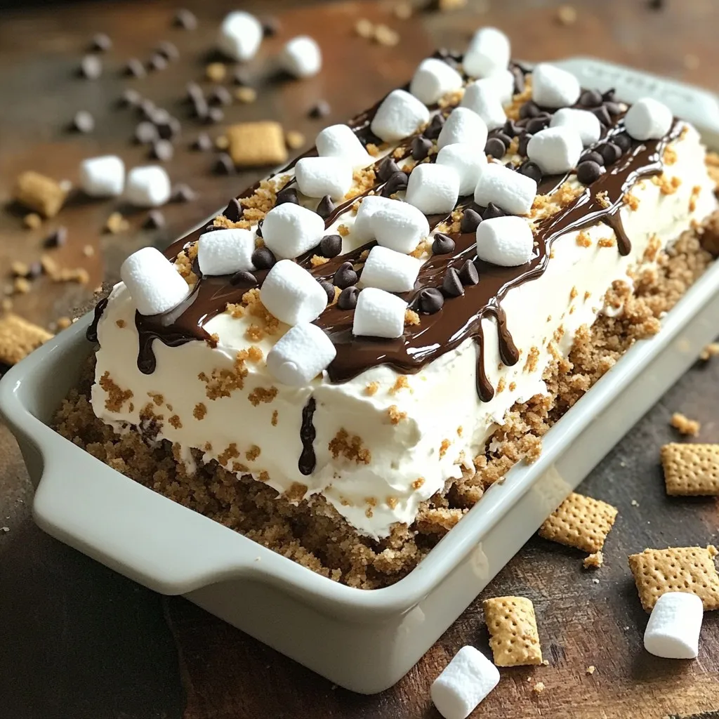 When making a No-Bake S'mores Icebox Cake, you need simple and tasty ingredients. Here’s what you will need: - 2 cups heavy whipping cream - 1/2 cup powdered sugar - 1 teaspoon vanilla extract - 1 cup graham cracker crumbs - 1 cup mini marshmallows - 1 cup chocolate ganache (made from chocolate chips and cream) - 1/2 cup chocolate chips (for garnish) - Optional: extra graham crackers and marshmallows for decoration These ingredients combine to create a sweet and creamy treat. The heavy whipping cream gives the cake its rich texture. The powdered sugar adds sweetness, while the vanilla extract gives it a lovely flavor. The graham cracker crumbs make it crunchy, just like a classic s’more. Mini marshmallows add fun and sweetness, and the chocolate ganache brings everything together with rich chocolate flavor. Using these ingredients, you can make a dessert that is easy to prepare and sure to please everyone. Don't forget the optional decorations for a fun touch! To start, you need to melt the chocolate. Place 1 cup of semi-sweet chocolate chips and 1/2 cup of heavy cream in a microwave-safe bowl. Heat it in 30-second bursts. Stir between each heating. Keep doing this until the chocolate is smooth. Once melted, let it cool slightly. This cooling helps it thicken up later. Grab a mixing bowl and pour in 2 cups of heavy cream. Add 1/2 cup of powdered sugar and 1 teaspoon of vanilla extract. Whip it together until you see soft peaks. This means it's ready to use. The cream will add a light, fluffy texture to the cake. Now it’s time to build your cake! In a cake pan or rectangular dish, start with a thin layer of whipped cream at the bottom. Next, add a layer of graham cracker crumbs. After that, sprinkle some mini marshmallows, and drizzle a bit of your chocolate ganache on top. Repeat this process. Aim for at least 3-4 layers, ending with whipped cream on top. Cover your dish with plastic wrap and place it in the fridge. Let it chill for at least 4 hours. If you can wait overnight, do it! This rest time helps all the flavors mix well and makes the cake firm. When you’re ready to serve, sprinkle mini chocolate chips and extra graham cracker crumbs on top. This adds a nice touch to the look. You can also add more marshmallows for decoration. Serve slices on plates, drizzled with more chocolate ganache for a special touch. Enjoy your delicious cake! To make a smooth ganache, use semi-sweet chocolate chips. Heat them with heavy cream in short bursts. Stir well between each burst. This helps the chocolate melt evenly. Let your ganache cool slightly before using it. If it cools too much, it will harden. Whipped cream is ready when it forms soft peaks. Start with cold heavy cream for best results. Whip it until you see peaks that gently hold their shape. If the cream turns grainy, you've whipped it too much. Stop mixing as soon as it looks fluffy. For even layers, spread each ingredient carefully. Start with whipped cream at the bottom. Then, add graham cracker crumbs and marshmallows. Drizzle the ganache evenly over each layer. Repeat this until you use all your ingredients. Aim for 3 to 4 layers for great balance and taste. {{image_2}} You can make this cake your own by adding different flavors. Try using different extracts like almond or orange. You can also mix in crushed cookies or candy bars. For a fruity twist, add chopped strawberries or bananas between layers. The options are endless! If you need gluten-free options, use gluten-free graham crackers. For a dairy-free version, try coconut cream instead of heavy cream. Use dairy-free chocolate for the ganache and chocolate chips. These swaps let everyone enjoy this treat. Make your cake fit the season! For fall, add pumpkin spice to the whipped cream. In winter, you can top it with candy canes or peppermint bits. For summer, fresh berries or a citrus zest can brighten the flavor. Each season brings a new taste to this classic dessert. To keep your No-Bake S'mores Icebox Cake fresh, use a covered container. A glass or plastic dish with a tight lid works best. Make sure to wrap it well with plastic wrap if you don’t have a lid. This helps keep out air and moisture. In the fridge, your cake lasts about 3 to 5 days. After that, the layers may start to lose texture. The whipped cream might become runny, and the graham crackers may get soggy. For the best taste, eat it within the first few days. You can freeze leftovers for up to 2 months. To freeze, slice the cake into portions. Wrap each piece in plastic wrap, then place them in a freezer bag. When you're ready to eat, let it thaw overnight in the fridge. Enjoy a sweet treat anytime! Yes, you can make this cake a day in advance. This recipe tastes even better after resting. It lets the flavors mix well. Just cover it with plastic wrap in the fridge. This keeps the cake fresh and tasty. If you need a substitute for heavy cream, try these options: - Coconut cream for a dairy-free choice - Whole milk mixed with butter for a quick fix - Greek yogurt for a thicker texture These swaps work well but may change the taste a bit. To keep your cake from getting soggy, follow these tips: - Use fresh graham crackers; stale ones absorb more moisture. - Layer quickly to avoid too much cream soaking in. - Chill the cake for the right time; this helps it set. These steps will help you get a firm and tasty cake. This blog post covered how to make a delightful cake step by step. We explored the key ingredients, including whipping cream and chocolate ganache. I provided clear instructions for making and layering the cake. We also discussed tips for perfect texture and garnishing. You have plenty of options for variations and storage. In summary, enjoy the process and be creative with flavors. Make this cake your own!