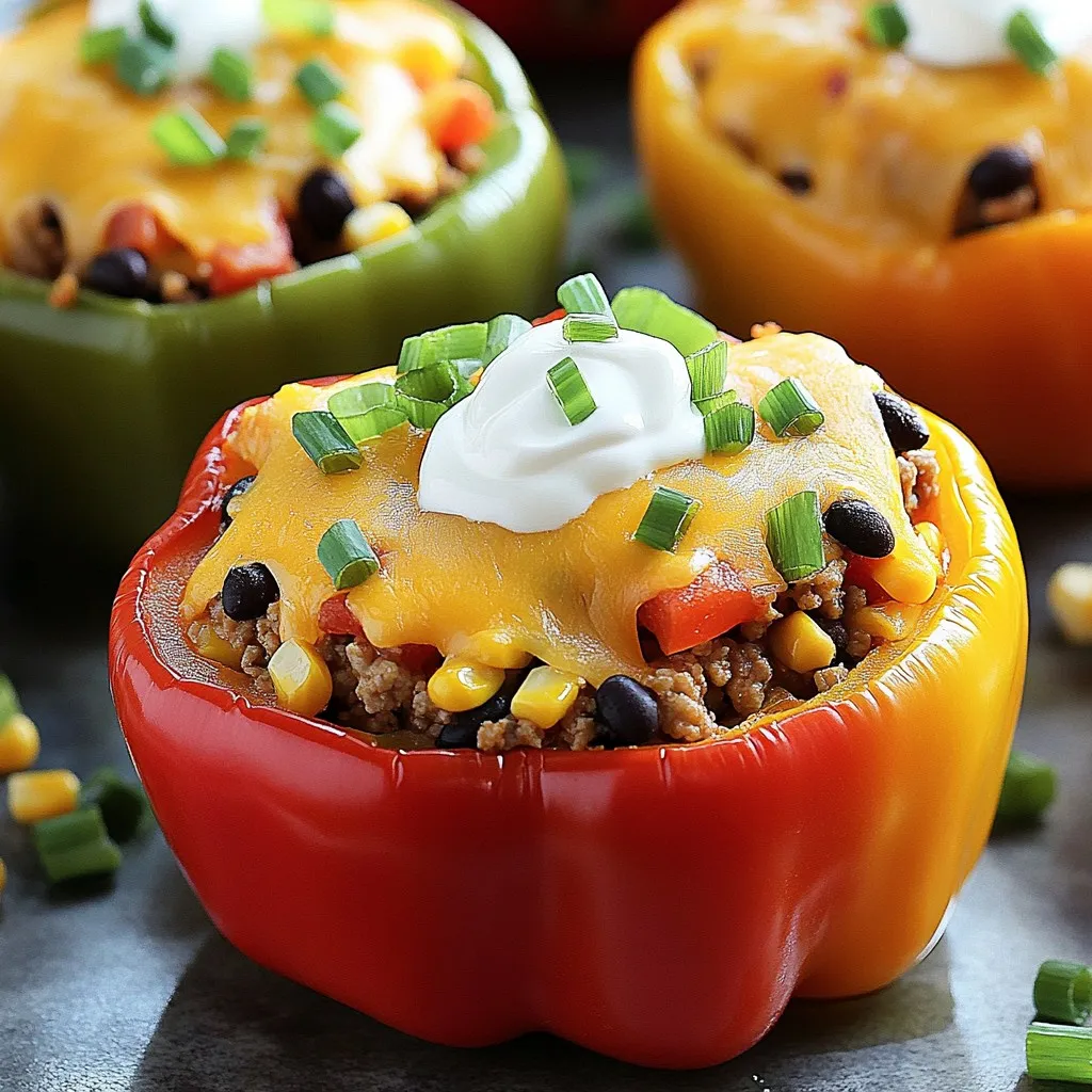 To make cheesy taco stuffed peppers, gather these ingredients: - 4 large bell peppers (any color) - 1 lb ground turkey or beef - 1 cup cooked rice (white or brown) - 1 can (15 oz) black beans, rinsed and drained - 1 cup corn kernels (frozen or canned) - 1 packet taco seasoning - 1 cup diced tomatoes (canned or fresh) - 1 cup shredded cheddar cheese - 1/2 cup sour cream - 2 green onions, thinly sliced - Salt and pepper, to taste These ingredients come together to create a tasty, colorful meal. Bell peppers are low in calories and high in vitamins. Ground turkey or beef gives the dish protein. Rice adds heartiness, while black beans and corn boost fiber. Taco seasoning brings all the flavors together. You can use fresh or canned tomatoes. I recommend using canned for convenience. The cheese melts beautifully, making the dish creamy. Sour cream adds a cool touch. Green onions give a nice crunch and pop of color. These ingredients make a family-friendly meal. They are easy to find in any grocery store. You can mix and match based on your preferences too. If you want, try different flavors or spices. - Preheat your oven to 375°F (190°C). - Cut the tops off the bell peppers and remove the seeds and membranes. - Arrange the peppers upright in a baking dish. - In a large skillet over medium heat, brown 1 lb of ground turkey or beef until fully cooked. This takes about 5-7 minutes. Drain any excess fat after cooking. - Add a packet of taco seasoning to the skillet and mix well with the meat. - Stir in 1 cup of cooked rice, 1 can of black beans, 1 cup of corn, and 1 cup of diced tomatoes. - Cook for an additional 3-4 minutes until everything is heated through. - Remove the skillet from heat. Gently fold in half of the shredded cheddar cheese and half of the sliced green onions. Reserve the rest for topping later. - Stuff each bell pepper generously with the cheesy taco filling. Press down slightly to pack it in. - Cover the baking dish with aluminum foil and bake for 25 minutes. - After 25 minutes, remove the foil. Sprinkle the remaining cheddar cheese on top of the stuffed peppers. - Return the dish to the oven and bake uncovered for an additional 10-15 minutes. The cheese should melt and bubble. - Once done, take them out of the oven and let cool for a few minutes. Serve each pepper with a dollop of sour cream and a sprinkle of the remaining green onions. To bake stuffed peppers well, use a deep baking dish. It keeps the peppers upright. This way, they hold the filling better. To avoid soggy peppers, try this simple tip. First, cut the tops off and remove seeds. Then, briefly cook them in boiling water. This helps them soften without getting mushy. For extra kick, add spices. Chili powder or cumin can add heat. You can also try paprika for a smoky taste. Mix these spices with the taco seasoning for more flavor. Cheese is key in this dish. While cheddar is great, try other cheeses too. Monterey Jack melts well and adds creaminess. Feta gives a tangy edge. Mix and match to find your favorite. Serve cheesy stuffed peppers with a fresh salad. A side of guacamole or chips complements the meal. You can also pair them with rice or quinoa for a filling dinner. Elevate your dish with garnishes. Fresh cilantro adds color and flavor. A squeeze of lime brightens the meal. Don’t forget a dollop of sour cream on top! {{image_2}} You can easily switch some ingredients to fit your needs. - Vegetarian alternative: Replace the meat with lentils or quinoa. This keeps the dish hearty and healthy. - Low-carb options with cauliflower rice: Use cauliflower rice instead of regular rice. This adds flavor while cutting carbs. You can also change the taste of your stuffed peppers. - Southwest style with different veggies: Add black olives, jalapeños, or zucchini. This gives your dish a spicy kick. - Mediterranean twist with feta and olives: Swap cheddar for feta cheese. Add chopped olives and diced cucumbers for a fresh taste. Try different cooking methods for stuffed peppers. - Slow cooker method: Cook your stuffed peppers in a slow cooker. This makes them tender and lets flavors blend well. - Air fryer option for quicker preparation: Use an air fryer for a fast and crispy outcome. Just adjust the cooking time to about 15-20 minutes. To keep your cheesy taco stuffed peppers fresh, put them in the fridge right away. Use airtight containers to prevent air from getting in. This helps avoid drying out and keeps the flavors strong. Make sure to cool the peppers before sealing them in containers. Label the containers with the date, so you know when you stored them. If you want to save some for later, freezing is a great choice. First, let the stuffed peppers cool completely. Wrap each pepper in plastic wrap tightly. Then, place them in a freezer-safe bag or container. This keeps them safe from freezer burns. When you’re ready to eat, thaw them in the fridge overnight. To heat, bake them at 350°F (175°C) until hot, about 20-30 minutes. In the fridge, your stuffed peppers last about 3 to 4 days. After that, they may start to spoil. Look for signs of spoilage, like off smells or mold. If you see any, it's best to throw them away. To enjoy them at their best, eat leftover stuffed peppers within the first few days. Can I make cheesy taco stuffed peppers ahead of time? Yes, you can prepare the filling a day in advance. Store it in the fridge. When ready, stuff the peppers and bake them. This saves time on busy nights. How do I know when the stuffed peppers are done? Check the peppers after baking for 25 minutes. They should be tender. The cheese must be melted and bubbly. You can insert a fork to test for doneness. Are stuffed peppers healthy? Yes, stuffed peppers are a healthy meal. They are low in carbs and packed with nutrients. You get protein from the meat and fiber from the beans and peppers. Caloric count and dietary considerations One serving has around 400 calories. It varies based on meat and cheese used. You can make it lighter by using lean turkey or low-fat cheese. How many peppers per person? Usually, one large pepper per person works well. If the peppers are smaller, plan for two. It depends on how hungry everyone is. Adjusting the recipe for larger groups To feed more people, just double the recipe. You can use more peppers and extra filling. This keeps your meal easy and fun for gatherings. You can now make tasty stuffed peppers using simple steps and good ingredients. Start with fresh veggies and meat before mixing in rice and beans. Bake them to warm up the flavors. Use tips to avoid soggy peppers and freeze leftovers well. You can also try different styles or make them without meat. Each option can fit your needs. Enjoy sharing this dish with friends and family. You’ll see how fun and easy it is to make delicious meals at home.
