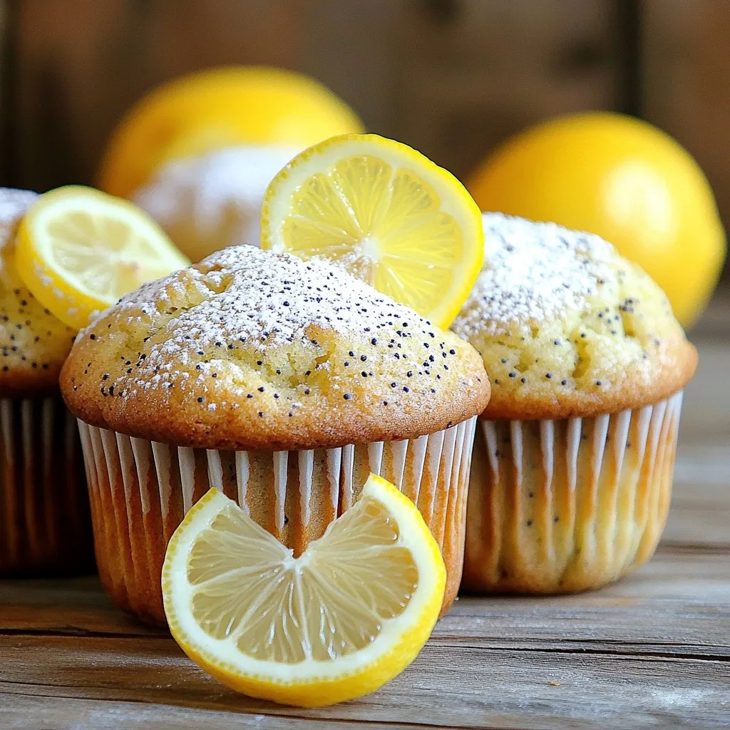 To make these tasty lemon poppy seed muffins, you will need: - 1 ½ cups all-purpose flour - 1 teaspoon baking powder - ½ teaspoon baking soda - ¼ teaspoon salt - ½ cup granulated sugar - 1 tablespoon poppy seeds - Zest of 1 large lemon - ½ cup plain Greek yogurt - ¼ cup unsalted butter, melted and cooled - 2 large eggs - 1 teaspoon vanilla extract - 2 tablespoons freshly squeezed lemon juice - 2 tablespoons milk Each ingredient plays a vital role in how these muffins taste and feel. - All-purpose flour gives structure and lightness. - Baking powder and baking soda help the muffins rise and become fluffy. - Salt enhances the flavor and balances the sweetness. - Granulated sugar makes the muffins sweet and golden. - Poppy seeds add a nice crunch and a unique flavor. - Lemon zest brings a bright, fresh taste. - Greek yogurt keeps the muffins moist and adds protein. - Unsalted butter gives rich flavor and a tender crumb. - Eggs bind everything together and add moisture. - Vanilla extract adds depth to the flavor. - Fresh lemon juice boosts the lemon flavor and adds acidity. - Milk helps achieve the perfect batter consistency. If you have allergies or dietary restrictions, here are some substitutions: - All-purpose flour can be swapped with gluten-free flour. - Greek yogurt can be replaced with dairy-free yogurt or applesauce. - Unsalted butter can be replaced with coconut oil or vegan butter. - Eggs can be substituted with flax eggs (1 tablespoon flaxseed meal + 2.5 tablespoons water per egg). - Milk can be replaced with almond milk, soy milk, or oat milk. These swaps can help you enjoy these muffins no matter your dietary needs. Start by preheating your oven to 375°F (190°C). This step is key to baking the muffins evenly. While the oven heats, line a muffin tin with paper liners. The liners help keep the muffins from sticking and make cleanup easy. In a medium bowl, whisk together the dry ingredients. Combine 1 ½ cups of all-purpose flour, 1 teaspoon of baking powder, ½ teaspoon of baking soda, ¼ teaspoon of salt, ½ cup of granulated sugar, 1 tablespoon of poppy seeds, and the zest of 1 large lemon. Whisk until everything is mixed well. This step ensures your muffins rise and have a great texture. In a large bowl, mix the wet ingredients. Add ½ cup of plain Greek yogurt, ¼ cup of melted and cooled unsalted butter, 2 large eggs, 1 teaspoon of vanilla extract, 2 tablespoons of freshly squeezed lemon juice, and 2 tablespoons of milk. Stir until the mixture is smooth and well combined. This mixture gives your muffins moisture and flavor. Gradually add the dry mixture to the wet ingredients. Use a spatula to gently fold them together. Be careful not to overmix; it's okay if there are a few lumps. Overmixing can lead to dense muffins. The batter should feel light and fluffy. Divide the batter evenly among the muffin cups, filling each about ¾ full. This allows space for them to rise. Bake the muffins for 18-20 minutes. They are done when a toothpick inserted in the center comes out clean. Let them cool in the pan for 5 minutes. Then, transfer the muffins to a wire rack to cool completely. Enjoy the delightful smell as they bake! To get that perfect bakery-style texture, follow these tips. First, use fresh ingredients. Fresh lemon zest makes a big difference. Second, be gentle when mixing. Overmixing makes muffins dense. You want a fluffy muffin that rises well. Fill each muffin cup about three-quarters full. This gives them room to rise but keeps them moist. Avoid these common mistakes for the best muffins. Don't skip the yogurt; it adds moisture and flavor. Always preheat your oven. A hot oven helps muffins rise properly. Also, remember to sift your dry ingredients. This step helps avoid lumps and ensures even mixing. Lastly, check your baking time. Every oven is different, so use a toothpick to test for doneness. You can enhance these muffins with a few fun additions. Try mixing in blueberries or raspberries for a fruity twist. Chopped nuts like almonds or walnuts add crunch. You can also add a bit of lemon extract for extra lemony flavor. For a sweet touch, consider drizzling a lemon glaze on top after baking. This adds a nice shine and extra sweetness. {{image_2}} You can add blueberries for a tasty twist. The sweet blueberries mix well with the tart lemon. Use about 1 cup of fresh or frozen blueberries. Gently fold them into the batter before baking. This adds color and extra flavor. The muffins stay moist and vibrant with blueberries. They are perfect for breakfast or a snack. For a gluten-free version, swap the all-purpose flour for a gluten-free blend. Many blends work well, but make sure it includes xanthan gum. Use 1 ½ cups of the gluten-free blend in place of regular flour. The muffins will still rise and taste great. Just follow the same steps in the recipe. You can enjoy these muffins without gluten! To make these muffins vegan, replace the eggs and yogurt. Use ½ cup of unsweetened applesauce for the eggs. For the yogurt, use a plant-based yogurt. Almond or coconut yogurt works best. The muffins will remain fluffy and delicious. You can still enjoy the bright lemon flavor in every bite. To keep your lemon poppy seed muffins fresh, store them in an airtight container. Place a paper towel at the bottom of the container to absorb any moisture. This helps prevent the muffins from getting soggy. They stay fresh for about three days at room temperature. If you want to keep them longer, the fridge is a good option. Freezing your muffins is easy and a great way to save them for later. Allow the muffins to cool completely. Then, wrap each muffin in plastic wrap. Place the wrapped muffins in a freezer bag or airtight container. They can last up to three months in the freezer. When you are ready to eat them, just take out what you need. To enjoy your muffins warm, reheat them in the oven. Preheat the oven to 350°F (175°C). Place the muffins on a baking sheet and heat for about 10 minutes. You can also microwave them for 15-20 seconds. This will bring back their soft and fluffy texture. Enjoy them with a cup of tea or coffee! To check if the muffins are done, insert a toothpick into the center. If it comes out clean, your muffins are ready. If it has wet batter stuck to it, bake them longer. Usually, they take about 18 to 20 minutes at 375°F (190°C). After baking, let them cool for five minutes in the pan. This helps them set before you move them to a wire rack. Yes, you can use other citrus fruits! Try orange or lime for a fun twist. Each adds a different flavor and zest. Just keep the same amount of juice and zest. This way, you maintain the muffin's moistness and flavor. Experimenting with different citrus can surprise your taste buds! Lemon poppy seed muffins pair well with many items. Here are some ideas: - A dollop of whipped cream for a sweet touch - Fresh berries, like strawberries or blueberries, for a fruity side - A cup of tea or coffee to complement the flavors - A drizzle of honey or maple syrup for extra sweetness These options can turn your muffins into a delightful treat for breakfast or a snack! You now have all the details to make perfect lemon poppy seed muffins. We covered the key ingredients and their benefits, plus options for common allergens. I shared step-by-step instructions to bake them just right. Tips and tricks help you avoid mistakes and enhance flavor. I also provided fun variations to try, along with storage advice for freshness. With these insights, you can enjoy your best muffins yet. Happy baking!