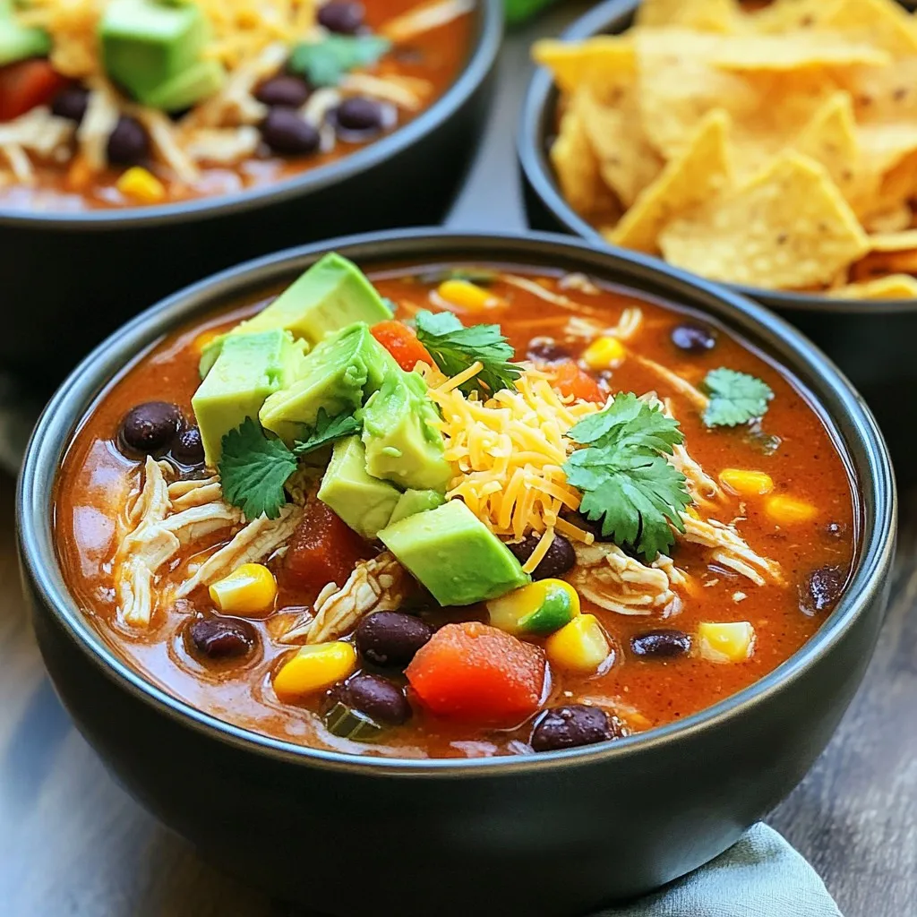 - 1 lb boneless, skinless chicken breasts - 1 can (15 oz) black beans, drained and rinsed - 1 can (15 oz) corn, drained - 1 can (10 oz) enchilada sauce (red or green) - 1 can (14.5 oz) diced tomatoes, with juices - 1 cup chicken broth - 1 medium onion, chopped - 2 cloves garlic, minced - 1 teaspoon cumin - 1 teaspoon chili powder - 1/2 teaspoon smoked paprika - Salt and pepper to taste - Fresh cilantro, for garnish - Avocado, diced, for topping - Shredded cheese, for topping (cheddar or Mexican blend) - Tortilla chips, for serving This soup starts with chicken. I like to use boneless, skinless chicken breasts. They cook well in the slow cooker and shred easily. Next, I add black beans and corn. They give the soup a nice texture and flavor. For the sauce, I choose enchilada sauce. You can pick red or green based on your taste. I also add diced tomatoes with their juices. They add moisture and a fresh taste. Chicken broth helps bring all the flavors together. Aromatics are key. I use chopped onion and minced garlic. They add a rich base to the soup. Cumin and chili powder give it warmth. Smoked paprika adds a touch of smokiness. Don't forget salt and pepper to taste. Finally, toppings make a big difference. Fresh cilantro brightens the soup. Diced avocado adds creaminess. Shredded cheese gives a rich finish. I love to serve it with crunchy tortilla chips. Each bite is a burst of flavor! To start, place your boneless, skinless chicken breasts at the bottom of your slow cooker. This gives them a nice base to cook in. Next, cover the chicken with all the tasty ingredients. In a large bowl, combine the black beans, corn, enchilada sauce, and diced tomatoes with their juices. Add the chicken broth, chopped onion, and minced garlic. Toss in the cumin, chili powder, smoked paprika, salt, and pepper. Stir everything together well. Once mixed, pour this flavorful blend over the chicken in the slow cooker. Make sure the chicken is fully covered. This helps the chicken soak up all those amazing flavors. Now it’s time for the slow cooker magic. Cook on low for 6-8 hours or high for 4-5 hours. The chicken should be cooked through and tender when done. After cooking, remove the chicken breasts with tongs. Using two forks, shred the chicken into bite-sized pieces. Return the shredded chicken to the soup and stir it all together. If you want, taste the soup and adjust the seasoning as needed. Let it sit for another 10-15 minutes on warm. This helps the flavors meld together. Enjoy your cooking! To get the best flavor from your slow cooker chicken enchilada soup, pay attention to seasoning. Start with the basic salt and pepper. After cooking, taste the soup. You may want to add more salt, cumin, or chili powder. Each ingredient brings its own taste, so feel free to adjust. Letting the soup sit for a while helps the flavors combine. After cooking, let the soup sit for 10-15 minutes before serving. This allows the spices to blend nicely. Your soup will taste richer and more delicious. Garnishes can make your soup even better. Fresh cilantro adds a nice touch. Diced avocado gives creaminess. A sprinkle of shredded cheese adds flavor and richness. You can use cheddar or a Mexican blend for variety. Tortilla chips are perfect for serving. They add a nice crunch and contrast to the soup. For a full meal, pair the soup with a light salad. A side of rice can also complement the flavors well. {{image_2}} You can change the proteins in this soup. Instead of chicken, try shredded beef or turkey. You can also use cubed tofu for a different taste. Each choice brings a unique flavor. Adding extra veggies can boost nutrition and taste. Consider bell peppers, zucchini, or spinach. Just chop them and toss them in the slow cooker with the other ingredients. To make this soup gluten-free, use gluten-free enchilada sauce and check your broth. Most canned ingredients are safe, but always read labels. If you prefer a vegetarian or vegan option, leave out the chicken. Use vegetable broth and extra beans or lentils for protein. Add more veggies to make it hearty. This way, you still enjoy a rich, filling soup without meat. To keep your Slow Cooker Chicken Enchilada Soup fresh, store it properly. After you enjoy your meal, let the soup cool to room temperature. Once cooled, transfer it to an airtight container. This helps keep the soup tasty. - Refrigerating: Place the container in the fridge. Your soup will stay fresh for 3 to 4 days. Make sure to label the container with the date you made it. - Freezing: If you want to save your soup for later, freezing is a great option. Pour the cooled soup into freezer-safe bags or containers. Remove as much air as you can before sealing. Your soup will last up to 3 months in the freezer. When you're ready to enjoy your soup again, you need to reheat it right. This ensures it tastes just as good as the first time. - Best methods: The microwave works well for quick reheating. Place the soup in a microwave-safe bowl and heat it in 1-minute intervals, stirring in between. You can also use a pot on the stove. Heat it over medium heat until it's hot, stirring often. - Maintaining flavor and texture: To keep your soup's flavor and texture, add a splash of chicken broth or water if it seems thick. Stir well and let it heat through. Don't forget to taste and adjust the seasoning if needed! It takes about 6-8 hours on low heat or 4-5 hours on high heat. The chicken needs this time to cook fully and become tender. I recommend using the low setting for the best flavors. Yes, you can use frozen chicken. Just add an extra hour to the cooking time. This way, the chicken will still become tender and tasty. You can serve this soup with: - Tortilla chips - Diced avocado - Fresh cilantro - Shredded cheese These toppings add flavor and texture. They make the meal more fun! To spice it up, add more chili powder or jalapeños. You can also use spicy enchilada sauce. Taste the soup as you go. Adjust to fit your heat level. Yes, you can prep the ingredients a day ahead. Just store them in the fridge. When you're ready, put them in the slow cooker and start cooking. This makes it easier on busy days! You now know how to make a tasty Slow Cooker Chicken Enchilada Soup. With chicken, beans, and spices, it’s simple. Mix the ingredients, cook, and serve with your favorite toppings. Don’t forget the tips for flavor and variations to suit your taste. Whether you want leftovers or need a quick meal, this soup fits the bill. Enjoy your cooking, and make it your own. You’ll love how easy and delicious this recipe is!