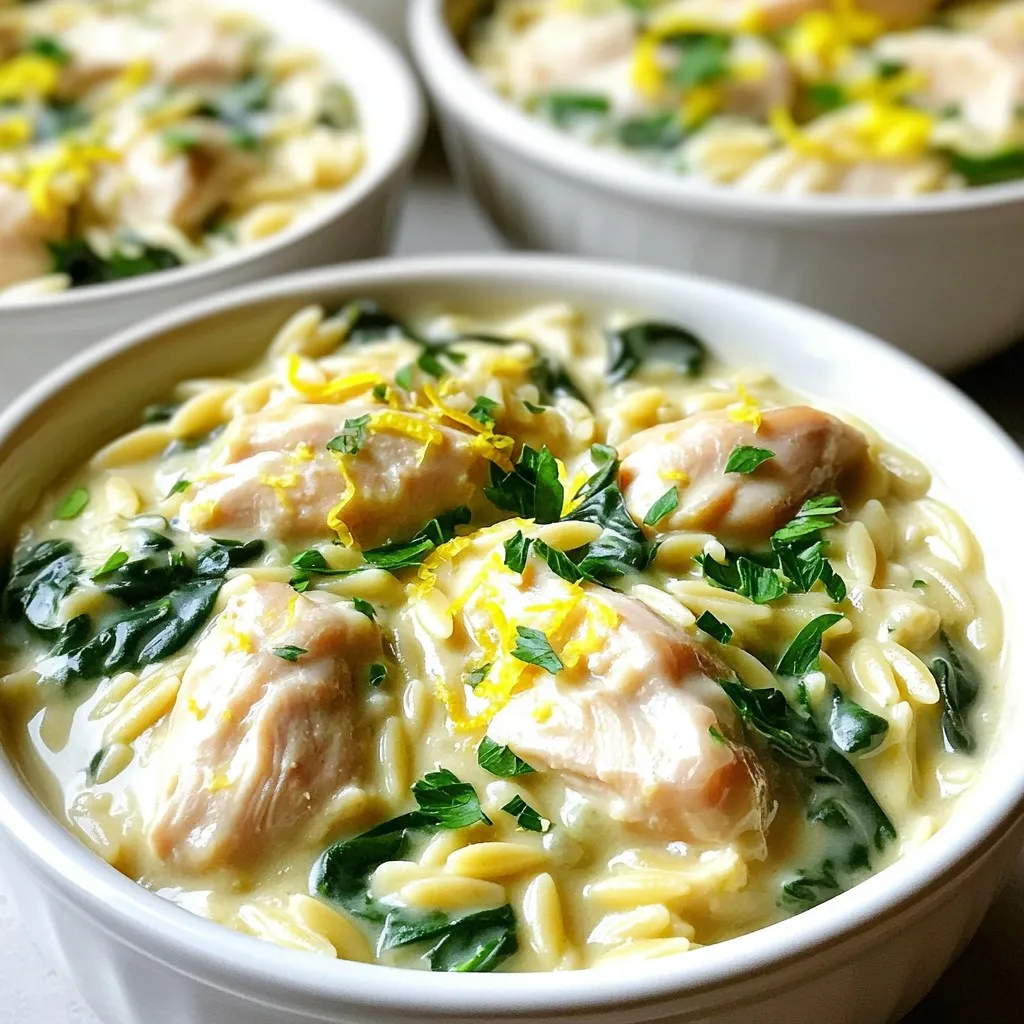 The heart of this dish lies in its main ingredients. You need: - 1 lb (450g) boneless, skinless chicken thighs, diced - 1 cup orzo pasta - 4 cups low-sodium chicken broth - 1 cup heavy cream The chicken thighs give a rich flavor. They cook well and stay juicy. Orzo is a fun pasta that absorbs the sauce nicely. The heavy cream adds a smooth texture and makes the dish creamy. Next, we add aromatics to build flavor. You will need: - 3 cloves garlic, minced - 1 small onion, diced Garlic brings a strong taste that pairs well with chicken. Onions add sweetness as they cook down. Together, they create a tasty base for your dish. Sauté them until the onion turns soft and translucent. Lemon zest and spices brighten up the dish. Gather these: - 1 lemon, zested and juiced - 2 tablespoons olive oil - 1 teaspoon dried oregano - Salt and pepper to taste - Fresh parsley, chopped (for garnish) Lemon zest adds a fresh zing. The juice balances the creaminess. Oregano gives an earthy note that complements the chicken. Season with salt and pepper to enhance all the flavors. Lastly, use fresh parsley as a garnish for a pop of color and freshness. Start by heating olive oil in a large pot over medium heat. Once hot, add diced chicken thighs. Season them with salt, pepper, and oregano. Cook the chicken for about 5 to 7 minutes. Make sure it turns brown on all sides. When done, remove the chicken and set it aside. It’s important to do this in batches if your pot is small. This way, the chicken browns nicely. In the same pot, add the diced onion. Sauté it for about 3 minutes until it looks translucent. Then, add the minced garlic and stir for another minute. Be careful not to let the garlic burn, as it can spoil the flavor. The aroma will be amazing, and your kitchen will smell great! Now, pour in 4 cups of chicken broth. Bring it to a gentle boil. Once boiling, add 1 cup of orzo pasta. Stir well to avoid sticking. Cook it for about 8 to 10 minutes until the orzo is tender. After that, reduce the heat to low. Stir in 1 cup of heavy cream, lemon zest, and lemon juice. Add the browned chicken back into the pot. Let everything heat through for 2 to 3 minutes. Finally, fold in 1 cup of chopped spinach. Allow it to wilt into the mixture. Season to taste with salt and pepper, and enjoy the creamy goodness! To get that creamy texture, start with heavy cream. After cooking the orzo, add the cream slowly. Stir well to blend it with the other ingredients. The lemon zest and juice add brightness but keep the focus on the cream. If it seems too thick, add a splash of chicken broth. For extra creaminess, use cream cheese or mascarpone. Cooking the chicken first adds depth. Brown the chicken to create a nice crust. This step adds flavor to the pot. Next, sauté the onion until soft. This builds a solid base for the dish. Adding garlic just before the broth brings out its aroma. Always taste and adjust seasoning as you go. A little extra salt can really enhance the flavors. Use diced chicken thighs for quick cooking. They cook faster than larger cuts. Pre-chop your garlic and onion ahead of time. You can also measure out the orzo and broth in advance. One-pot meals save time on cleanup too. You can serve directly from the pot. This dish is quick, taking only about 30 minutes from start to finish. {{image_2}} You can swap chicken for other proteins. Try diced turkey or shrimp. Both cook quickly and taste great in this dish. You can even use tofu for a vegetarian option. Just remember to adjust cooking times. If you use shrimp, cook it until just pink. For turkey, follow the same steps as chicken. Spinach adds a lovely touch to the dish. You can also use kale or peas. Broccoli florets work well too. Just add them when you mix in the orzo. This way, they soften but stay bright. You can sneak in more veggies. Carrots or bell peppers add color and nutrients. To make this dish gluten-free, use gluten-free orzo. Many brands offer tasty options. For a dairy-free version, replace heavy cream with coconut milk. This gives a creamy taste, plus a hint of sweetness. You can also use almond milk with a bit of cornstarch for thickness. Just modify to fit your taste! To store leftovers, let the dish cool down to room temperature. Then, transfer it to an airtight container. This helps keep the flavors fresh. You can keep the One Pot Creamy Lemon Chicken Orzo in the fridge for about three to four days. Make sure to label the container with the date to track freshness. When reheating, I recommend using the stovetop for the best results. Pour the orzo into a saucepan. Add a splash of chicken broth or cream to help keep it creamy. Heat it over medium heat, stirring often. This will bring back the dish's lovely texture and flavor. Avoid using the microwave, as it can make the orzo mushy. If you want to freeze the dish, it’s best to do it before adding the spinach. Cook and cool the orzo mixture, then place it in a freezer-safe container. It can last up to three months in the freezer. When you’re ready to eat, thaw it in the fridge overnight. Then, reheat it on the stovetop and add fresh spinach right before serving. This keeps the spinach vibrant and tasty. Yes, you can use other pasta shapes. I recommend small shapes like ditalini or shells. These pasta types cook well and soak up the creamy sauce. Just adjust the cooking time as needed. Check the package for timing. To add heat, try these options: - Add red pepper flakes to the chicken while cooking. - Mix in diced jalapeños with the onion. - Serve with a spicy hot sauce on the side. These choices bring a kick without losing the dish's creamy charm. Pair this dish with light sides like: - A fresh green salad with lemon vinaigrette. - Steamed broccoli or asparagus for crunch. - Garlic bread to soak up the creamy sauce. These options balance the meal and add more flavors. This blog post covered the essentials of creating a tasty one-pot creamy lemon chicken orzo. We explored main ingredients, cooking steps, and flavor tips. Remember, you can substitute proteins or add veggies for variety. Store leftovers properly, and don’t hesitate to get creative with spices. Making this dish can be quick and fun, even for busy cooks. Enjoy the rich flavors, and share it with friends. Happy cooking!
