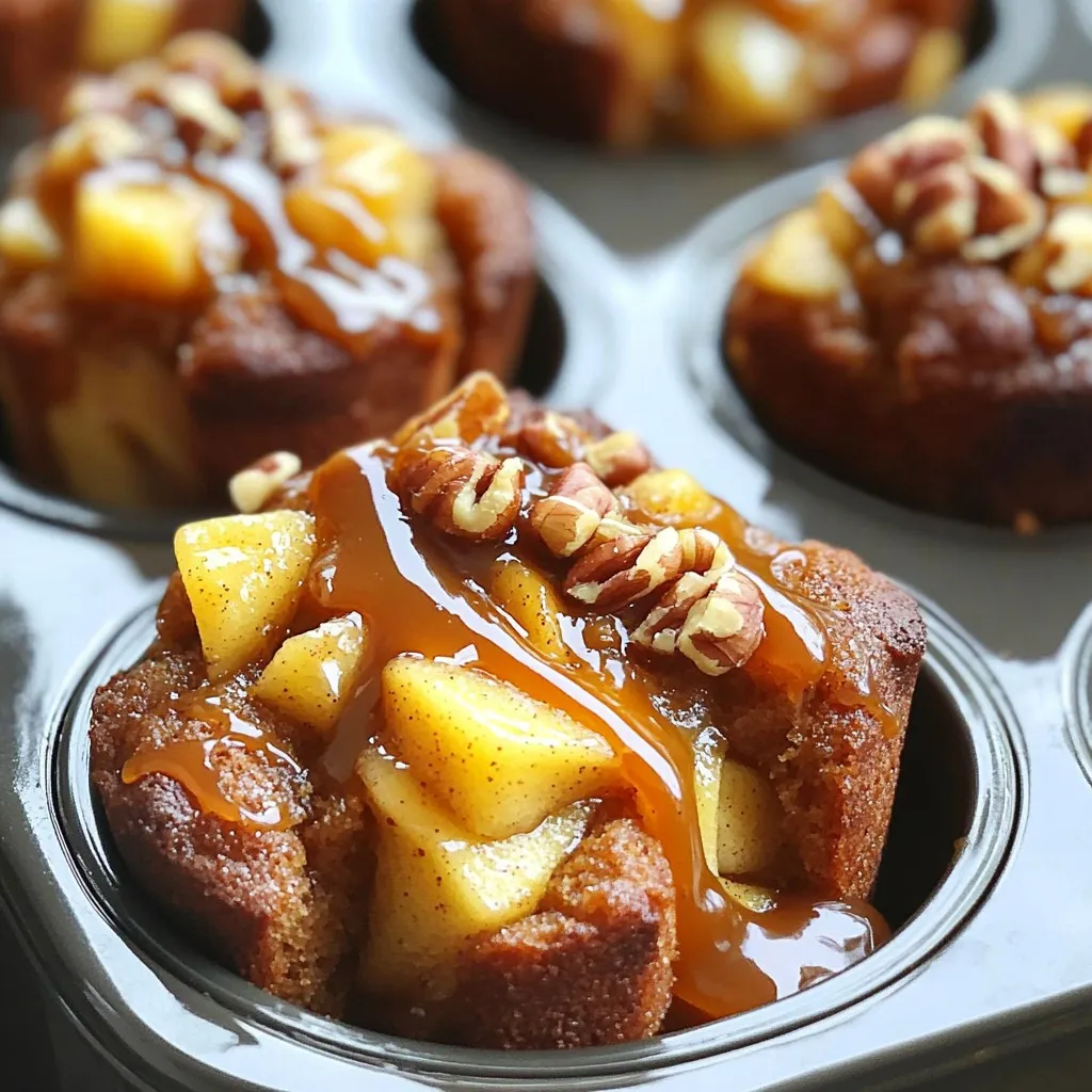 To make Caramel Apple Monkey Bread Muffins, gather these ingredients: - 2 cups apple pie filling, diced into small pieces - 1 can (16 oz) refrigerated biscuit dough - 1/2 cup brown sugar - 1/4 cup granulated sugar - 1 teaspoon cinnamon - 1/4 cup unsalted butter, melted - 1/2 cup caramel sauce (store-bought or homemade) - Optional: Chopped nuts or granola for topping For the best flavor, choose high-quality apple pie filling. Look for one that uses real apples and has a rich flavor. Use fresh, soft biscuit dough for soft muffins. When selecting caramel sauce, opt for a brand that has a smooth texture and a rich taste. If you can, make your own caramel sauce for an extra touch of flavor. You can easily adjust this recipe for different dietary needs: - If you want a healthier option, use whole wheat biscuit dough. - For a dairy-free version, swap the butter for coconut oil or a vegan butter. - If you need to avoid sugar, try using a sugar substitute like stevia. - For nut allergies, skip the chopped nuts and use seeds or granola instead. 1. First, preheat your oven to 350°F (175°C). This step warms your oven for baking. 2. Grease a standard muffin tin with non-stick spray. This helps the muffins release easily. 3. Next, mix the brown sugar, granulated sugar, and cinnamon in a medium bowl. Set that aside. 4. Open the can of biscuit dough. Separate each biscuit and cut them into quarters. 5. In a large bowl, combine the biscuit pieces with diced apple pie filling. Toss them gently. 6. Dip each biscuit piece into melted butter. Then, roll it in the sugar-cinnamon mix until coated. 7. Place a layer of coated biscuit pieces and apple filling in the muffin tin. Fill each cup halfway. 8. Drizzle some caramel sauce over the biscuit pieces in each muffin cup. 9. Keep layering with more biscuit pieces and apple filling. Fill each cup nearly to the top. 10. Drizzle the remaining caramel sauce over the tops of the muffins. 11. Optionally, sprinkle chopped nuts or granola on top for extra crunch. 12. Bake in the preheated oven for 20-25 minutes. Look for a golden brown color. 13. The muffins are done when they are golden brown and cooked through. 14. Remove them from the oven and let them cool slightly. 15. Use a toothpick or knife to gently pull them out of the muffin tin. 16. Serve them warm. Enjoy the delicious gooey, caramel-drizzled goodness! To bake your muffins evenly, preheat your oven to 350°F (175°C). Always use a greased muffin tin. This helps the muffins rise and cook well. Place the muffin tin in the center of the oven. This allows hot air to flow around the muffins. Avoid opening the oven too often. This can change the temperature and affect baking time. You can boost flavors by adding nuts or granola on top. They add a nice crunch. If you want extra sweetness, drizzle more caramel sauce on top. You can also mix in spices like nutmeg or ginger for a warm taste. Try adding raisins or dried cranberries. They pair well with apples and add a chewy texture. One common mistake is over-mixing the biscuit dough. This can make your muffins tough. Just mix until the ingredients are combined. Also, be careful not to overfill the muffin cups. Leave space for the muffins to rise. Lastly, always check for doneness with a toothpick. If it comes out clean, your muffins are done! {{image_2}} You can swap out apple pie filling for other fruits. Try peach, cherry, or even blueberry pie filling. Each fruit gives a unique taste. Mixing fruits can also create fun flavors. For instance, apple and cherry together can surprise your taste buds. Just make sure the fruit is diced small for even cooking. Add some zest to your dough! You can mix in vanilla extract or almond extract. These flavors boost the taste without much work. A pinch of nutmeg or allspice adds warmth, too. For a fun twist, try adding cocoa powder for a chocolatey touch. You could also fold in some chopped nuts for extra crunch. Toppings can take your muffins to the next level! Try drizzling melted chocolate over the top for a sweet finish. You can also sprinkle powdered sugar for a simple, pretty look. If you want a sweeter touch, make a glaze from powdered sugar and milk. For added texture, sprinkle chopped nuts or granola on top before baking. These will give your muffins a nice crunch! To keep your caramel apple monkey bread muffins fresh, let them cool first. Place them in an airtight container. You can store them at room temperature for up to two days. If you want them to last longer, keep them in the fridge. They will stay good for about a week in the fridge. Reheating your muffins is easy. You can use a microwave or an oven. If using a microwave, heat each muffin for about 15-20 seconds. This warms them and keeps the caramel gooey. If you prefer the oven, preheat it to 350°F (175°C). Warm the muffins for about 5 to 10 minutes. This method helps keep the outside crisp. Freezing muffins is a great way to save some for later. Wrap each muffin in plastic wrap. This helps prevent freezer burn. Place the wrapped muffins in a freezer-safe bag or container. They can last up to three months in the freezer. When you want to enjoy one, just take it out and let it thaw at room temperature. You can also reheat it straight from the freezer. Yes, you can use homemade biscuit dough. It gives your muffins a fresh taste. Just ensure the dough is soft and easy to work with. Cut it into small pieces like the canned dough. This will help the muffins bake evenly and remain fluffy. You can use many things if you don't have caramel sauce. Try using honey or maple syrup for a different flavor. You can also use melted chocolate for a sweet twist. If you want a fruity kick, a drizzle of apple or butterscotch sauce works well too. To make these muffins ahead, prepare the dough and filling the night before. Keep the biscuit pieces and apple filling in separate bowls. When ready to bake, just mix them and layer them in the muffin tin. This will save time and keep your muffins fresh! This blog post covered the key ingredients needed for Caramel Apple Monkey Bread Muffins. You learned how to prepare, bake, and tell when they are done. I shared tips for even baking and flavoring, plus ideas for toppings. We explored storage methods to keep your muffins fresh. Remember, you can customize the recipe to fit dietary needs. Enjoy these muffins warm or frozen. Get creative and make them your own!