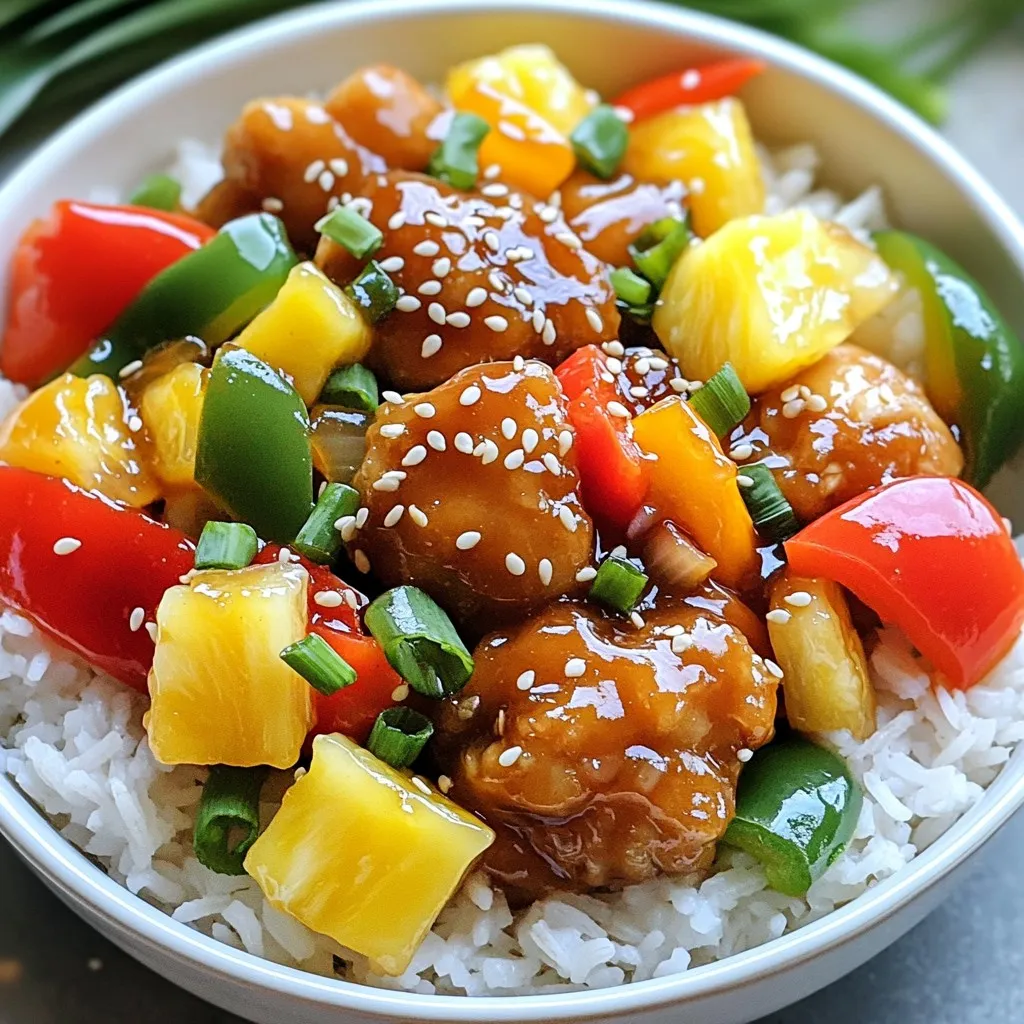 - 1 lb boneless, skinless chicken thighs, cut into bite-sized pieces - 1 cup bell peppers (red, green, and yellow), sliced - 1 cup pineapple chunks, fresh or canned - 1 medium onion, diced - 2 cloves garlic, minced - 1-inch piece ginger, grated - ¼ cup soy sauce - ¼ cup apple cider vinegar - ¼ cup honey - 1 tablespoon cornstarch - 2 tablespoons sesame oil - 2 cups cooked jasmine rice - Sesame seeds and sliced green onions for garnish I love using chicken thighs for this dish because they stay juicy. The bell peppers add color and crunch. Pineapple chunks bring a sweet burst of flavor. For the sauce, I mix soy sauce, apple cider vinegar, honey, and cornstarch. This blend gives the bowl that classic sweet and sour taste. Garlic and ginger are key aromatics in this recipe. They add a fragrant kick that makes the dish shine. Sesame oil adds a rich, nutty taste that enhances everything. You’ll serve this over fluffy jasmine rice for a complete meal. Finally, don’t forget the garnishes! Sesame seeds and sliced green onions make the dish look great and add extra flavor. These ingredients come together to create a bowl that beats takeout every time. Preparing the Sweet and Sour Sauce To make the sweet and sour sauce, mix these ingredients in a large bowl: - ¼ cup soy sauce - ¼ cup apple cider vinegar - ¼ cup honey - 1 tablespoon cornstarch Stir until all is well combined. This sauce gives your dish its sweet and tangy kick. Cutting and Marinating the Chicken Take 1 pound of boneless, skinless chicken thighs. Cut them into bite-sized pieces. This size helps them cook evenly. You can marinate the chicken in the sweet and sour sauce for extra flavor. Searing the Chicken Heat 1 tablespoon of sesame oil in a large skillet or wok on medium-high heat. Add the diced chicken and cook until golden brown, about 5 to 7 minutes. This step builds flavor. Sautéing Aromatics Add 2 cloves of minced garlic and 1-inch grated ginger to the skillet. Sauté for 1 minute until you smell the aroma. This adds depth to your dish. Combining Ingredients Stir in 1 medium diced onion and 1 cup of sliced bell peppers. Cook for another 3 to 4 minutes. The goal is tender-crisp veggies. Once ready, pour in the sweet and sour sauce and add 1 cup of pineapple chunks. Let it simmer for 4 to 5 minutes. Stir occasionally until the sauce thickens and coats the chicken and vegetables. Plating the Dish Serve the sweet and sour chicken over 2 cups of cooked jasmine rice. This rice is fluffy and pairs well with the dish. Garnishing Techniques Finish off with sesame seeds and sliced green onions. This gives a pop of flavor and makes your dish look great. Enjoy your homemade meal! - Optimal Chicken Cooking Technique: I love using boneless, skinless chicken thighs for this dish. They stay juicy and tender. Cook them in a hot skillet with sesame oil. Aim for a golden brown color, which takes about 5-7 minutes. This creates a nice sear that adds flavor. - Enhancing Flavor with Fresh Ingredients: Fresh ingredients make a huge difference. Use bright bell peppers and ripe pineapple chunks. These add crunch and sweetness. Garlic and ginger give a fragrant kick. Always choose fresh to boost taste. - Overcooking the Vegetables: It's easy to overcook the vegetables. Remove them when they are tender-crisp. This keeps their vibrant colors and crunch. They should still have a little bite when you serve. - Using Too Much Cornstarch: Be careful with cornstarch. Just a tablespoon is enough for thickening. Too much can make the sauce gummy. You want it glossy, not sticky. - Best Skillets or Woks for Stir-frying: A large skillet or a wok works best for this recipe. A non-stick skillet helps prevent sticking. A well-seasoned wok gives you great heat distribution. Both let you cook fast while stirring, which is key for stir-frying. {{image_2}} If you want to switch it up, try using beef, tofu, or shrimp. - For beef, choose flank steak or sirloin. Cut it thin and cook quickly. - Tofu works well for a plant-based option. Use firm tofu and press it first. - Shrimp cooks fast and adds a nice touch. Just make sure to peel and devein them. For a vegetarian or vegan meal, you can swap the chicken for some great alternatives. - Use mushrooms for a meaty texture. Shiitake or portobello are great choices. - Eggplant also absorbs flavors well. Cube it and sauté until soft. - Tempeh is another option. Crumble it for a texture similar to ground meat. Feel free to play with the veggies and sauce! - Try snow peas, broccoli, or carrots for a different crunch. - You can mix in zucchini or snap peas for extra color. - For the sauce, swap honey with maple syrup for a vegan twist. - Using rice vinegar instead of apple cider vinegar adds a nice tang too. To store your sweet and sour chicken bowls, let them cool first. Place them in a shallow dish to speed up cooling. Once cooled, cover the dish tightly with plastic wrap or transfer the food to an airtight container. This keeps the dish fresh and prevents it from absorbing other smells in the fridge. You can safely store it in the refrigerator for up to three days. When you're ready to enjoy it again, reheat it in the microwave or on the stovetop. You can freeze these bowls for later use. First, let the dish cool completely. Portion the chicken and rice into freezer-safe containers. Leave some space at the top for the food to expand when frozen. Label each container with the date and contents. You can freeze them for up to three months. To reheat, take the bowl out of the freezer and let it thaw overnight in the fridge. Then, heat it in the microwave or on the stovetop until hot. Choose airtight containers for the best results. Glass containers work well as they are sturdy and do not stain. If you prefer plastic, make sure they are BPA-free and labeled as freezer-safe. Using containers with a tight seal prevents freezer burn and keeps the flavors locked in. You can also use freezer bags for easy storage and stacking. Just squeeze out as much air as possible before sealing. The best chicken for sweet and sour bowls is boneless, skinless chicken thighs. They stay juicy and tender during cooking. Chicken thighs also soak up flavors well, adding a rich taste to your dish. Yes, you can make this recipe ahead of time. Cook the chicken and sauce, then store them in the fridge. When ready to serve, reheat in a pan. Cook the rice fresh for the best taste. To adjust the sweetness or tanginess, you can add more honey for sweetness or more apple cider vinegar for tanginess. - Tips for balancing flavors: Start with small amounts. Taste as you go. This way, you can find the right flavor balance. - Substituting ingredients if needed: If you don't have honey, use brown sugar or maple syrup. If you need a vinegar swap, try rice vinegar for a milder taste. This guide on making a sweet and sour dish covers all you need. You learned about key ingredients, step-by-step instructions, tips for better results, and variations. Each element helps you create a meal that beats takeout. Remember to store leftovers well and have fun experimenting with different ingredients. Cooking can be simple and rewarding. Enjoy your delicious dish!