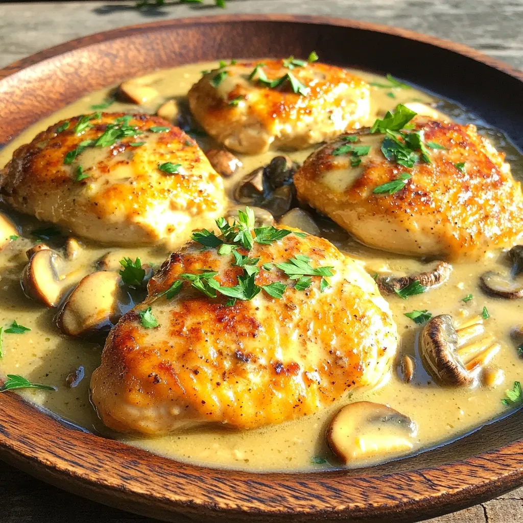 - 4 chicken cutlets (about 1 pound) - 2 tablespoons olive oil - 1 cup mushrooms, sliced (cremini or button) - 3 cloves garlic, minced - 1 cup chicken broth (low sodium) - 1 cup heavy cream - 1 teaspoon dried thyme - Salt and pepper to taste The main ingredients for this dish are simple yet flavorful. The chicken cutlets are the star of the show. I recommend using fresh chicken cutlets for the best taste. Olive oil gives the chicken a nice sear. Mushrooms add depth with their earthy flavor. Garlic brings a punch, making everything taste better. Low-sodium chicken broth keeps the dish light. Heavy cream gives a rich, smooth finish. Dried thyme adds a lovely herb note. Don’t forget to season with salt and pepper to bring all the flavors together. - Fresh parsley for garnish - Alternative broth options Fresh parsley is a great touch for color and taste. It brightens the dish and makes it look inviting. You can also swap the chicken broth for vegetable broth if you want a different flavor. This option works well, especially if you choose to go meatless. - Season the chicken cutlets: Start by sprinkling salt, pepper, and dried thyme on both sides of the chicken cutlets. This step adds great flavor. - Heat the skillet: Take a large skillet and put it on medium-high heat. Add 2 tablespoons of olive oil and let it warm up. - Sear the chicken cutlets: Place the seasoned chicken cutlets in the hot skillet. Cook for 4-5 minutes on each side until they turn golden brown. Once cooked, remove them and set aside. - Sauté mushrooms and garlic: In the same skillet, add 1 cup of sliced mushrooms. Cook them for about 5 minutes. They should become browned and tender. Next, stir in 3 cloves of minced garlic. Cook for 1 minute until it smells nice. - Create the creamy sauce: Now it’s time to make the sauce! Pour in 1 cup of low-sodium chicken broth. Scrape the bottom of the pan to mix in those tasty bits. Let it simmer for about 2-3 minutes. Then, reduce the heat and stir in 1 cup of heavy cream. - Combine chicken with the sauce: Return the chicken cutlets to the skillet. Let them simmer in the creamy sauce for 5-7 minutes. Make sure the chicken reaches an internal temperature of 165°F. - Adjust seasoning: Taste the sauce and add more salt and pepper to your liking. This step is key to enhancing the flavors. - Garnish and serve: Remove the pan from heat. Sprinkle fresh chopped parsley on top before serving. This adds a nice touch and color to your dish. To get golden-brown cutlets, start with dry chicken. Pat them with a paper towel. Season both sides well with salt, pepper, and dried thyme. Heat olive oil in a large skillet over medium-high heat. When the oil shimmers, add the chicken cutlets. Cook for 4-5 minutes on each side. This will give you the nice color and flavor. After cooking, let the chicken rest for a few minutes. This keeps it juicy. For perfect sautéed mushrooms, heat the skillet before adding them. Use medium heat and add sliced mushrooms in a single layer. Leave space so they can brown. Stir them gently after 3-4 minutes. This helps avoid soggy mushrooms. Cook until they are browned and tender, about 5 minutes. Add garlic next and stir for just one minute. This brings out the garlic's best flavor. You can add flavor to the sauce with a few tweaks. Try adding a splash of white wine for depth. For a hint of spice, add red pepper flakes. If you want a creamier sauce, use more heavy cream. You can also swap in chicken broth for vegetable broth for a lighter taste. Adjust the seasoning with more salt and pepper as needed. Taste as you go to find your perfect balance. {{image_2}} You can easily swap out proteins in this dish. Turkey cutlets or pork cutlets work well too. They cook similarly and soak up flavor nicely. If you want a vegan version, use plant-based cream. Coconut cream or cashew cream adds a rich taste without the dairy. To spice things up, try adding paprika or Italian seasoning. These spices can give your dish a new twist. For a veggie boost, mix in spinach or bell peppers. They add color and nutrients, making your meal more exciting. Pair this creamy dish with sides like steamed veggies or mashed potatoes. They balance the rich sauce well. You can also use the chicken cutlets in pasta. Toss them with your favorite noodles for a hearty meal. Another fun idea is to make a sandwich. Layer the chicken and sauce in a bun for a tasty lunch option. To store your One-Pan Creamy Garlic Mushroom Chicken Cutlets, let them cool first. Place the cutlets and sauce in an airtight container. This keeps them fresh and prevents odors. In the fridge, they last up to three days. Always check for any strange smells or changes before eating. If you want to save some for later, freezing is a great option. Divide the chicken and sauce into meal-sized portions. Use freezer bags or airtight containers to avoid freezer burn. They can stay frozen for up to three months. When ready to enjoy, thaw overnight in the fridge. To reheat, use a stovetop for best results. Warm the chicken and sauce in a skillet over low heat. Stir gently to maintain creaminess. Avoid high heat, as it can curdle the cream. If you need to use a microwave, do so in short bursts. Check often to prevent overcooking. Enjoy your creamy chicken cutlets just like the first time! To make One-Pan Creamy Garlic Mushroom Chicken Cutlets gluten-free, swap the chicken broth for a gluten-free version. You can find many brands at the store. Also, ensure the heavy cream is pure and free from additives that contain gluten. Yes, you can use frozen chicken cutlets. If you cook from frozen, add extra time to your cooking. Sear the cutlets for 6-7 minutes on each side. Ensure they reach an internal temperature of 165°F to be safe to eat. I love serving these cutlets with mashed potatoes or steamed veggies. The creamy mushroom sauce pairs well with both. You can also add a fresh salad for a light touch. Enjoy the meal with a side of crusty bread to soak up the sauce! This blog post covered how to make One-Pan Creamy Garlic Mushroom Chicken Cutlets. You learned about key ingredients, preparation steps, and cooking tips. We discussed variations and storage methods for your convenience. In the end, use this recipe to impress your family or friends. With a few simple tweaks, you can make it your own. Enjoy cooking and savoring each bite!