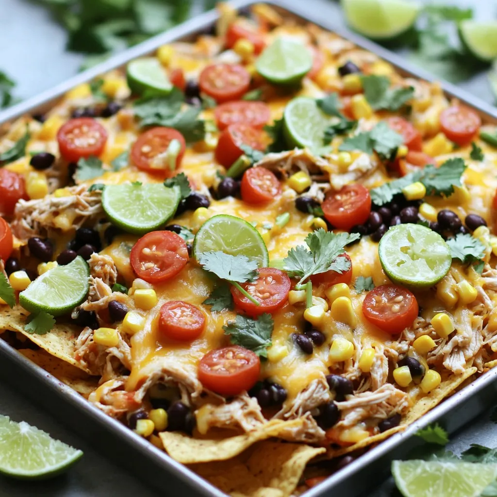 To make these tasty nachos, gather these ingredients: - 2 cups cooked shredded chicken (rotisserie is great) - 1 can black beans, drained and rinsed - 1 cup corn kernels (fresh, frozen, or canned) - 1 cup cherry tomatoes, halved - 1 cup shredded cheddar cheese - 1 cup shredded Monterey Jack cheese - 1/4 cup chopped fresh cilantro - 2 tablespoons chipotle in adobo sauce, minced - 1 tablespoon lime juice - 1 teaspoon cumin - 1 teaspoon garlic powder - Salt and pepper to taste - Tortilla chips (enough to cover a large baking sheet) - Lime wedges for serving You can swap some ingredients to fit your taste. Use any cooked chicken you have. For beans, black beans work well, but pinto beans or kidney beans can also be good. If you don’t like corn, leave it out. You can add bell peppers instead. For cheese, try pepper jack for a spicy kick or just use one type of cheese. If you lack fresh cilantro, parsley is a fine substitute. Using fresh ingredients makes a big difference. Fresh corn adds sweetness and crunch. Juicy cherry tomatoes bring brightness and flavor. Fresh cilantro gives a nice herbal note. When ingredients are fresh, they taste better and make your nachos more enjoyable. Plus, fresh ingredients often pack more nutrients. So, choose wisely and enjoy the flavors! First, I set my oven to 400°F (200°C). This ensures the nachos bake evenly. Next, I gather all my ingredients. I use 2 cups of cooked shredded chicken, which can be rotisserie chicken for ease. I also grab a can of black beans, corn kernels, and cherry tomatoes. These ingredients add flavor and texture. I mince 2 tablespoons of chipotle in adobo sauce and squeeze 1 tablespoon of lime juice. I add a teaspoon of cumin and garlic powder, along with salt and pepper to taste. This mix brings a great kick to the dish. On a large sheet pan, I spread out a layer of tortilla chips. I make sure they cover the pan well. This base holds all the toppings nicely. Then, I take my chicken mixture from the bowl and spoon it over the chips. I aim to distribute it evenly, so every chip gets some goodness. After that, I sprinkle cheddar and Monterey Jack cheese on top. The cheese will melt beautifully and bind everything together. Now, I place the sheet pan in the oven. I bake the nachos for 15 to 20 minutes. I watch closely until the cheese is melted and bubbly. Once done, I take them out and let them cool for a minute. This step helps prevent burns. Finally, I sprinkle fresh cilantro on top for a burst of flavor. I serve the nachos with lime wedges on the side. The lime adds a zesty kick that brightens the dish! To get that perfect cheese melt, use a mix of cheddar and Monterey Jack cheese. These two cheeses melt well together and create a creamy texture. Make sure to sprinkle the cheese evenly over the chicken. This way, every bite gets that gooey goodness. Bake the nachos until the cheese is bubbly. This usually takes about 15 to 20 minutes at 400°F. If you want an extra crispy top, broil for a minute at the end. Just watch closely so it doesn't burn! Serve your nachos hot out of the oven. This keeps them crunchy and delicious. Add lime wedges on the side. A squeeze of fresh lime juice brightens the flavors. You can also top your nachos with extra cilantro for freshness. For added texture, consider adding sliced jalapeños or diced avocado. These toppings make each bite exciting and flavorful. You can easily adjust the heat level to your taste. If you like it spicy, add more chipotle in adobo sauce to the chicken mix. Start with one tablespoon and test the heat. If it’s not enough, add more. For milder nachos, reduce the chipotle. You can also leave out the minced chipotle and use regular salsa instead. This way, everyone can enjoy nachos that suit their spice level! {{image_2}} You can easily switch the chicken for tasty veggies. Try using roasted peppers, mushrooms, or zucchini. Black beans and corn are great protein sources. Add some avocado for creaminess. You can even use roasted chickpeas for crunch. These swaps keep the dish hearty and delicious. If you want to mix it up, consider different meats. Ground turkey or beef can add a nice touch. For a lighter option, use shredded turkey. You can also use shrimp for a seafood twist. Just cook the protein before adding it to the nachos. This keeps the flavors bright and fresh. Want to elevate your nachos? Add jalapeños for heat or fresh lime zest for zing. A dollop of sour cream brings creaminess. You can sprinkle pickled onions for a sweet and tangy bite. Fresh herbs like cilantro or parsley can brighten every bite. Try adding different cheeses, like pepper jack, for extra flavor. You can keep your nachos in the fridge for up to three days. Let them cool down first. Then, place the nachos in an airtight container. This helps keep them fresh and tasty. If you have leftover toppings, store them in separate containers. This prevents sogginess and keeps flavors intact. To reheat your nachos, use the oven for best results. Preheat the oven to 350°F (175°C). Spread the nachos on a baking sheet. Heat for about 10 minutes, or until warm. This method keeps the chips crispy. You can also use the microwave, but it may make the chips soft. Heat in short bursts of 20-30 seconds. Check often to avoid overcooking. Freezing nachos is possible, but some parts may lose texture. If you want to freeze them, it’s best to freeze the chicken mixture and chips separately. Place each in a freezer-safe bag or container. Label with the date and use within three months. To enjoy, thaw the mixture overnight in the fridge. Reheat the chicken and assemble the nachos again before baking. Yes, you can use fresh chicken. Start by cooking it first. Grill, bake, or boil the chicken. Once cooked, shred it using two forks. This step adds great flavor and keeps the chicken moist. You can season it with salt, pepper, and lime juice for extra taste. To spice up your nachos, you have several options. First, use more chipotle in adobo sauce. This sauce has a smoky heat that works well. Second, add sliced jalapeños on top before baking. Third, try a spicy cheese blend for an extra kick. Finally, serve with a hot salsa on the side. The best toppings for nachos are fun and varied. Here are some favorites: - Sliced black olives - Diced red onions - Avocado or guacamole - Sour cream or Greek yogurt - Fresh jalapeños - Extra cheese for more gooeyness - Fresh cilantro for a burst of flavor These toppings can add color, texture, and flavor to your nachos. Mix and match to find your favorite combination! In this post, I covered all you need to know about making delicious nachos. We started with the ingredients, noting the importance of freshness and substitutions. Then, I shared step-by-step instructions for assembling and baking your nachos. I included tips for the perfect melt and customization ideas. Lastly, I provided storage methods and answers to common questions. Making nachos can be fun and tasty. Use these tips to create a dish you love!