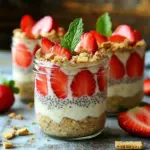 For this delightful Strawberry Shortcake Overnight Oats recipe, you will need: - 1 cup rolled oats - 1 ½ cups almond milk (or any milk of choice) - 1 tablespoon maple syrup (or honey) - ½ teaspoon vanilla extract - ½ cup Greek yogurt (plain or vanilla) - 1 cup strawberries, hulled and sliced - 2 tablespoons chia seeds - 1 tablespoon crushed graham crackers (for topping) - Mint leaves for garnish (optional) You can easily swap out some ingredients to fit your taste or needs. Here are some great options: - Milk: Use oat milk, soy milk, or coconut milk instead of almond milk. - Sweetener: Agave syrup or brown sugar can replace maple syrup. - Greek Yogurt: You can use dairy-free yogurt for a vegan option. - Chia Seeds: Flax seeds work well if you don’t have chia seeds on hand. - Graham Crackers: Try crushed nuts or granola for a different topping. Each serving of these Strawberry Shortcake Overnight Oats offers a healthy balance: - Calories: 320 - Protein: 10g - Fat: 9g - Carbohydrates: 52g - Fiber: 10g - Sugar: 8g These oats give you energy and keep you full. They also offer a good amount of fiber, which is great for digestion. Enjoy this tasty and nutritious breakfast! Making Strawberry Shortcake Overnight Oats is simple and fun. You gather all your ingredients first. This recipe takes only ten minutes. You will need rolled oats, almond milk, maple syrup, vanilla, Greek yogurt, strawberries, chia seeds, and graham crackers. 1. In a big bowl, mix the rolled oats and almond milk. 2. Add maple syrup, vanilla extract, Greek yogurt, and chia seeds. Stir well. 3. Fold in half the sliced strawberries. Save the rest for later. 4. Split the mix into two jars. Press it down a bit to pack it. 5. Cover the jars with lids. Place them in the fridge overnight. 6. When ready to eat, take the jars out. Top with the remaining strawberries and graham crackers. 7. You can add mint leaves for a fresh look. Keep the jars tightly closed in the fridge. This helps the oats soak and get soft. The oats will absorb liquid well. This makes them creamy and tasty. You can make these oats up to three days ahead. Just store them in the fridge. To get that creamy texture, use rolled oats. They soak up the milk well. Always mix the oats with the liquid and yogurt first. This helps them soften. Let your oats sit overnight; this is key. The longer they soak, the better they taste. If they seem too thick in the morning, add a splash of milk. Stir well to combine. You can switch up the sweeteners in this recipe. Maple syrup adds a nice flavor. If you prefer honey, that works too. For milk, almond milk is great, but any milk is fine. Try oat milk or coconut milk for a twist. You can even use yogurt alternatives for a vegan option. When you’re ready to eat, give the oats a good stir. Top with fresh strawberries and graham crackers for crunch. If you want, add a sprig of mint for color. This makes it look fancy! Serve it in the jar you made it in for fun. Remember, enjoy your oats cold for the best taste! {{image_2}} You can easily swap strawberries for other fruits. Peaches add a sweet, juicy touch. Just slice them up and mix them in like you would with strawberries. Blueberries work well too. Their tiny bursts of flavor brighten the dish. Just toss in a half-cup of either fruit. You can even mix and match! Want a vegan version? Simply use plant-based yogurt instead of Greek yogurt. Almond milk is already a great choice, but you can also try oat or coconut milk. Swap maple syrup for agave syrup if you need it. These changes keep the oats creamy and tasty without dairy. Seasonal toppings can make your oats even better. In summer, add fresh raspberries or blackberries. In fall, try sliced apples with a sprinkle of cinnamon. You can also mix in nuts or seeds for crunch. Crushed graham crackers are great, but consider adding granola for added texture. Mint leaves add a nice touch too, especially in warmer months. To keep your strawberry shortcake overnight oats fresh, use airtight containers. Glass jars work best. Make sure to seal them tightly. This prevents the oats from drying out or soaking up odors from the fridge. Store the jars in the refrigerator until you are ready to eat. Your overnight oats can last in the fridge for up to five days. If you want to keep them longer, consider freezing them. However, I recommend freezing them without the toppings. When freezing, use freezer-safe containers. They can last for up to three months in the freezer. To enjoy, thaw overnight in the fridge before serving. Overnight oats are best served cold, but you can warm them if you prefer. To reheat, remove the lid and microwave for about one minute. Stir well after heating. Then add your toppings, like fresh strawberries and graham crackers, for extra flavor. Enjoy these oats straight from the jar for a quick and tasty breakfast option! Yes, you can make these overnight oats ahead of time. In fact, I recommend it! You can prepare them the night before and let them sit in the fridge. This way, they will soak up the flavors and become super creamy. You’ll have a quick breakfast ready to go. These oats last up to five days in the fridge. Just keep them in airtight jars or containers. If you notice any changes in smell or texture, it’s best to toss them out. Always check for freshness before eating. If you don’t have chia seeds, you can use ground flaxseeds. They will give a similar texture. You can also skip them altogether. The oats will still taste great without them, but you’ll lose some thickness. Yes, overnight oats are quite healthy! They offer fiber from oats and protein from Greek yogurt. Plus, strawberries add vitamins and antioxidants. This recipe is low in added sugar, especially if you use less maple syrup or honey. Enjoying them can help you start your day right! In this post, we covered everything about overnight oats. We looked at key ingredients, substitutions, and nutritional details. I shared step-by-step instructions for perfect results. Tips for the best texture and customization ideas added variety. You learned about fruit options and how to store your oats. I answered common questions to clear doubts. Now, you're ready to enjoy delicious and healthy overnight oats. Experiment with flavors and enjoy the ease of this meal.