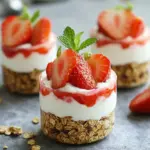 - 1 cup Greek yogurt (plain or vanilla flavored) - 4 oz cream cheese, softened - 2 tablespoons honey or maple syrup - 1 teaspoon vanilla extract - 1 scoop vanilla protein powder - 1 cup fresh strawberries, hulled and sliced - 1 cup granola or crushed digestive biscuits - Extra strawberries - Mint leaves When making No-Bake Strawberry Cheesecake Protein Cups, you need quality ingredients. Start with Greek yogurt. It gives a creamy base and adds protein. Cream cheese adds richness and a smooth texture, making each bite delightful. Next, sweeteners like honey or maple syrup balance the flavors. I prefer honey for its natural taste. Vanilla extract brings warmth and depth. The protein powder boosts nutrition while keeping the cheesecake light. Fresh strawberries are key in this recipe. They provide a juicy burst of flavor. Use ripe, sweet strawberries for the best taste. For the base, granola or crushed digestive biscuits add crunch and contrast. For garnishes, you can use extra strawberries to make it look pretty. Fresh mint leaves add a pop of color and a hint of freshness. These ingredients combine to create a delicious treat that is both satisfying and nutritious. To start, we need to make the cheesecake mixture. In a medium mixing bowl, combine 1 cup of Greek yogurt and 4 oz of softened cream cheese. Use a hand mixer to beat them until smooth and creamy. This is key for a nice texture. Next, add 2 tablespoons of honey or maple syrup, 1 teaspoon of vanilla extract, and 1 scoop of vanilla protein powder. Mix everything again until it’s fully combined and smooth. Now, let’s assemble the cups. Take your serving cups or small jars and put about 2 tablespoons of granola or crushed digestive biscuits at the bottom. This creates a tasty base layer. Spoon the cheesecake mixture over the granola, filling it about halfway. Then, evenly distribute half of the sliced strawberries over this layer. Next, add another layer of the cheesecake mixture until the cup is nearly full. For the final touches, top each cup with the remaining sliced strawberries and a sprinkle of granola. If you want a little extra flair, you can add a mint leaf on top. This adds a fresh touch. Now, it’s important to refrigerate the cheesecake cups for at least 2 hours before serving. This helps them set and makes them even more delicious! To get a smooth and creamy texture, start with softened cream cheese. Cold cream cheese makes it hard to mix. Use a hand mixer to blend Greek yogurt and cream cheese. Mix until it is silky smooth. Once smooth, add honey and vanilla. Mix again until it is fully blended. The right texture makes all the difference. For a pretty presentation, use clear cups or jars. This way, you show off the layers. You can also serve them on a colorful platter. Add fresh mint on top for a pop of color. For extra fun, pair these cups with dark chocolate or fruit skewers. They make a great snack or dessert! If you prefer less sugar, you can swap honey for stevia or monk fruit. These keep the sweetness without the extra calories. Just remember to adjust the amount since some sweeteners are stronger. This lets you customize the taste. {{image_2}} You can change the fruit in this recipe. Try using blueberries, raspberries, or blackberries. Each berry gives a unique taste. They also add color and nutrition. You can make a mixed berry version for fun! Fruit compotes or purees are another great choice. Cook down fruits like peaches or cherries with a bit of sugar. Once cooled, layer this compote in your cups. It adds a sweet and fruity twist. Want to make it dairy-free? Use coconut yogurt instead of Greek yogurt. Choose a dairy-free cream cheese as well. This keeps the same creamy texture without dairy. For protein powder, you can choose plant-based options. Pea protein or hemp protein works well. These options still give you the protein boost you need. Want to change up the taste? Adding spices can be a game changer. A pinch of cinnamon or nutmeg can enhance the flavor. These spices bring warmth and depth to your dessert. You can also infuse flavors using extracts. A drop of almond or lemon extract can brighten the taste. Experiment to find the flavor that you love most! To keep your cheesecake cups fresh, use airtight containers. Glass jars or plastic containers work great. Make sure they are sealed well to avoid air getting in. This helps keep the flavors strong and the texture nice. Store the cups in the fridge for up to three days. If you want to keep them longer, consider freezing. You can freeze these cheesecake cups, but there are a few steps to follow. First, let the cups cool completely in the fridge. Once cold, cover them well with plastic wrap or a lid. They can last in the freezer for about one month. When you want to eat them, take them out and let them thaw in the fridge overnight. Avoid using the microwave to thaw, as it can change the texture. Serve them cold for the best taste! No-Bake Strawberry Cheesecake Protein Cups can last up to 5 days in the fridge. Store them in airtight containers to keep them fresh. The longer they sit, the softer the layers may become. I recommend enjoying them within a few days for the best taste! Yes, you can make these cups vegan. Use dairy-free yogurt and cream cheese. Sweeteners like agave syrup are great for vegan recipes. Choose a plant-based protein powder. This way, you can still enjoy the creamy texture and sweet flavor without any animal products. The best protein powder to use is a vanilla-flavored one. Whey protein works well, but plant-based options are great too. Look for a protein that mixes well and has a good taste. Always check for added sugars or flavors that might change the taste of your cups. To make these cups gluten-free, choose gluten-free granola or crushed gluten-free biscuits for the base. Ensure all other ingredients, like protein powder, are free from gluten. This makes it easy for everyone to enjoy a tasty treat without worry! This blog post covered how to make delicious No-Bake Strawberry Cheesecake Protein Cups. We explored key ingredients like Greek yogurt and fresh strawberries. I provided step-by-step instructions and helpful tips for the best texture and presentation. Remember, you can customize these cups with various fruits and sweeteners to match your tastes. Enjoy making these cups for a snack or dessert, knowing they are both tasty and nutritious. Get creative and have fun with your flavors!