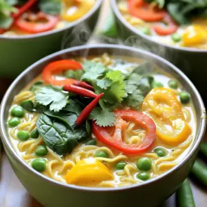 - 2 packs instant ramen noodles (discard seasoning packets) - 1 can (13.5 oz) coconut milk - 1 cup vegetable broth - 2 tablespoons red curry paste - 1 tablespoon soy sauce - 1 cup fresh spinach - 1 bell pepper, sliced (red or yellow for sweetness) - 1 cup snap peas - 1 tablespoon minced ginger - 2 garlic cloves, minced - 1 tablespoon lime juice - Fresh cilantro, for garnish - Sliced chili, for garnish (optional) The key to my Minute Thai Coconut Curry Ramen is using simple, fresh ingredients. First, I love the instant ramen noodles. They cook fast and soak up flavors well. Next is the coconut milk. It adds a creamy, rich taste that makes the broth comforting. I always choose vegetable broth for a light base. It pairs well with the red curry paste. The curry paste adds warmth and depth. A touch of soy sauce brings out the savory notes. For veggies, I use fresh spinach, bell pepper, and snap peas. They add color and crunch. Minced ginger and garlic give a nice zing. I finish with lime juice for brightness and balance. Finally, I love garnishing with fresh cilantro and optional sliced chili. They add a pop of flavor and color. Each ingredient plays a vital role in making this bowl a delicious comfort dish. Start by grabbing a medium saucepan. Add one can of coconut milk and one cup of vegetable broth. Stir them together until mixed well. Next, add two tablespoons of red curry paste and one tablespoon of soy sauce. Don't forget to add one tablespoon of minced ginger and two minced garlic cloves. Turn the heat to medium and let it simmer. This mix will smell amazing! While the broth simmers, take another pot and fill it with water. Bring it to a boil. Add two packs of instant ramen noodles. Let them cook for about three minutes, or until tender. Once done, drain the noodles and set them aside. Now, it's time to add some color and crunch. Add one sliced bell pepper and one cup of snap peas to your simmering broth. Cook these for about three to four minutes. You want them tender but still crisp. After that, stir in one cup of fresh spinach. Cook it for just one more minute until it wilts nicely. Once the veggies are ready, it's time to bring everything together. Add the cooked ramen noodles to the pot with the broth. Squeeze in one tablespoon of lime juice and stir gently. This adds a bright, fresh flavor. Taste the broth and adjust it if needed. You might want more soy sauce or lime juice. Serve the ramen hot in bowls. For garnish, sprinkle fresh cilantro on top. If you like heat, add sliced chili. Enjoy your tasty comfort bowl! To make your ramen pop, adjust the seasoning. Start with soy sauce. It adds depth and umami. If you like brightness, squeeze in lime juice. This cuts through the creaminess of the coconut milk. Taste as you go. Every bite should be balanced and flavorful. When cooking the vegetables, keep them tender yet crisp. Add bell peppers and snap peas to the broth first. Cook them for 3 to 4 minutes. This softens them while maintaining a nice crunch. After that, stir in the fresh spinach. It wilts quickly, adding color and nutrition. For busy days, prepare efficiently. Use instant ramen noodles to save time. They cook in just three minutes. While they boil, heat the coconut broth. This multitasking makes your meal quick and easy. You can enjoy a tasty bowl of ramen in just 15 minutes. {{image_2}} You can add proteins to make this dish more filling. Options include chicken, shrimp, or tofu. - Chicken: Use cooked, shredded chicken. It adds great flavor. - Shrimp: Toss in peeled shrimp and cook until pink. It cooks fast! - Tofu: For a vegetarian option, use firm tofu. Just cube and sauté it in the broth. Feel free to swap veggies based on what you have. This keeps the dish fresh and fun. - Broccoli: It adds crunch and works well with the curry. - Carrots: Slice them thin for a sweet touch. - Mushrooms: They give a nice umami flavor. Just slice and add! You can easily change the spice level to fit your taste. - Milder: Cut back on the red curry paste. Start with one tablespoon. - Spicier: Add more curry paste or toss in sliced fresh chilies. - Heat control: Always taste as you go. This helps find your perfect heat! Store any leftover ramen in an airtight container. Make sure to let it cool first. It will stay fresh in the fridge for up to three days. Keep the broth separate if possible. This helps the noodles from soaking up too much liquid. To reheat, pour the ramen into a pot. Add a splash of water or broth for moisture. Heat it over medium-low heat, stirring often. This way, it warms evenly without getting mushy. You can also use the microwave. Heat in short bursts, stirring in between to keep it from overcooking. If you want to freeze the ramen, it’s best to do it without the noodles. Place the broth and veggies in a freezer-safe container. Leave space at the top for expansion. You can freeze it for up to three months. When you’re ready to enjoy it again, thaw it overnight in the fridge. Then, cook fresh noodles separately and combine when ready to serve. Yes, you can use different noodles. Try rice noodles for a gluten-free option. Soba noodles also work well, adding a nice flavor. Egg noodles can give a richer taste, but they are not vegan. Experiment with your favorite types to find what you like best. This recipe is not gluten-free because it uses instant ramen noodles. To make it gluten-free, choose gluten-free ramen or rice noodles. Always check labels to ensure the broth and soy sauce are gluten-free. To make this dish vegan, swap the soy sauce for a gluten-free brand if needed. Ensure your vegetable broth is vegan. All other ingredients are plant-based, so you’re good to go! Enjoy a creamy flavor without dairy. If you need a substitute for coconut milk, try almond milk for a lighter taste. Cashew cream also works for a rich, creamy texture. Oat milk is another great choice, but it will change the flavor slightly. Always choose unsweetened versions for best results. This recipe for coconut curry ramen is both easy and tasty. We explored all the key ingredients, from instant noodles to vibrant veggies. You learned how to create a rich coconut broth and perfectly cook the noodles. We also discussed tips to enhance flavors and offered variations to suit your taste. Lastly, storing and reheating leftovers can keep this meal fresh. Now you can enjoy this dish anytime while making it your own. Happy cooking!