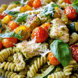 - 2 chicken breasts, diced - 2 cups pasta (fusilli or penne) - 1 cup cherry tomatoes, halved - 1 zucchini, sliced - 1 bell pepper (red or yellow), chopped - 3 tablespoons olive oil - 1 teaspoon Italian seasoning - Salt and pepper to taste - 1 cup heavy cream - ½ cup pesto (store-bought or homemade) - Grated Parmesan cheese (for serving) - Fresh basil leaves (for garnish) - Large pot for boiling pasta - Baking tray for roasting vegetables - Large skillet for cooking chicken and sauce - Measuring cups and spoons - Cutting board and knife - Mixing spoon for stirring Use ripe cherry tomatoes for sweet flavor. Choose a firm zucchini for the best texture. Pick a bell pepper with bright, shiny skin. Fresh basil leaves add a great aroma and taste. If possible, make your own pesto for extra freshness. Start by preheating your oven to 425°F (220°C). This step is key for roasting the veggies. A hot oven helps them cook evenly and get that nice char. Grab a baking tray and toss the cherry tomatoes, zucchini, and bell pepper with 2 tablespoons of olive oil, Italian seasoning, salt, and pepper. Spread them out evenly on the tray. Roast them for 20-25 minutes. They should be tender and slightly charred. While your veggies roast, fill a large pot with salted water. Bring it to a boil. Add 2 cups of pasta and cook it according to the package instructions until it's al dente. Reserve ½ cup of the pasta water before draining the rest. Set the pasta aside. In a large skillet, heat the remaining tablespoon of olive oil over medium heat. Add 2 diced chicken breasts and season with salt and pepper. Cook for 6-8 minutes. Stir occasionally until the chicken is golden brown and cooked through. Lower the heat and pour in 1 cup of heavy cream and ½ cup of pesto. Stir the mixture well. Let it simmer for 3-4 minutes until the sauce thickens slightly. If the sauce is too thick, add some reserved pasta water to reach your desired consistency. Add the drained pasta and roasted vegetables to the skillet with the creamy pesto sauce. Gently toss everything together. Heat for another 2 minutes to ensure everything is warm and coated. Plate your creamy pesto chicken and roasted veggie pasta. Garnish with grated Parmesan cheese and fresh basil leaves. Enjoy this colorful and tasty dish! To make the best chicken for this dish, use fresh, high-quality chicken breasts. Cut them into even pieces. This helps them cook evenly. Season the chicken well with salt and pepper. For extra flavor, you can add garlic powder or paprika. Cook the chicken in a hot skillet. This gives it a nice golden crust. Stir occasionally until fully cooked, which takes about 6-8 minutes. For a creamy sauce, start with heavy cream. Pour it into the skillet after cooking the chicken. Add pesto right after the cream. Stir these together well. Keep the heat low to avoid boiling. If your sauce is too thick, use reserved pasta water. This helps you get the right texture. Aim for a smooth, silky sauce that clings to the pasta. Roasting veggies brings out their natural sweetness. Cut them into uniform sizes for even cooking. Toss them with olive oil, salt, and pepper. Spread them out on a baking tray. Avoid crowding the pan, as this can steam the veggies. Roast at 425°F for 20-25 minutes. Look for a nice char and tenderness. This adds flavor to your dish and makes it vibrant. {{image_2}} You can change the protein in this dish to fit your taste. Try using shrimp or salmon instead of chicken. Both cook quickly and add great flavor. For a heartier option, consider using diced turkey or even tofu. Each protein brings its own unique taste and texture. Just remember to adjust cooking times based on your choice. If you want a vegan meal, you can easily swap out the chicken and cream. Use chickpeas or lentils for protein. For the sauce, replace heavy cream with coconut milk or cashew cream. You can make vegan pesto using nutritional yeast instead of cheese. This way, you keep all the rich flavors without using animal products. Feel free to mix up the veggies in this pasta. Broccoli, asparagus, or spinach work well. You can also use root vegetables like carrots or sweet potatoes for a different taste. The key is to roast the veggies until they are tender and slightly caramelized. This adds depth to the dish and makes every bite delicious. You can store leftover creamy pesto chicken and roasted veggie pasta in the fridge. Place it in an airtight container. It will stay fresh for up to three days. Make sure the pasta cools down before sealing it. This helps keep the flavors intact. If you want to freeze the pasta, use a freezer-safe container. It can last for up to three months. I recommend freezing in portions for easy meals later. Thaw in the fridge overnight before reheating. Avoid freezing with fresh basil, as it doesn't freeze well. To reheat, use a skillet over low heat. Add a splash of water or cream to prevent it from drying out. Stir gently until heated through. You can also use the microwave. Heat in short bursts, stirring in between. This keeps the pasta creamy and delicious. Yes, you can use many pasta shapes. Fusilli and penne work well, but you can try spaghetti, farfalle, or even gluten-free options. Each shape holds sauce differently, so choose what you like best. To make pesto, blend fresh basil, garlic, pine nuts, Parmesan cheese, and olive oil. Start with two cups of basil leaves. Add one clove of garlic, ¼ cup of nuts, and ½ cup of cheese. Drizzle in ½ cup of olive oil as you blend. Adjust seasoning with salt and pepper. This pasta pairs great with a simple salad or garlic bread. You can also serve it with steamed broccoli or a light vegetable medley. These sides add freshness and balance to your meal. Yes, you can prep some parts ahead. Roast the veggies and cook the chicken in advance. Store them in the fridge. When ready to serve, cook the pasta and heat everything together. This saves time on busy nights. If your sauce is too thick, add some reserved pasta water. Start with a tablespoon and stir well. Keep adding until you reach your desired consistency. This will help to balance the creaminess and make it easier to coat the pasta. This post covered how to make a great pasta dish with chicken and veggies. I shared the best ingredients, tools, and fresh options to use. You learned step-by-step how to cook everything perfectly. I also offered helpful tips to make your dish better and shared fun variations to fit your tastes. Finally, you found out how to store leftovers and reheating tips. Now you can impress friends and family with your new cooking skills!