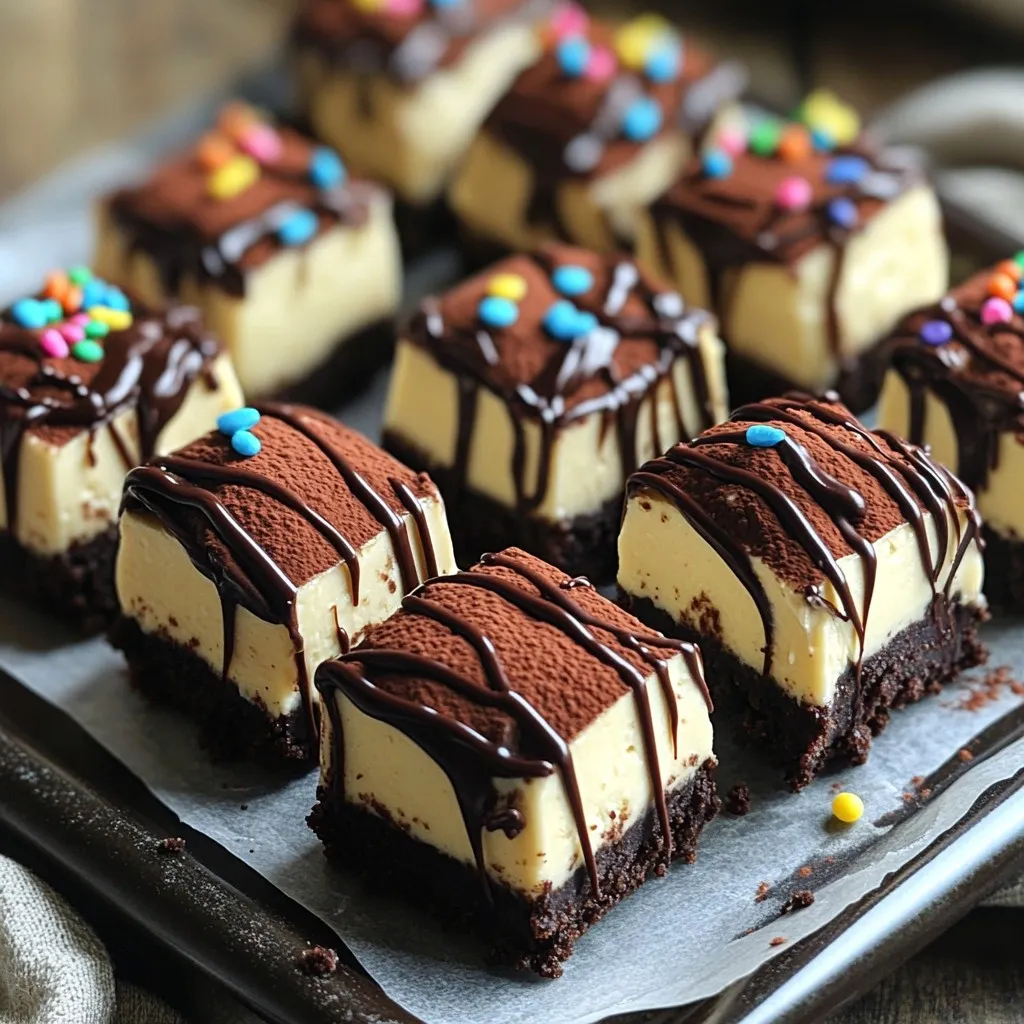 - 1 cup cream cheese, softened - 1/2 cup powdered sugar - 1/4 cup sour cream - 1/4 cup brewed espresso, cooled - 2 tablespoons cocoa powder - 1 teaspoon vanilla extract - 1/2 teaspoon instant coffee granules - 1 cup chocolate cookie crumbs (such as Oreos) - 1/4 cup unsalted butter, melted - 1/2 cup dark chocolate chips, melted (for drizzling) - Cocoa powder or chocolate sprinkles (for garnish) Using the right amounts is key. You need 1 cup of cream cheese. It must be softened. For sweetness, use 1/2 cup powdered sugar. For creaminess, add 1/4 cup sour cream. Brew 1/4 cup of espresso and let it cool. For a rich taste, use 2 tablespoons cocoa powder. For flavor, include 1 teaspoon vanilla extract and 1/2 teaspoon instant coffee granules. The base needs 1 cup of chocolate cookie crumbs and 1/4 cup melted butter. Finally, for a drizzle, have 1/2 cup melted dark chocolate chips. Garnish with cocoa powder or chocolate sprinkles. You can swap cream cheese with mascarpone for a lighter texture. If you need a sweetener, replace powdered sugar with honey or maple syrup. Plain yogurt can work in place of sour cream. If you don’t like coffee, use milk or almond milk instead of espresso. You can also use carob powder instead of cocoa powder for a different flavor. If you want a gluten-free option, use gluten-free cookies for the crust. To start, gather your ingredients. You need chocolate cookie crumbs and melted butter. In a mixing bowl, mix the cookie crumbs with the melted butter. Stir until the crumbs are moist and crumbly. This mixture gives the bites their crust. Next, line an 8x8 inch square dish with parchment paper. This helps with easy removal later. Press the crumb mixture firmly into the bottom of the dish. Make sure it's even. Now, place the dish in the fridge while you work on the filling. In a separate bowl, beat the softened cream cheese with an electric mixer. Mix until it's smooth and creamy. Add in the powdered sugar slowly. Next, mix in the sour cream, cooled espresso, cocoa powder, vanilla extract, and instant coffee granules. Keep mixing until everything is combined well. The filling should be thick and creamy. This is the heart of your cheesecake bites. Remove the dish from the fridge. Spread the cheesecake mixture evenly over the cookie crust. Use a spatula to smooth the top. Once it's flat, cover the dish with plastic wrap. Now, put it back in the fridge to chill for at least 4 hours. If you can, let it chill overnight. This will help it set properly. After chilling, remove the cheesecake from the dish and peel off the parchment paper. Cut it into bite-sized squares. Drizzle melted dark chocolate on top and sprinkle with cocoa powder or chocolate sprinkles. Serve them on a platter, and enjoy! To get the best texture for your cheesecake bites, use softened cream cheese. It mixes smoothly and makes the filling creamy. If your cream cheese is cold, it may clump. Beat it well until fluffy. The right mix of sour cream adds a nice tang. The espresso and cocoa powder give depth and richness. Make sure everything combines well for a uniform filling. Chill the bites long enough so they set perfectly. If you want them firmer, let them chill overnight. Serve these cheesecake bites on a pretty platter. You can add coffee beans or chocolate shavings for extra flair. Pair them with a cup of coffee or tea to enhance the flavors. These bites are perfect for parties or as a sweet treat after dinner. For a fun twist, try serving them with whipped cream or a scoop of vanilla ice cream on the side. Everyone will love the mix of flavors and textures. You can make these cheesecake bites ahead of time. They stay fresh in the fridge for up to five days. Just keep them covered to prevent drying out. If you want to store them longer, freeze them! Wrap each bite in plastic wrap and place them in a freezer bag. They can last for up to three months in the freezer. When ready to eat, thaw them in the fridge for a few hours. This way, you will always have a delicious treat on hand! {{image_2}} You can play with flavors in these cheesecake bites. Try adding a splash of almond extract for a nutty twist. You could also use flavored coffee or espresso. Hazelnut coffee would give a rich, new taste. If you want a fruity touch, mix in a bit of raspberry puree. The chocolate and berry combo works wonders together. Garnishes can change the look and feel of your cheesecake bites. Instead of cocoa powder, use crushed nuts or coconut flakes. These add crunch and a fun texture. You might also drizzle some caramel sauce for extra sweetness. Chocolate shavings or fresh berries can make your bites pop. With a few swaps, these bites can fit many diets. For a gluten-free treat, replace chocolate cookie crumbs with gluten-free cookies. Use dairy-free cream cheese and coconut cream for a vegan version. If you want lower sugar, try a sugar substitute in the filling. These changes still keep your cheesecake bites tasty and enjoyable. To keep your no-bake mocha espresso cheesecake bites fresh, store them in an airtight container. Place parchment paper between layers to prevent sticking. Always keep them in the fridge until you are ready to serve. This way, they stay creamy and delicious. Make sure to cover the bites well to avoid any fridge odors. You can freeze these cheesecake bites for later enjoyment. First, cut the bites into squares. Then, place them on a baking sheet lined with parchment paper. Freeze them for about one hour or until firm. After that, transfer the bites to an airtight container with layers of parchment paper. Keep them in the freezer for up to three months. When ready to eat, let them thaw in the fridge for a few hours. These cheesecake bites can last in the fridge for up to a week. Ensure they are stored correctly to maintain their taste and texture. If you notice any changes in smell or appearance, it's best to discard them. Enjoy these treats while they are fresh for the best flavor experience! Yes, you can change the flavor! Try vanilla, caramel, or even raspberry. Each flavor adds a unique twist. Just swap the espresso and cocoa for your choice. For vanilla, use vanilla extract and skip the coffee. For caramel, add caramel sauce to the filling. Experiment and find what you love! These cheesecake bites stay fresh for about five days in the fridge. Store them in an airtight container for best results. The creamy filling and crust keep well and taste great even after a few days. Enjoy them cold for a perfect treat. Yes, you can make them vegan! Use vegan cream cheese and a plant-based sour cream. Replace the butter with coconut oil or vegan margarine. For the crust, choose vegan chocolate cookies. Adjust the recipe, and you’ll have a tasty vegan treat that everyone can enjoy. If you don’t have chocolate cookie crumbs, you can use graham crackers. Crush them into fine crumbs and mix with melted butter. You can also use vanilla wafers or even gluten-free cookies. Choose what you like best for a delicious base! In this post, we explored the ingredients, steps, and tips to make delightful cheesecake bites. We discussed how to prepare the base and create the filling. I included useful ideas for variations and storage tips too. Remember, making cheesecake bites can be fun and easy. With the right ingredients and some practice, you can impress anyone with your tasty treats. Enjoy experimenting with flavors and find the perfect mix that suits your taste!