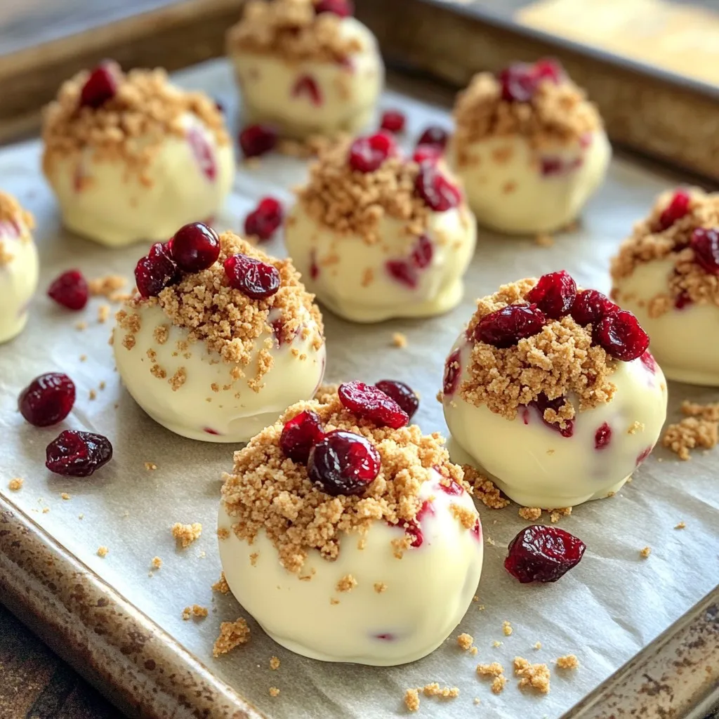 To make these delightful no-bake cranberry white chocolate truffles, you'll need a few simple ingredients. Each one plays a vital role in creating that rich, creamy texture. Here’s the list: - 1 cup white chocolate chips - 1/2 cup cream cheese, softened - 1/2 cup dried cranberries, chopped - 1/4 cup powdered sugar - 1/2 teaspoon vanilla extract - 1/2 cup crushed graham crackers (for coating) - A pinch of sea salt - Extra dried cranberries for garnish (optional) Each ingredient adds flavor and texture. The white chocolate gives a sweet base, while cream cheese adds creaminess. Dried cranberries add a tart bite. Using powdered sugar helps sweeten the mix without lumps. The vanilla extract enhances all the flavors. The crushed graham crackers create a nice crunch on the outside. Finally, sea salt balances the sweetness. You can add extra cranberries on top for a pretty touch. Start by getting a microwave-safe bowl. Add the white chocolate chips. Heat them in the microwave for 30 seconds. Stir the chips, then heat again if needed. Repeat until the chocolate is smooth. Be careful not to overheat it. In a separate bowl, take the softened cream cheese. Add chopped dried cranberries, powdered sugar, vanilla extract, and a pinch of sea salt. Mix these until everything is creamy and well-blended. Now, take the melted white chocolate and slowly fold it into the cream cheese mixture. Keep mixing until it is fully combined and smooth. This gives the truffles a rich flavor. Cover your bowl with plastic wrap. Place it in the fridge for about 30 minutes. This step helps the mixture firm up, making it easier to form into truffles. After chilling, use a tablespoon to scoop out the mixture. Roll each scoop into small balls using your palms. Try to make them even in size for a nice look. Take the crushed graham crackers and spread them out. Roll each truffle ball in the crumbs. Make sure they are fully coated. This adds a tasty crunch. Place the coated truffles on a parchment-lined baking sheet. For a special touch, add a few extra dried cranberries on top. This step is optional but looks nice. Now your truffles are ready to enjoy! Serve them as a sweet treat. You can also gift them in a pretty box. Your friends will love these cranberry bliss truffles! To melt white chocolate, use a microwave-safe bowl. Heat in 30-second bursts. Stir in between each burst. This method helps prevent burning. If it gets too hot, it can seize. Smooth and creamy chocolate is what you want. Feel free to switch up the sweeteners. You can use honey or maple syrup. These will change the flavor a bit. Just remember, adjust the amount based on your taste. Always taste as you mix for the best balance. Store your truffles in an airtight container. Keep them in the fridge for up to a week. This keeps them firm and fresh. If you want to enjoy them later, freeze them for longer storage. Just let them thaw in the fridge before eating. For the perfect texture, make sure your cream cheese is softened. This allows easy mixing. The right balance of white chocolate and cream cheese creates a smooth, rich truffle. If your mix feels too soft, chill it longer before rolling. {{image_2}} Add a nutty twist to your truffles. You can mix in chopped nuts. Walnuts, pecans, or almonds work well. Just add about 1/4 cup of your chosen nuts to the cream cheese mixture. This gives a nice crunch and a rich taste. Try using different dried fruits for fun flavors. You can swap cranberries for dried cherries or apricots. Each fruit gives a unique taste and look. Just remember to chop them small, like the cranberries. About 1/2 cup of your chosen fruit will work great. Get creative with flavors! Add spices like cinnamon or nutmeg for warmth. A splash of orange or lemon zest can also brighten the taste. Just 1/2 teaspoon of zest adds a fresh twist. You can even swap vanilla extract for almond extract for a different vibe. To keep your truffles fresh, store them in the fridge. Place them in a sealed container. This way, they stay cool and tasty. They last about one week in the fridge. If you notice any changes in texture, it's time to toss them. You can freeze the truffles if you want to keep them longer. First, place them on a tray to freeze for two hours. After that, move them to a freezer-safe bag. They can stay good for up to three months. When you're ready to eat, let them thaw in the fridge overnight for best texture. Use airtight containers for storing your truffles. Glass or plastic containers work well. If you want to gift them, use cute boxes or tins. Just make sure they are sealed tight to keep them fresh. Yes, you can use milk chocolate. It will change the taste. Milk chocolate is sweeter and richer. This can balance the tartness of cranberries well. Keep in mind, it will not look as bright as white chocolate. You can store these truffles for up to two weeks. Keep them in the fridge for the best taste. Make sure to use an airtight container. This helps keep them fresh and moist. Yes, you can use dairy-free cream cheese. Look for brands that suit your taste. For chocolate, use dairy-free white chocolate chips. These options keep the flavor while making them dairy-free. You can use crushed nuts or coconut flakes instead. Both add great texture. You could also try crushed cookies, like vanilla wafers. Each option gives a fun twist on the truffle's look and taste. You learned how to make tasty no-bake truffles using simple ingredients. We covered the steps to create them from melting chocolate to coating the truffles. Don’t forget the tips for storage and variations to spice things up. These truffles are easy to make and fun to share. Enjoy creating your sweet treats and impress your friends and family with your skills!