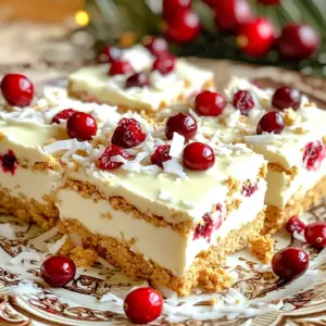 - 1 ½ cups graham cracker crumbs - ½ cup unsweetened shredded coconut - 1 cup dried cranberries, roughly chopped - 1 cup white chocolate chips, melted - ½ cup cream cheese, softened - ¼ cup honey or maple syrup - 1 teaspoon vanilla extract - Pinch of salt - Extra white chocolate chips and cranberries for topping If you need to swap some items, here are good options: - Use digestive biscuits instead of graham crackers for a richer taste. - Swap the shredded coconut for finely chopped nuts if you want some crunch. - For a dairy-free version, try a vegan cream cheese. - Maple syrup can replace honey if you prefer a vegan sweetener. - You can use dark chocolate chips instead of white for a bolder flavor. Quality matters in this recipe. Here’s what to keep in mind: - Choose fresh dried cranberries. They should be plump and sweet. - Use good quality white chocolate chips. The taste will shine through. - Fresh cream cheese makes a creamier filling. - Look for pure vanilla extract for the best flavor. - If using coconut, opt for unsweetened to avoid extra sugar. Each ingredient plays a key role. They blend to create a sweet and tangy delight, perfect for any occasion. 1. Start with a mixing bowl. Combine 1 ½ cups of graham cracker crumbs and ½ cup of shredded coconut. Mix until they are evenly blended. 2. Chop 1 cup of dried cranberries into small pieces. Add them to the bowl and stir to mix well. 3. In another bowl, melt 1 cup of white chocolate chips. Then, mix in ½ cup of softened cream cheese, ¼ cup of honey or maple syrup, 1 teaspoon of vanilla extract, and a pinch of salt. Blend until it’s smooth and creamy. 4. Pour the white chocolate mixture over the dry ingredients. Stir until everything is combined. When mixing, use a spatula to fold the wet and dry ingredients together. Be gentle to keep the texture light. Make sure no dry bits are left. This ensures every bite is sweet and delicious. To get the right texture, be sure that your cream cheese is soft. This helps it mix well with the melted chocolate. If the mixture feels too thick, add a splash of milk or more honey. After you press the mixture into the dish, make it even. This helps the bars set nicely. Drizzle extra melted white chocolate on top for a touch of elegance. To make great bars, avoid overmixing the ingredients. This can lead to a dense texture. Make sure your cream cheese is soft. Cold cream cheese can create lumps. Also, do not skip the salt. A pinch of salt balances the sweetness. Lastly, ensure the bars chill long enough. They need at least 2 hours in the fridge. Presentation is key for these bars. Serve them on a nice plate. Add fresh cranberries and a sprinkle of coconut on top. This makes the bars look festive. You can also cut them into fun shapes. Use cookie cutters for stars or hearts. This adds a personal touch for parties or holidays. For a chewy texture, add more dried cranberries. You can also mix in nuts like pecans or almonds. They add a nice crunch. If you prefer a creamier bite, try adding more cream cheese. This will make the bars richer. Lastly, experiment with different chocolates. Milk chocolate can add a sweet twist. {{image_2}} You can change the flavors of these bars easily. Try using different dried fruits, like apricots or cherries. You can also use dark chocolate chips instead of white chocolate. For a nutty twist, add chopped nuts like almonds or walnuts. If you want a zestier taste, mix in some orange zest. Each change brings a new flavor to enjoy. These bars can fit many diets. To make them gluten-free, use gluten-free graham crackers or oats. For a vegan version, swap the cream cheese for a plant-based cream cheese. Use maple syrup instead of honey for sweetness. You can also find vegan white chocolate chips. These changes help everyone enjoy this treat. These bars are great for many events. For a holiday party, serve them on a fancy plate with fresh cranberries. You can cut them into small squares for easy sharing. For a picnic, pack them in a container for a sweet treat. They also work well as a fun dessert at a birthday party. No matter the occasion, these bars will impress your guests. To keep your No-Bake White Chocolate Cranberry Bliss Bars fresh, store them in an airtight container. Use parchment paper to separate layers if you stack them. This method helps avoid sticking. Keep them in the fridge for the best texture and taste. If you want to save some bars for later, freezing works well. Wrap each bar in plastic wrap, then place them in a freezer bag. Make sure to remove as much air as possible. They can stay frozen for up to three months. Just thaw them in the fridge before serving. These bars last about one week in the fridge. Look for any changes in smell or texture. If they feel too soft or have an off smell, it’s best to toss them. Safe storage keeps your treats tasty and safe to eat! To make these bars vegan, swap out the cream cheese. Use a vegan cream cheese alternative. You can also replace honey with maple syrup. Ensure your white chocolate chips are dairy-free. This way, you keep the taste while making it vegan-friendly. Yes, you can use yogurt instead of cream cheese. But choose a thick yogurt, like Greek yogurt. This keeps the bars creamy and rich. The flavor will change slightly, but it still works well. Just make sure you adjust the sweetness if needed. You have many choices for toppings! Try adding chopped nuts like almonds or walnuts. These add a nice crunch. You can also sprinkle more shredded coconut on top. For a festive touch, use fresh berries or citrus zest. Get creative and make it your own! In this post, we covered the essential ingredients for your bars and how to pick the best ones. I shared steps to prepare, mix, and achieve the perfect texture. We discussed tips to avoid mistakes and enhance presentation. You learned about different flavor and dietary options to customize your bars. Finally, I explained storage tips to keep your bars fresh. With this knowledge, you can create delicious and versatile bars for any occasion. Enjoy your baking!