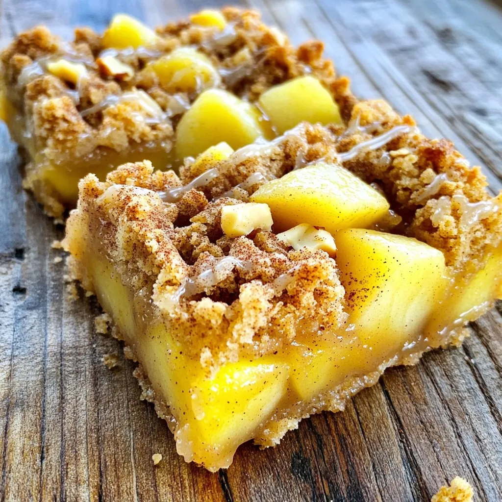 - 3 ripe pears, peeled and diced - 1 teaspoon cinnamon - 1/2 teaspoon nutmeg - 1/4 teaspoon ginger powder - 1 tablespoon lemon juice - 1 cup rolled oats - 1 cup all-purpose flour - 1/2 cup brown sugar, packed - 1/4 cup granulated sugar - 1/2 teaspoon baking powder - 1/2 cup unsalted butter, melted - Pinch of salt - 1/2 cup chopped walnuts (optional) To start, gather your ingredients. The pears should be ripe for the best flavor. Peel and dice them into small pieces. This helps them cook evenly. You will need a medium bowl for the pears. Add the cinnamon, nutmeg, ginger powder, and lemon juice. Toss this mix well to coat the pears. Set this bowl aside for later. Now, grab a larger bowl for the dry ingredients. Mix the rolled oats, all-purpose flour, brown sugar, granulated sugar, baking powder, and a pinch of salt. Once mixed, pour the melted butter in. This will create a crumbly texture. If you want extra crunch, add the chopped walnuts now. If you want to elevate these bars, consider adding spices like cloves or cardamom. You can also use maple syrup instead of granulated sugar for a different sweetness. For a nutty twist, try adding pecans or almonds as a substitute for walnuts. These small changes can make your spiced pear crumble bars even more delightful. Start by peeling and dicing three ripe pears. Aim for small, even pieces. This helps them cook well. In a medium bowl, combine the diced pears with one teaspoon of cinnamon, half a teaspoon of nutmeg, and a quarter teaspoon of ginger powder. Add one tablespoon of lemon juice. Toss everything well so the pears are coated with the spices and juice. Set this bowl aside while you prepare the crumble mixture. In a large bowl, mix together one cup of rolled oats, one cup of all-purpose flour, half a cup of packed brown sugar, and a quarter cup of granulated sugar. Add half a teaspoon of baking powder and a pinch of salt. Mix all these dry ingredients until they are well combined. Next, pour half a cup of melted unsalted butter into the bowl. Stir until the mixture becomes crumbly. If you like, add half a cup of chopped walnuts for extra crunch. Take about one cup of the crumble mixture and set it aside for later. Press the remaining crumble mixture evenly into the bottom of an 8x8-inch baking pan lined with parchment paper. This forms a nice base for the bars. Now, spread the spiced pear mixture evenly over this base. Finally, crumble the reserved mixture over the top of the pears. Make sure to cover them evenly. Preheat your oven to 350°F (175°C). Once ready, place the pan in the oven and bake for about 35 to 40 minutes. Look for a golden brown top and bubbly pears. When done, take the pan out and let it cool for at least 30 minutes. Use the parchment paper to lift the bars out of the pan. Allow them to cool completely on a wire rack before slicing into bars. Enjoy your delicious treat! When picking pears, look for ripe ones. Ripe pears feel slightly soft when you press them. They should have a sweet scent too. I prefer using Bartlett or Bosc pears. They have great flavor and texture. Avoid pears with bruises or blemishes. These can affect the taste and look of your bars. If your pears are hard, let them ripen at room temperature for a few days. You can change the spices to fit your taste. Cinnamon is a must for warmth. Nutmeg adds a nice depth. Ginger gives a hint of bite. Try adding a pinch of allspice for extra kick. If you like it sweeter, add more cinnamon or ginger. You can even mix in some cardamom for a unique twist. Always taste your pear mixture before adding it to the bars. This way, you know the flavor is just right. Getting the crumble texture just right is key. Mix your dry ingredients well before adding the butter. This helps every bite be tasty. The butter should be melted but not too hot. It helps the mixture stick together. If it feels too dry, add a tiny bit of water. You want it crumbly but still holding together. When you press it into the pan, be firm but gentle. After baking, the top should be golden and slightly crispy. This means you’ve nailed the texture! {{image_2}} You can swap pears for other fruits. Apples work well and add a nice crunch. Peaches bring a sweet, juicy flavor. Cherries add a tart note that balances the sweetness. You can also try berries for a burst of color and taste. Just make sure to adjust spices to match the fruit's flavor. You can make these bars gluten-free. Simply replace all-purpose flour with gluten-free flour. Check that your oats are certified gluten-free too. This swap keeps the texture while making the bars safe for those with gluten sensitivities. The taste remains just as delicious! For a richer treat, try adding chocolate chips. Dark chocolate pairs well with the spiced flavor. If you want a chewy texture, add dried fruits like cranberries or apricots. These additions create a fun twist and boost the flavor. Just mix them in with the crumble mixture before baking! To keep your spiced pear crumble bars fresh, store them in an airtight container. Place parchment paper between layers to prevent sticking. These bars stay tasty at room temperature for about three days. For longer storage, I suggest refrigerating them. They can last up to a week in the fridge. Always let them cool completely before sealing. Freezing these bars is simple and a great way to save them. First, slice the bars into pieces. Wrap each piece tightly in plastic wrap. Then, place the wrapped bars in a freezer-safe bag or container. Label the bag with the date for easy reference. They can stay frozen for up to three months. To enjoy, thaw them in the fridge overnight. Reheating these bars is quick and easy. For the best taste, use the oven. Preheat it to 350°F (175°C). Place the bars on a baking sheet and heat for about 10 minutes. This method keeps the texture nice and crumbly. If you’re in a hurry, you can microwave them. Heat for 15-20 seconds, but be careful not to overdo it. Enjoy your warm bars! Yes, you can use canned pears. They save time and work well. Make sure to drain them well. This keeps the bars from getting too wet. You may want to reduce the sugar a bit since canned pears can be sweet. The bars are done when the top is golden brown. Look for bubbling around the edges too. You can also poke a toothpick into the center. If it comes out clean, they are ready. Let them cool before you cut them for the best texture. You can make these bars vegan with a few changes. Use vegan butter instead of regular butter. For the eggs, you can use a flax egg or applesauce. Just mix one tablespoon of flaxseed meal with three tablespoons of water. Let it sit for a few minutes to thicken. This helps bind the bars without eggs. In this post, we covered how to make spiced pear crumble bars. First, I shared key ingredients, their measurements, and possible extras for flavor. Next, I laid out step-by-step instructions from prepping pears to baking. We also discussed tips to pick the best pears, customize tastes, and get the right crumble. Additionally, I provided variations and storage info to suit your needs. Try this recipe for a tasty treat. I hope it brings joy and sweetness to your day!