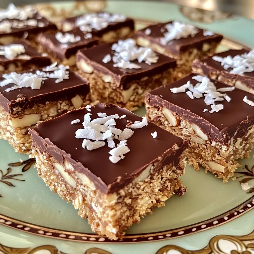 - 1 cup finely chopped almonds - 1 cup pitted dates - 1 cup unsweetened shredded coconut - 1/2 cup cocoa powder - 1/4 cup almond butter - 1 tablespoon maple syrup - Pinch of sea salt - 1/2 cup dark chocolate chips - 1 tablespoon coconut oil If you have nut allergies, try seeds like sunflower or pumpkin. For a vegan option, use dairy-free chocolate chips. You can also swap almond butter with sunflower seed butter for a nut-free twist. You might want to add more shredded coconut on top. Chopped nuts can also add a nice crunch. These toppings can make your bars look and taste even better. First, gather your ingredients. You will need finely chopped almonds, pitted dates, shredded coconut, cocoa powder, almond butter, maple syrup, and sea salt. 1. In a food processor, combine the chopped almonds and pitted dates. 2. Pulse until the mixture is crumbly and well mixed. 3. Next, add the unsweetened shredded coconut, cocoa powder, almond butter, maple syrup, and a pinch of sea salt. 4. Blend until the mixture becomes sticky and holds together when pressed. Now, it’s time to assemble your bars. 1. Line an 8x8-inch baking dish with parchment paper. Leave some paper hanging over the sides. This makes it easy to lift the bars out later. 2. Transfer the mixture into the lined dish. 3. Press it down firmly to create an even layer using your hands or a spatula. Next, melt the chocolate for the topping. 1. Use a small microwave-safe bowl to combine dark chocolate chips and coconut oil. 2. Microwave in 15-second intervals. Stir after each interval until the chocolate is melted and smooth. 3. Pour the melted chocolate over the pressed mixture in the baking dish. 4. Spread it evenly to cover the surface. Now, you can refrigerate the bars for at least one hour. This helps them set and become firm. Enjoy this simple and tasty treat! To make great no-bake chocolate coconut almond bars, the mixture must be sticky. If it's too dry, the bars will crumble. After blending, check the texture by pressing the mix between your fingers. It should hold together well. If it doesn't, add a bit more almond butter or maple syrup. Next, press the mixture firmly into the baking dish. This step helps create a smooth and even texture. Use your hands or a spatula to spread it out. Make sure all corners are filled. A well-pressed mixture leads to nice, clean edges when you cut the bars later. To keep your bars fresh, refrigerate them in an airtight container. This will help maintain their texture. They can last up to a week in the fridge. If you want to store them longer, freeze them. Just wrap each bar tightly in plastic wrap and place them in a freezer-safe bag. For serving, arrange the bars on a pretty plate. You can sprinkle some extra shredded coconut on top for a nice look. These bars taste great chilled or at room temperature, making them perfect for any occasion. Almonds and dates pack a powerful punch of nutrients. Almonds provide healthy fats, protein, and vitamin E. Dates are high in fiber and natural sugars, giving you energy without the crash. Coconut adds more fiber and healthy fats too. It can boost heart health and improve digestion. Cocoa powder is rich in antioxidants, which are good for your heart. Together, these ingredients create a treat that is both tasty and good for you. {{image_2}} You can change the taste of your bars by adding different nut butters. Try peanut or cashew butter for new flavors. Each nut butter brings its own unique taste. You can also add spices like cinnamon or vanilla. These spices can enhance the chocolate and coconut flavor. A dash of cinnamon adds warmth, while vanilla brings sweetness. Want your bars to be chewy or crunchy? You can adjust the texture easily. For chewy bars, press the mixture down firmly. For a crunchier bite, add seeds like chia or pumpkin seeds. Dried fruits like cranberries or apricots can also add a chewy texture. They bring more flavor and nutrition to your treats. If you follow a gluten-free or vegan diet, you can still enjoy these bars. Use gluten-free oats or other gluten-free grains in the base. For vegan options, make sure to choose dairy-free chocolate chips. You can also swap out the maple syrup for a low-sugar alternative like agave nectar. This way, you can keep the sweetness without too much sugar. To keep your no-bake chocolate coconut almond bars fresh, store them in the fridge. Use an airtight container to avoid moisture. If you want to keep them longer, you can freeze them. Wrap each bar in plastic wrap before placing them in a freezer-safe bag. This method prevents freezer burn and keeps flavors intact. These bars last up to two weeks in the fridge. You may notice they start to lose some texture after a week. If you see any signs of mold or if they smell off, it's best to toss them. Always check for these signs before enjoying your delicious treat. Making these bars in bulk is a great idea. You can prepare a large batch and store them for snacks or desserts. Cut them into smaller pieces for easy grab-and-go options. Keep some in your bag for a quick energy boost. This way, you always have a tasty treat ready when hunger strikes! Yes, you can make these bars nut-free. Instead of almonds, use sunflower seeds or pumpkin seeds. Both options give a nice crunch. You can also swap almond butter for sunflower seed butter. This keeps the flavor rich while avoiding nuts. Make sure to check for any cross-contamination if allergies are severe. The bars need time in the fridge. I recommend refrigerating them for at least one hour. This helps the bars firm up and makes slicing easier. If you want them extra firm, leave them longer. Just remember, the colder they are, the more they hold their shape. Absolutely! If you prefer a different sweetener, try using honey or agave syrup. Both will work well in this recipe. You can also use coconut sugar for a different flavor. Just keep in mind that each sweetener has a unique taste, so adjust to your liking. These no-bake bars are simple and fun to make. We covered ingredients, steps, and tips to get you started. You can mix and match flavors and textures to fit your taste. Remember, store them well for the best freshness. Enjoy making these healthy treats that are perfect for any diet. Try different toppings or variations to keep things exciting. You will love how easy it is to create a snack that is both tasty and good for you!