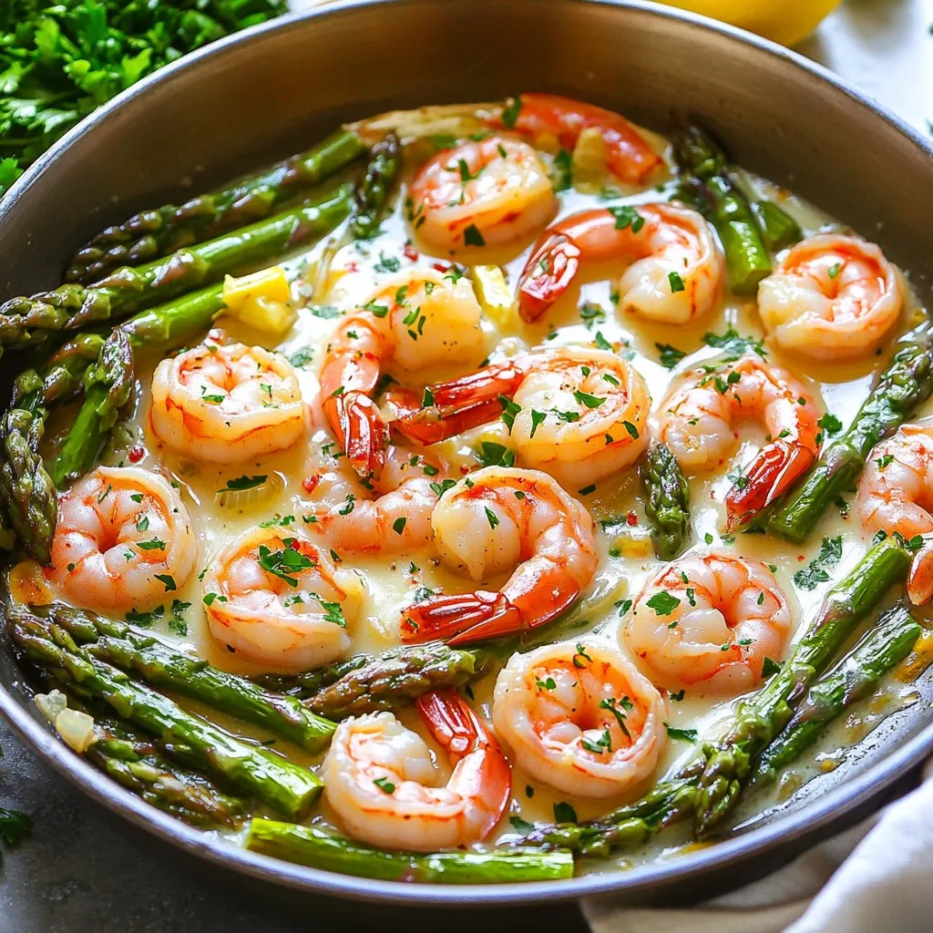 - 1 lb large shrimp, peeled and deveined - 1 bunch asparagus, trimmed and cut into 2-inch pieces - 4 tablespoons unsalted butter - 3 cloves garlic, minced - 1 teaspoon red pepper flakes (adjust to taste) - Juice of 1 lemon - Salt and pepper to taste - 2 tablespoons fresh parsley, chopped (for garnish) To make Garlic Butter Shrimp & Asparagus, gather these fresh ingredients. Freshness matters. Start with 1 pound of large shrimp. Make sure they are peeled and deveined for easy cooking. Next, grab a bunch of asparagus. Trim the ends and cut them into 2-inch pieces. This size helps them cook evenly. You will also need 4 tablespoons of unsalted butter. Butter adds rich flavor to your dish. For seasoning, use 3 cloves of minced garlic. This gives a strong taste. Add red pepper flakes for some heat. Start with 1 teaspoon, but feel free to adjust to your liking. Don't forget the juice of 1 lemon. It brightens the dish. Lastly, have salt and pepper ready for seasoning. For garnish, chop 2 tablespoons of fresh parsley. It adds color and freshness to your meal. - Melt 2 tablespoons of butter in a large skillet over medium heat. - Add minced garlic and red pepper flakes. Sauté for about 1 minute until fragrant. - Now, add the shrimp to the skillet. Season with salt and pepper. - Cook the shrimp for 2-3 minutes on each side. You want them pink and opaque. - Once done, remove the shrimp from the skillet and set aside. - In the same skillet, add the remaining 2 tablespoons of butter. - Once melted, add the asparagus cut into 2-inch pieces. - Sauté the asparagus for about 5-7 minutes. Cook until they are tender yet still crisp. - Return the cooked shrimp to the skillet with the asparagus. - Squeeze the juice of one lemon over the mixture. Toss everything to coat well. - Allow to cook for another 2 minutes to warm through. - Remove from heat and sprinkle with fresh parsley for garnish. Adjust seasoning if needed. - Use fresh shrimp for the best flavor. Fresh shrimp tastes sweet and juicy. - Adjust red pepper flakes to your spice preference. Start with a little and add more if needed. - Serve over rice or pasta for a complete meal. Both options soak up the sauce well. - Pair with a crisp white wine. A chilled Sauvignon Blanc complements the dish perfectly. {{image_2}} You can change the main protein for this dish. Substitute shrimp with chicken or tofu. Chicken gives a nice flavor. Tofu is a great option for plant-based eaters. Both work well with garlic butter. You can also use other vegetables. Try bell peppers for a sweet touch. Broccoli adds great crunch, too. These swaps keep the dish fresh and fun. Want to add more flavor? A splash of white wine makes a big difference. Add it just before you finish cooking. The wine creates a rich taste that blends well with the garlic. You can also mix in different herbs. Basil adds a sweet note, while cilantro gives it a fresh twist. Experiment with these herbs to find your favorite flavor. Store leftovers in an airtight container in the fridge. This helps keep shrimp and asparagus fresh. They can last for up to three days. Be sure to seal the container well to avoid any odors from mixing. To reheat, gently warm the dish in a skillet. This method keeps the shrimp tender and the asparagus crisp. Heat over low to medium heat, stirring often. If you prefer the microwave, place the dish in a microwave-safe bowl. Cover it with a lid or wrap to avoid drying out. Heat for about one to two minutes, checking to ensure even warming. Cook shrimp for about 2-3 minutes on each side. This timing works well for large shrimp. They will turn pink and opaque when done. If your shrimp are smaller, reduce the time slightly. Always check that they are fully cooked to ensure safety. Yes, you can make parts of this dish ahead. Cook the shrimp and asparagus separately. Store them in the fridge for up to two days. When ready to serve, just reheat them in a skillet. Add lemon juice and parsley to freshen the flavors. Serve this dish with rice or pasta for a full meal. A crisp salad pairs nicely, too. For drinks, try a chilled white wine or sparkling water. These options balance the rich flavors of the shrimp and asparagus well. You learned how to make a tasty Garlic Butter Shrimp and Asparagus dish. Starting with fresh ingredients, you sautéed shrimp and asparagus for a quick meal. Tips included swapping shrimp for chicken or adding extra veggies. Remember, leftovers store well and can be reheated easily. Finally, enjoy this dish with rice or a glass of white wine. With these steps, you can impress family or friends with a great dinner. Dive into cooking with the confidence that you can make this meal shine.