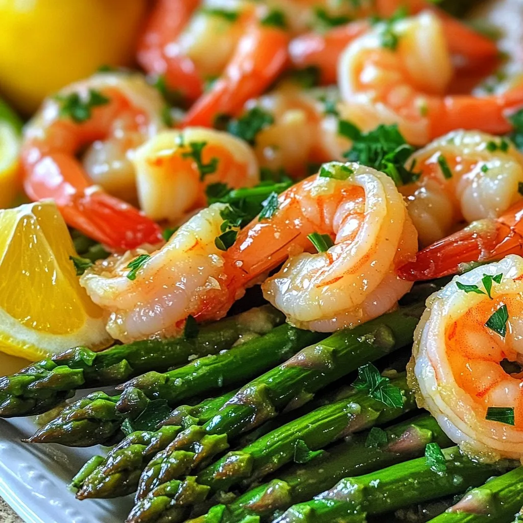 To make Garlic Butter Shrimp & Asparagus, you need just a few fresh items. Here’s what you’ll gather: - 1 pound large shrimp, peeled and deveined - 1 bunch asparagus, trimmed and cut into 2-inch pieces - 4 tablespoons unsalted butter, melted - 4 cloves garlic, minced - 1 teaspoon lemon zest - 2 tablespoons fresh lemon juice - 1 teaspoon paprika - 1 teaspoon dried oregano - Salt and pepper to taste - 1 tablespoon olive oil - Fresh parsley, chopped for garnish - Lemon wedges for serving Each ingredient plays a key role. The shrimp gives a sweet and tender texture. Asparagus adds a nice crunch and fresh flavor. Garlic and butter create a rich sauce that ties it all together. Lemon juice and zest brighten the dish. Paprika and oregano add depth with a touch of warmth. Gather these ingredients before you start. It makes cooking easier and more fun! You’ll love how simple and tasty this meal can be. Plus, it’s quick to prepare, which is perfect for busy weeknights. Enjoy the process of creating this delightful dish! - Preheat your oven to 400°F (200°C). - Line a baking sheet with parchment paper or aluminum foil. First, you need to get the oven hot. This helps cook everything fast and keeps it juicy. The lined baking sheet makes cleanup easy. - Mix melted butter, minced garlic, and spices in a bowl. Next, melt the butter in a bowl. Add the minced garlic, lemon zest, lemon juice, paprika, oregano, salt, and pepper. Mix it well. This garlic butter is the star of the dish. It gives rich flavor to both the shrimp and the asparagus. - Coat shrimp in garlic butter and let marinate. - Toss asparagus with olive oil, salt, and pepper. Now, add the shrimp to the garlic butter mix. Make sure each shrimp gets coated well. Let them sit for about 10 minutes. This allows the flavors to soak in. In another bowl, toss the asparagus with olive oil, salt, and pepper. This adds taste and helps it roast nicely. - Spread asparagus on one side, shrimp on the other. - Pour remaining garlic butter over shrimp and asparagus. Spread the asparagus on one side of the sheet pan. Place the shrimp on the other side. Pour any leftover garlic butter over both. This adds more moisture and flavor while baking. - Bake for 12-15 minutes until done. - Garnish and serve. Place the pan in the oven and bake for 12-15 minutes. The shrimp will turn pink and opaque. The asparagus should be tender-crisp. Once done, take it out and sprinkle fresh parsley on top. Serve with lemon wedges for a zesty kick. Enjoy this simple yet delicious dish! To check if your shrimp are done, look for a bright pink color. They should also curl slightly. If they are white and firm, they are overcooked. Marination is key. Letting shrimp sit in the garlic butter mix for 10 minutes adds great flavor. This short time gives the shrimp a chance to absorb the garlic and lemon zest. You can add a pinch of red pepper flakes for spice. Fresh herbs, like thyme or basil, also work well. These can give your dish a fresh twist. For butter, I recommend using unsalted butter. It lets you control the saltiness. You can also try herbed butter for extra flavor. Serve the shrimp and asparagus on a big platter. Sprinkle fresh parsley on top for color. Lemon wedges add a nice touch and bring brightness. For drinks, a chilled white wine pairs nicely. A light salad or rice works as a great side dish. This adds balance to your meal. {{image_2}} You can add many different veggies to this dish. Consider bell peppers, zucchini, or cherry tomatoes. These options mix well with shrimp. You can also use seasonal veggies like green beans in spring or butternut squash in fall. Get creative based on what you like! If you need a gluten-free version, this recipe is already safe. Just make sure your butter is gluten-free. For low-carb or keto-friendly options, skip the asparagus and try cauliflower or broccoli. These choices keep the meal light and tasty while fitting your diet. If you want to switch the shrimp, look for scallops or chicken. Both options cook well and taste great with garlic butter. For those who avoid butter, try coconut oil or vegan butter. These substitutes keep your dish rich and flavorful. To keep your Garlic Butter Shrimp and Asparagus fresh, place leftovers in an airtight container. Make sure to cool the dish to room temperature first. Store it in the fridge for up to three days. This helps keep the shrimp and asparagus tasty. When you're ready to enjoy your leftovers, reheat them gently. You can use a microwave or the oven. If using a microwave, heat in short bursts. Stir in between to warm evenly. If using an oven, preheat it to 350°F (175°C). Place the leftovers in a baking dish and cover it with foil. Bake for about 10-15 minutes. You can freeze Garlic Butter Shrimp and Asparagus for future meals. First, let the dish cool completely. Then, place it in a freezer-safe container. It can last up to three months in the freezer. To thaw, move it to the fridge overnight. For quicker thawing, place it in cold water. After thawing, reheat as described above for the best results. I suggest using large shrimp, around 16-20 count per pound. They offer great flavor and texture. If you want a sweeter taste, go for wild-caught shrimp. Farmed shrimp works well too, but wild shrimp packs a bigger punch. Always buy shrimp that is peeled and deveined for convenience. Yes, you can use frozen shrimp! Just make sure to thaw them first. Place the shrimp in a bowl of cold water for about 15 minutes. This helps them cook evenly. After thawing, pat them dry before tossing in the garlic butter mix. This step prevents excess water from making your dish soggy. Look for a few signs to check doneness. The shrimp should turn pink and opaque. They should also curl into a loose "C" shape. If they look firm and have no gray spots, they are ready. Overcooked shrimp become tough and rubbery, so watch closely! This dish pairs well with several sides. Consider serving it over rice for a filling meal. Quinoa is another healthy option. If you’re in the mood for something lighter, a fresh salad works great. For drinks, a chilled white wine or sparkling water with lemon enhances the meal perfectly. This blog shows how to make a tasty garlic butter shrimp and asparagus dish. We covered all the needed ingredients and steps, from marinating to baking. I shared tips for cooking shrimp perfectly and ideas for variations. Remember, you can mix in other veggies or adjust for diets. This meal is simple and quick, perfect for any occasion. Enjoy impressing your family and friends with this dish. Don't forget to play with the flavors to make it your own!