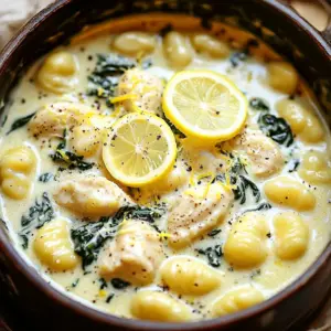 Here’s what you will need for this tasty dish: - Chicken Breast - Olive Oil - Garlic - Chicken Broth - Heavy Cream - Lemon (Zest and Juice) - Dried Thyme - Black Pepper - Potato Gnocchi - Fresh Spinach - Salt - Grated Parmesan Cheese Each ingredient plays a key role in making this meal special. The chicken breast adds protein and flavor. Olive oil keeps the chicken moist. Garlic gives a nice aroma. Chicken broth adds depth, while heavy cream makes it rich. Lemon zest and juice bring brightness. Dried thyme adds a hint of earthiness, and black pepper gives some spice. Potato gnocchi adds a soft, pillowy texture. Fresh spinach brings color and nutrients. Lastly, salt enhances all the flavors, and Parmesan cheese makes it decadent. Gather all these ingredients to create a delightful one-pot meal. You’ll love how easy it is to prepare! Browning the Chicken Breast Start by heating olive oil in a large pot over medium heat. Add the diced chicken breast and sprinkle with salt and pepper. Cook the chicken for about 5-7 minutes. You want it brown and cooked through. This step adds flavor to your dish. Adding Seasoning Once the chicken is browned, add minced garlic. Sauté it for 1-2 minutes until it smells nice. This will deepen the taste of your meal. Sautéing Garlic After the garlic is fragrant, it’s time to make the sauce. Pour in chicken broth and heavy cream. Add lemon zest, lemon juice, and dried thyme. Stir well to mix everything together. Bring it to a simmer. This creates a rich sauce. Adding Broth and Cream The broth adds depth, while the cream makes it smooth. The lemon brings brightness. This mix will coat your gnocchi perfectly. Simmering the Mixture Now, add the potato gnocchi to the pot. Stir gently to ensure they are covered in the creamy sauce. This helps them absorb all the flavors. Cooking Time for Gnocchi Cook the gnocchi according to the package instructions, usually 2-3 minutes. They are done when they float to the top. This means they are light and fluffy. Folding in Spinach Once the gnocchi are cooked, add fresh spinach. Fold it in gently and let it wilt for 1-2 minutes. This adds color and nutrition to your dish. Adjusting Seasoning Taste your dish now. Add more salt if it needs it. This is your chance to get the flavor just right. Serving Suggestions Serve hot, and don’t forget to sprinkle grated Parmesan cheese on top. It adds a lovely finish to the meal. Enjoy your creamy lemon chicken gnocchi! - Ideal Cream Consistency For a great creamy sauce, use heavy cream. It blends well with chicken broth and lemon juice. This mix gives a smooth and rich taste. Stir it well as it heats. The sauce should coat the back of a spoon nicely. - Avoiding Overcooking Gnocchi Gnocchi cooks fast. Watch them closely. They will float to the top when done. If you cook them too long, they can turn mushy. Aim for just 2-3 minutes in the sauce. - Adding Fresh Herbs Fresh herbs make a big difference. Try adding basil or parsley at the end. This adds color and a fresh taste to the dish. You can also use thyme for a warm flavor. - Alternative Seasoning Options If you want more spice, add red pepper flakes. They bring a nice kick. You can also try garlic powder or onion powder for extra depth. - Side Dishes Serve this dish with a crisp salad. A light green salad pairs well. You can also serve with crusty bread to soak up the sauce. - Garnishing Ideas Top your meal with grated Parmesan cheese. It adds a nice salty flavor. You can also sprinkle some lemon zest on top for a bright finish. {{image_2}} You can swap chicken for shrimp or tofu. Shrimp cooks fast and adds a fresh taste. Just sauté the shrimp till they turn pink. For tofu, use firm tofu. Cut it into cubes and pan-fry until golden. This gives a nice texture and flavor. Try a vegetarian version by using mixed vegetables instead of chicken. You can use bell peppers, zucchini, and mushrooms. Sauté them until tender before adding the broth and cream. This gives a colorful and healthy twist to the dish. You can easily customize the flavor. Adding spices like paprika or red pepper flakes adds a nice kick. If you love herbs, consider fresh basil or parsley. For cheese, try using feta or goat cheese. Each choice changes the taste and makes it fun. - Refrigeration Guidelines: Let the dish cool to room temperature. Place it in an airtight container. Store it in the fridge. It will stay fresh for up to three days. - Freezing the Dish: For longer storage, you can freeze it. Use a freezer-safe container. The dish can last up to three months in the freezer. To prevent freezer burn, make sure to remove as much air as possible before sealing. - Methods for Best Results: To reheat, you have a few options. The stovetop works well. Pour the dish into a pot over low heat. Stir often to avoid sticking and heat until warm. You can also use the microwave. Place the dish in a microwave-safe bowl. Heat it in short bursts, stirring in between. This method helps keep the gnocchi soft. If the dish seems dry, add a splash of chicken broth or cream while reheating. Yes, you can make this dish in advance. Cook the chicken and gnocchi as directed. Then, cool it down and store it in the fridge. When ready to eat, reheat it on the stove over low heat. Stir often to warm it evenly. If you need a substitute for heavy cream, try using half-and-half or whole milk. You can also use coconut milk for a dairy-free option. Keep in mind that the texture may change slightly. You will know the gnocchi is done when it floats to the top of the pot. This usually takes about 2-3 minutes. Be sure not to overcook them, or they can become mushy. This recipe is not gluten-free because potato gnocchi often contains flour. If you want a gluten-free option, look for gluten-free gnocchi made from alternative flours. They can work well in this dish. Absolutely! Using homemade gnocchi adds a personal touch. Just ensure they are cooked properly. The cooking time may vary slightly, so keep an eye on them. This blog post covered a delicious recipe with simple steps. We discussed key ingredients like chicken, garlic, and heavy cream. I shared cooking tips for creamy sauce and perfect gnocchi. You learned about tasty variations and how to store leftovers easily. Remember, cooking is fun and can be flexible. Don't be afraid to try new flavors. Enjoy making this dish and let your creativity shine!