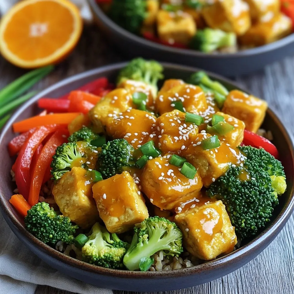 - 14 oz firm tofu - 2 cups broccoli florets - 1 red bell pepper, sliced - 1 carrot, julienned - 4 green onions, chopped - 1 tablespoon sesame seeds - 1/2 cup fresh orange juice - Zest of 1 orange - 2 tablespoons soy sauce - 1 tablespoon maple syrup - 1 tablespoon rice vinegar - 1 teaspoon grated fresh ginger - 1 garlic clove, minced - Pinch of red pepper flakes (optional) The main ingredients set the stage for a tasty meal. Firm tofu is the star, giving a great base. I like to press it first. This makes it less watery and helps it get extra crispy. Fresh broccoli, red bell pepper, and carrot add color and crunch. They also bring a mix of flavors that work well together. Don’t forget the green onions and sesame seeds for garnish. They give a nice finish and a bit of extra flavor. The orange sauce is what makes this dish special. Fresh orange juice and zest bring a bright taste. I use soy sauce for a savory touch. Maple syrup adds a hint of sweetness, while rice vinegar gives it a nice tang. Fresh ginger and garlic boost the flavor even more. If you want some heat, add a pinch of red pepper flakes. This sauce ties all the ingredients together in a way that feels fresh and exciting. To start, I make the orange sauce. I combine all the sauce ingredients in a bowl. This includes fresh orange juice, orange zest, soy sauce, maple syrup, rice vinegar, ginger, garlic, and optional red pepper flakes. I whisk until well mixed. This sauce adds a bright and zesty flavor to our dish. Next, I prepare the tofu. I coat the cubed tofu with cornstarch. This gives the tofu a crispy edge. Then, I heat vegetable oil in a large skillet over medium-high heat. Once the oil is hot, I add the coated tofu. I cook it for about 5 to 7 minutes. I turn the tofu occasionally until it is golden and crispy on all sides. After the tofu is crispy, I remove it from the skillet and place it on a plate. In the same skillet, I add broccoli, red bell pepper, and carrot. I stir-fry these vegetables for about 5 minutes. I cook them until they are crisp-tender. Next, I return the crispy tofu to the skillet with the veggies. I pour the orange sauce over everything. I stir well to coat all the ingredients. Finally, I let it simmer for about 2 to 3 minutes. This helps the sauce heat through and thicken slightly. To make crispy tofu, start with firm tofu. Press it to remove water. This step is key for texture. Wrap the tofu in a clean kitchen towel and place a heavy object on top. Press for at least 15 minutes. After pressing, cut the tofu into even cubes. Coat the tofu in cornstarch before cooking. This coating helps the tofu get golden and crispy. Heat the oil in a skillet until it shimmers. Then, add the tofu and cook until all sides are brown. This process takes about 5-7 minutes. Flip the tofu gently to avoid breaking it. To boost the orange taste, use fresh orange juice and zest. Fresh ingredients make a big difference. When you use fresh, you get a brighter, zesty flavor. If you need to substitute the orange juice, you can use tangerine juice or a mix of lemon and lime juice. But keep in mind, the taste will change slightly. For the orange sauce, mix all the ingredients well. This mix includes soy sauce, maple syrup, rice vinegar, ginger, and garlic. The balance of sweet, sour, and savory gives the dish its unique flavor. If you love spice, add red pepper flakes to the sauce. For a hearty base, serve the orange tofu over rice or quinoa. Both options soak up the sauce well. You can also try brown rice for a nuttier flavor. Get creative with toppings! Chopped green onions add a fresh crunch. A sprinkle of sesame seeds gives a nice finish. For an extra pop of color, add a slice of orange on the side. This not only looks great but also adds more flavor. Serve the bowls in deep plates for a beautiful presentation. Arrange the tofu and veggies neatly. Enjoy your tasty, homemade orange tofu bowls! {{image_2}} You can swap out the broccoli, carrots, and bell peppers for other veggies. Try using snap peas, zucchini, or even mushrooms for a different taste. Seasonal vegetables like asparagus in spring or squash in fall add freshness too. Don’t be afraid to mix and match! Each choice changes the bowl's flavor and texture. If you want to switch up the protein, tempeh or seitan works well. Tempeh adds a nutty flavor, while seitan gives a chewy texture. When using these, adjust the sauce slightly. Tempeh absorbs flavors well, so you might need less soy sauce. Seitan is heartier, so consider adding more orange juice for balance. This recipe is already vegetarian and vegan. Just check all your sauces and ingredients. Use tamari instead of soy sauce for a gluten-free option. Always read labels to ensure no hidden animal products sneak in. Enjoy a tasty, healthy meal without missing out! To keep your Orange Tofu Bowls fresh, place leftovers in the fridge. Store the tofu and veggies separately from the sauce. This helps keep the tofu crispy. Use airtight containers to prevent moisture loss. Glass containers work best, but plastic ones are fine too. When reheating, you want to keep the tofu crispy. The best method is to use a skillet. Heat the skillet on medium-high heat and add a little oil. Once hot, add the tofu pieces and warm them for about 3-4 minutes. If you want to reheat with sauce, do this in a separate pan. Heat the sauce first, then add the tofu to coat it. Stir gently to warm through. Yes, you can freeze this dish! However, it’s best to freeze the tofu and veggies without the sauce. To freeze, place them in a single layer on a baking sheet. Once frozen, transfer them to a freezer-safe bag. When you’re ready to eat, thaw the tofu and veggies in the fridge overnight. Reheat as mentioned above for the best texture. To add heat to your Orange Tofu Bowls, try these tips: - Mix in more red pepper flakes for a kick. - Add sliced fresh chili peppers for a bold flavor. - Use a spicy sauce, like sriracha, in the orange sauce. - For a milder spiciness, add a dash of cayenne pepper. These adjustments let you control the heat level to fit your taste. Yes, you can prepare this dish in advance. Here’s how: - Make the orange sauce a day ahead and store it in the fridge. - Cook the tofu and vegetables in advance, but keep them separate. - Store the tofu in an airtight container to keep it fresh. - Reheat the tofu and veggies before serving, then add the sauce. This method helps save time on busy days while keeping flavors fresh. For a complete meal, consider these pairings: - Serve over cooked rice or quinoa for a hearty base. - Add a side salad for extra crunch and freshness. - Pair with steamed dumplings for a fun twist. - Top with sliced avocado for creaminess. These options balance the flavors and give you a filling dinner. This article covered how to make tasty orange tofu bowls. We explored the main ingredients, including firm tofu and fresh veggies. You learned how to make a zesty orange sauce and how to cook everything to perfection. I shared tips for crispy tofu and suggested veggie swaps. You also found storage tips and answers to common questions. Now it's time for you to try it. Enjoy the flavors and make it your own!