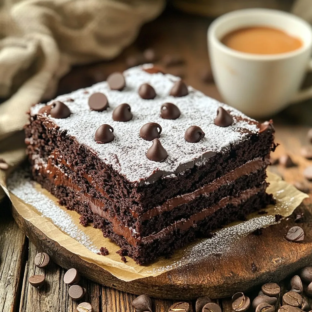 The heart of any great cake lies in its ingredients. For the Chocolate Espresso Coffee Cake, you'll need the following: - 1 ½ cups all-purpose flour - 1 cup granulated sugar - ½ cup unsweetened cocoa powder - 1 teaspoon baking powder - ½ teaspoon baking soda - ½ teaspoon salt - ½ cup unsalted butter, softened - 2 large eggs - 1 teaspoon vanilla extract - ½ cup brewed espresso or strong coffee, cooled - ½ cup sour cream - 1 cup chocolate chips (semi-sweet or dark) - 1 tablespoon instant coffee granules (optional) - Powdered sugar for dusting (optional) Each ingredient plays a key role. The flour gives structure. The sugar adds sweetness. Cocoa powder brings rich chocolate flavor. Baking powder and baking soda help the cake rise. Salt enhances all the flavors. Butter is crucial for moisture and richness. The eggs bind everything together. Vanilla adds a warm aroma. Espresso or strong coffee boosts the chocolate notes. Sour cream keeps the cake moist and adds tang. The chocolate chips provide extra bursts of chocolate joy. You can add instant coffee for more coffee flavor, and powdered sugar is great for a pretty finish. Gather these ingredients, and you’re ready to bake a delightful cake! 1. Preheat your oven to 350°F (175°C). Grease a 9-inch round cake pan or line it with parchment paper. 2. In a large bowl, combine 1 ½ cups of flour, 1 cup of sugar, ½ cup cocoa powder, 1 teaspoon baking powder, ½ teaspoon baking soda, and ½ teaspoon salt. Whisk them together until well mixed. 3. In a separate bowl, beat ½ cup of softened butter until it is creamy. Add 2 large eggs one at a time, mixing well after each addition. Stir in 1 teaspoon of vanilla extract until combined. 1. Gradually add the dry mix to the butter mixture. Alternate with ½ cup of cooled espresso and ½ cup of sour cream. Start and end with the dry mix. Stir until just combined. 2. Fold in 1 cup of chocolate chips and 1 tablespoon of instant coffee granules for an extra coffee kick. 1. Pour the batter into the prepared cake pan. Use a spatula to smooth the top. 2. Bake in the preheated oven for 30-35 minutes. Check for doneness by inserting a toothpick in the center. It should come out clean. 3. When done, take the cake from the oven. Let it cool in the pan for about 10 minutes. Then, transfer it to a wire rack to cool completely. - Ensuring the right oven temperature: Always preheat your oven to 350°F (175°C). This step helps the cake rise properly. An oven thermometer can ensure accuracy. - Using room temperature ingredients: Bring butter, eggs, and sour cream to room temperature. This helps them mix easily and create a smooth batter. - Checking for doneness effectively: Insert a toothpick in the center. If it comes out clean or with few crumbs, your cake is ready. - Adding different spices: You can boost flavor by adding a pinch of cinnamon or nutmeg. These spices add warmth and depth to the chocolate. - Choosing the right coffee for brewing: Use a bold coffee or espresso. A rich coffee enhances the cake's chocolate flavor. - Ideal serving suggestions: Serve slices with a side of coffee or tea. The flavors pair well, creating a delightful experience. - Using powdered sugar for garnish: Dust the top with powdered sugar before serving. It adds a lovely touch and makes the cake look even more tempting. {{image_2}} You can easily adapt this recipe to fit your needs. For a gluten-free option, use a gluten-free flour blend. This will keep the texture smooth and light. Many brands work well, but look for one that has xanthan gum added. If you're looking for a dairy-free version, swap the butter for a dairy-free alternative like coconut oil or vegan butter. Replace sour cream with a dairy-free yogurt. These swaps keep the cake moist and tasty. Want to mix things up? You can add nuts like walnuts or pecans for a nice crunch. Chopped nuts blend perfectly with the soft cake. You can also try different types of chocolate. Use dark, milk, or even white chocolate chips for a fun twist. Another fun way to change the flavor is by using flavored extracts. Almond or hazelnut extracts can add a lovely depth. Just a teaspoon can elevate your cake, making it even more special. Make your cake fit the season! Try adding seasonal spices like cinnamon or nutmeg. These spices bring warmth and comfort, especially in fall or winter. You can also incorporate fresh fruits. In summer, add berries for a fruity punch. In winter, consider mixing in some orange zest for a bright flavor. You can even adapt it for the holidays by adding peppermint extract or festive sprinkles. To keep your leftover chocolate espresso coffee cake fresh, store it in an airtight container. This helps prevent it from drying out. Place the cake in the container once it cools completely. You can also wrap it in plastic wrap before placing it in the container for extra protection. If you want to keep the cake fresh for a few days, store it at room temperature. If you need to store the cake for longer, freezing is a great option. Wrap the cooled cake tightly in plastic wrap. Then, place it in a freezer-safe bag or container. This helps protect it from freezer burn. The cake can freeze well for up to three months. When you're ready to enjoy it, take the cake out of the freezer. Thaw it in the fridge overnight. If you want to serve it warm, pop it in the oven at a low temperature for a few minutes. When stored properly, your chocolate espresso coffee cake stays fresh for about 3 to 5 days at room temperature. If you place it in the fridge, it can last for about a week. Remember, the fresher you serve it, the better the taste! Can I use regular coffee instead of espresso? Yes, you can use regular coffee. Just make sure it is strong. Brew it dark for the best flavor. This will still give your cake a nice coffee taste. What can I substitute for sour cream? You can use plain yogurt or cottage cheese. Both will keep the cake moist. They will also add a nice tang. How can I make this cake ahead of time? You can bake the cake a day before. Store it in an airtight container. You can also freeze it for up to a month. Why is my cake too dense? Your cake may be dense for a few reasons. You might have overmixed the batter. Make sure to mix until just combined. Also, check that your baking powder and baking soda are fresh. What should I do if my cake is dry? If your cake is dry, it might have baked too long. Check it a few minutes before the timer goes off. You can also add a simple syrup to moisten it. What drinks pair well with coffee cake? Coffee pairs perfectly with this cake, of course. You can also serve it with tea or milk. A rich hot chocolate is a great choice too. How to serve for special occasions? For special occasions, dust the top with powdered sugar. You can also add fresh berries or whipped cream. Serve it on a nice platter for a beautiful touch. This blog post detailed everything you need to make a delicious Chocolate Espresso Coffee Cake. We covered the key ingredients, simple steps, and helpful tips for success. You learned how to enhance flavors and store leftovers. Remember, small changes can create a big impact. Whether you use gluten-free options or experiment with spices, feel free to personalize the recipe. Enjoy baking and sharing this cake with friends and family. You now have the tools to make a dessert that delights every time. Happy baking!