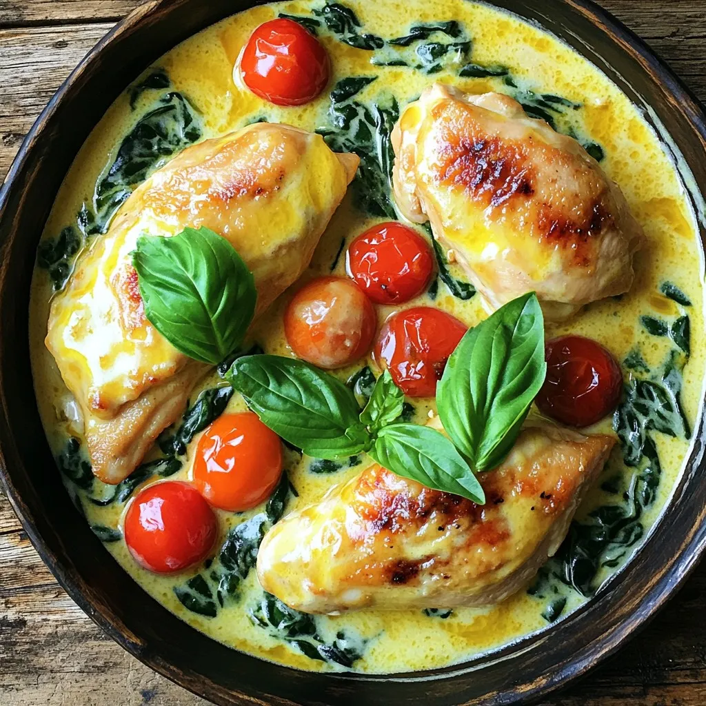 To make this dish, you need a few key ingredients. Here’s what you’ll need: - 4 boneless, skinless chicken breasts - 1 tablespoon olive oil - 1 medium onion, finely chopped - 3 cloves garlic, minced - 1 cup cherry tomatoes, halved - 1 cup fresh spinach - 1 teaspoon Italian seasoning - 1 teaspoon paprika - 1 cup chicken broth - 1 cup heavy cream - ½ cup grated Parmesan cheese - Salt and pepper to taste - Fresh basil leaves for garnish These ingredients create a lovely balance of flavors. The chicken stays juicy, while the cream adds rich texture. You can add extra ingredients to boost flavor and texture. Consider these options: - 1 tablespoon lemon juice for brightness - ½ teaspoon red pepper flakes for heat - 1 cup mushrooms for earthiness - Fresh parsley for garnish These additions can personalize your dish and make it even more special. If you don’t have something, don’t worry! Here are a few swaps: - Chicken breasts can be replaced with thighs for more flavor. - Heavy cream can be swapped with half-and-half for a lighter sauce. - You can use vegetable broth instead of chicken broth for a vegetarian option. These substitutions can help you create the dish using what you already have at home. To start, gather your ingredients. You will need: - 4 boneless, skinless chicken breasts - 1 tablespoon olive oil - 1 medium onion, finely chopped - 3 cloves garlic, minced - 1 cup cherry tomatoes, halved - 1 cup fresh spinach - 1 teaspoon Italian seasoning - 1 teaspoon paprika - 1 cup chicken broth - 1 cup heavy cream - ½ cup grated Parmesan cheese - Salt and pepper to taste - Fresh basil leaves for garnish Once you have everything, turn on your Instant Pot. Set it to 'Sauté' mode and let it heat. Add the olive oil to the pot. When the oil is hot, toss in the chopped onion. Sauté for about 3 to 4 minutes until it turns soft and clear. Next, add the minced garlic and cook for another minute until it smells great. Now, add the chicken breasts to the pot. Sprinkle salt, pepper, Italian seasoning, and paprika over the chicken. Sear each side for about 2 minutes to seal in the flavors. Now, pour in the chicken broth. Make sure to scrape the bottom of the pot to get all the tasty bits. Close the lid tightly and set the Instant Pot to 'Manual' mode for 10 minutes. Check that the valve is on 'Sealing'. After the timer goes off, let the pressure release naturally for 5 minutes. Then, switch to a quick release for any leftover pressure. Carefully open the lid and take out the chicken. Place it on a plate and cover it with foil to keep warm. Change the Instant Pot back to 'Sauté' mode. Stir in the heavy cream, Parmesan cheese, cherry tomatoes, and fresh spinach. Cook for 2 to 3 minutes until the spinach wilts and the sauce becomes creamy. Finally, return the chicken to the pot. Let it soak in the creamy sauce for a minute. Taste the sauce and add more salt or pepper if needed. Serve the creamy Tuscan chicken hot. Garnish with fresh basil leaves for a nice touch. Pair it with pasta, rice, or a fresh salad for a complete meal. Enjoy each bite of this flavorful dish! To get juicy chicken, use boneless, skinless breasts. They cook evenly and stay tender. Make sure to sear each side for two minutes. This step locks in the flavors. Always let the chicken rest after cooking. This helps the juices redistribute for a better bite. For a richer sauce, add more heavy cream. You can also use cream cheese or mascarpone. Both options boost the creaminess. Fresh herbs like basil or thyme can add extra flavor. Just sprinkle them in at the end for a fresh taste. Don't forget to taste and adjust your seasoning. A pinch of salt or a dash of pepper can make a big difference. One common mistake is overcooking the chicken. This can make it dry and tough. Always follow the timer for the Instant Pot. Another mistake is skimming on the broth. The broth is key for flavor and moisture. Lastly, don’t skip the sauté step. It builds a great base for your sauce. {{image_2}} You can swap spinach for kale. Kale offers a hearty texture and flavor. You can also use arugula for a peppery kick. For tomatoes, try sun-dried tomatoes. They add a robust, sweet taste to your dish. Always feel free to mix greens based on your taste. If you prefer fish, try salmon instead of chicken. It cooks quickly and pairs well with cream. For a vegetarian option, use firm tofu or chickpeas. Both soak up flavors and add protein. You can also use turkey or pork cutlets for a different meat experience. Add fresh herbs like thyme or oregano for depth. A squeeze of lemon juice adds brightness. You can also include crushed red pepper for heat. For a smoky taste, use smoked paprika. Experimenting with flavors can make this dish your own. To store leftover Creamy Tuscan Chicken, let it cool first. Place it in an airtight container. Make sure to refrigerate it within two hours of cooking. This way, it stays fresh. It can last up to three days in the fridge. When you are ready to eat the leftovers, you have a few options. The best way is to reheat it on the stove. This keeps the chicken juicy and the sauce creamy. Just add a splash of chicken broth if needed. Heat on low, stirring gently, until warm. You can also use the microwave. Place it in a microwave-safe dish, cover it, and heat for 1-2 minutes. Stir halfway through to ensure even heating. If you want to freeze the Creamy Tuscan Chicken, store it in a freezer-safe container. It can stay frozen for up to three months. To thaw, move it to the fridge overnight. If you need it fast, you can use the microwave. Just make sure to reheat it thoroughly. Always check for any ice crystals. If there are any, cook it longer until heated through. This way, you can enjoy this flavorful dish anytime! Cooking Instant Pot Creamy Tuscan Chicken takes about 30 minutes. This includes the prep time and cooking time. The actual cooking time in the pot is just 10 minutes. You also need a few minutes for the pressure to build and release. This quick method makes it easy for busy nights. Yes, you can make this recipe ahead of time. Cook the chicken as directed, then cool it down. Store it in an airtight container in the fridge for up to three days. When ready to eat, just reheat it on the stove or in the microwave for a quick meal. Creamy Tuscan Chicken pairs well with many side dishes. Here are a few ideas: - Pasta: Toss it with fettuccine or penne. - Rice: Serve it over white or brown rice. - Bread: Garlic bread or crusty baguette is great for dipping. - Salad: A fresh green salad adds a nice crunch. These options balance the rich flavors of the chicken, making for a complete meal. Enjoy! In this post, I covered how to make creamy Tuscan chicken in an Instant Pot. We explored essential and optional ingredients, plus substitutions to fit your taste. I laid out clear steps for cooking and shared tips for juicy chicken. Additionally, we looked at fun variations and how to store leftovers. The Instant Pot makes this dish easy and fast, perfect for busy nights. Enjoy crafting this meal and experimenting with flavors!