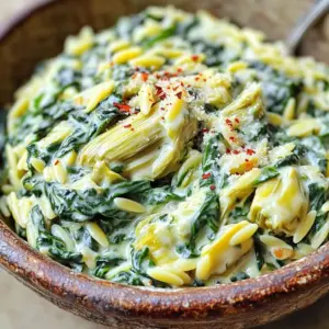 - 1 cup orzo pasta - 1 tablespoon olive oil - 2 cloves garlic, minced - 1 cup fresh spinach, chopped - 1 cup canned artichoke hearts, drained and chopped - 1 cup cream cheese, softened - ½ cup grated Parmesan cheese - ½ cup vegetable broth - 1 teaspoon lemon juice - Salt and pepper to taste - Red pepper flakes, for garnish (optional) To make Creamy Spinach Artichoke Orzo, you need a few key ingredients. First, orzo pasta gives this dish its unique shape and texture. It cooks quickly and absorbs flavors well. Next, you will need fresh spinach and canned artichoke hearts. The spinach adds a nice green color, while the artichokes give a mild, earthy flavor. You can use frozen spinach if fresh is not available, but fresh tastes best. For the creamy sauce, cream cheese is a must. It creates a rich and smooth base. Parmesan cheese adds depth and a salty kick. You will also need vegetable broth to thin the sauce. This ingredient keeps everything moist without overpowering the dish. Don't forget the lemon juice! It brightens the flavors and adds a tangy note. Finally, use salt and pepper to enhance the taste. You can add red pepper flakes for a little heat if you like. These ingredients come together to create a delightful and simple meal that's full of flavor. Start by boiling salted water in a medium pot. Add 1 cup of orzo pasta. Cook it for about 7-9 minutes until it is al dente. After that, drain the orzo in a colander and set it aside. Next, heat 1 tablespoon of olive oil in a large skillet over medium heat. Add 2 cloves of minced garlic. Sauté the garlic for about 1 minute until it smells great. Then, stir in 1 cup of chopped fresh spinach and 1 cup of drained and chopped artichoke hearts. Cook these for about 2-3 minutes until the spinach wilts. Now, add 1 cup of softened cream cheese to the skillet. Mix it well until it melts and blends with the veggies. Gradually pour in ½ cup of vegetable broth, stirring until the mixture becomes creamy and smooth. Next, add ½ cup of grated Parmesan cheese and 1 teaspoon of lemon juice. Mix everything well until combined. Finally, add the cooked orzo to the creamy mixture. Toss it to coat evenly. Season with salt and pepper to taste. Allow everything to heat through for another 2-3 minutes while stirring occasionally. Serve it warm, and enjoy your creamy spinach artichoke orzo! To make your orzo creamy, use the right mix of cream cheese and broth. A cup of cream cheese goes well with half a cup of broth. This balance makes your dish rich and smooth. To avoid clumps, mix the cream cheese in slowly. Stir it well with the veggies before adding the broth. This helps the cheese melt evenly. For better taste, adjust your seasonings. Add more salt or pepper to suit your taste. A pinch of garlic powder can bring extra flavor. You can add fun ingredients too! Consider sun-dried tomatoes or fresh herbs. These will give your orzo a unique twist. Garnish your dish with red pepper flakes for a spicy kick. It adds a nice pop of color too. Pair this creamy orzo with grilled chicken or a fresh salad. It makes for a complete meal. Enjoy sharing this delightful dish with family and friends! {{image_2}} You can easily add protein to your creamy spinach artichoke orzo. If you like chicken, cook some diced chicken breasts in the skillet. Add it after the spinach and artichokes. Shrimp is another great option. Sauté shrimp until pink and add them to the dish for a seafood twist. For a vegetarian choice, consider adding chickpeas or white beans. These options keep your meal hearty and filling. Making this dish gluten-free is simple. Just swap the orzo pasta for gluten-free orzo or any gluten-free pasta. For vegan adaptations, replace cream cheese with cashew cream or a vegan cream cheese. Use nutritional yeast instead of Parmesan for a cheesy flavor. You can also use vegetable broth to ensure everything stays vegan. Feel free to mix up the cheeses in your dish. Cream cheese can be swapped for ricotta or goat cheese for a different taste. If you want a sharper flavor, try using feta cheese. You can also include other vegetables. Peas or sun-dried tomatoes add color and taste. Experiment with what you have on hand to make this dish your own. To store your leftovers, place them in an airtight container. This keeps the orzo fresh and prevents it from drying out. You can also cover the dish tightly with plastic wrap. In the fridge, your creamy spinach artichoke orzo lasts about 3 to 4 days. If you want to freeze this dish, let it cool completely first. Then, transfer it to a freezer-safe container. Make sure to leave some space at the top, as the orzo may expand when frozen. It can stay in the freezer for up to 2 months. When you’re ready to enjoy it again, thaw the orzo in the fridge overnight. Reheat it on the stove over low heat. Add a splash of vegetable broth to help bring back the creaminess. Stir often until it’s heated through. Enjoy your meal! To make this dish vegan, swap cream cheese for a plant-based cream cheese. Use nutritional yeast instead of Parmesan cheese for a cheesy flavor. You can also use vegetable broth, which is already vegan. You might want to add a splash of lemon juice for extra brightness. This keeps the dish creamy and delicious while fitting a vegan diet. Yes, you can use many pasta types instead of orzo. Small pasta shapes like ditalini or fusilli work well. Gluten-free pasta is also a great choice if you need it. Remember to adjust the cooking time based on the pasta you use. Choose a pasta that will hold the creamy sauce nicely. To reheat leftovers, use a skillet over low heat. Add a splash of vegetable broth or water to keep it creamy. Stir gently to warm everything evenly. Avoid using a microwave, as it can dry out the dish. This method helps keep your creamy spinach artichoke orzo smooth and tasty. This recipe for Creamy Spinach Artichoke Orzo is simple and rewarding. You learned how to boil orzo, sauté fresh veggies, and create a rich, creamy sauce. I shared tips to perfect the creaminess and offered variations for different diets. Now, you can enjoy this dish, customize it, and store leftovers easily. Dive in and make this meal your own!