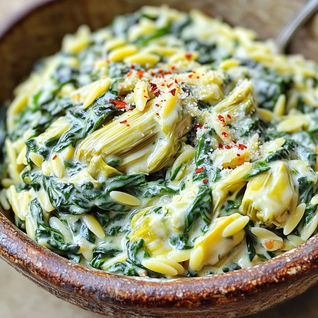 - 1 cup orzo pasta - 1 tablespoon olive oil - 2 cloves garlic, minced - 1 cup fresh spinach, chopped - 1 cup canned artichoke hearts, drained and chopped - 1 cup cream cheese, softened - ½ cup grated Parmesan cheese - ½ cup vegetable broth - 1 teaspoon lemon juice - Salt and pepper to taste - Red pepper flakes, for garnish (optional) To make Creamy Spinach Artichoke Orzo, you need a few key ingredients. First, orzo pasta gives this dish its unique shape and texture. It cooks quickly and absorbs flavors well. Next, you will need fresh spinach and canned artichoke hearts. The spinach adds a nice green color, while the artichokes give a mild, earthy flavor. You can use frozen spinach if fresh is not available, but fresh tastes best. For the creamy sauce, cream cheese is a must. It creates a rich and smooth base. Parmesan cheese adds depth and a salty kick. You will also need vegetable broth to thin the sauce. This ingredient keeps everything moist without overpowering the dish. Don't forget the lemon juice! It brightens the flavors and adds a tangy note. Finally, use salt and pepper to enhance the taste. You can add red pepper flakes for a little heat if you like. These ingredients come together to create a delightful and simple meal that's full of flavor. Start by boiling salted water in a medium pot. Add 1 cup of orzo pasta. Cook it for about 7-9 minutes until it is al dente. After that, drain the orzo in a colander and set it aside. Next, heat 1 tablespoon of olive oil in a large skillet over medium heat. Add 2 cloves of minced garlic. Sauté the garlic for about 1 minute until it smells great. Then, stir in 1 cup of chopped fresh spinach and 1 cup of drained and chopped artichoke hearts. Cook these for about 2-3 minutes until the spinach wilts. Now, add 1 cup of softened cream cheese to the skillet. Mix it well until it melts and blends with the veggies. Gradually pour in ½ cup of vegetable broth, stirring until the mixture becomes creamy and smooth. Next, add ½ cup of grated Parmesan cheese and 1 teaspoon of lemon juice. Mix everything well until combined. Finally, add the cooked orzo to the creamy mixture. Toss it to coat evenly. Season with salt and pepper to taste. Allow everything to heat through for another 2-3 minutes while stirring occasionally. Serve it warm, and enjoy your creamy spinach artichoke orzo! To make your orzo creamy, use the right mix of cream cheese and broth. A cup of cream cheese goes well with half a cup of broth. This balance makes your dish rich and smooth. To avoid clumps, mix the cream cheese in slowly. Stir it well with the veggies before adding the broth. This helps the cheese melt evenly. For better taste, adjust your seasonings. Add more salt or pepper to suit your taste. A pinch of garlic powder can bring extra flavor. You can add fun ingredients too! Consider sun-dried tomatoes or fresh herbs. These will give your orzo a unique twist. Garnish your dish with red pepper flakes for a spicy kick. It adds a nice pop of color too. Pair this creamy orzo with grilled chicken or a fresh salad. It makes for a complete meal. Enjoy sharing this delightful dish with family and friends! {{image_2}} You can easily add protein to your creamy spinach artichoke orzo. If you like chicken, cook some diced chicken breasts in the skillet. Add it after the spinach and artichokes. Shrimp is another great option. Sauté shrimp until pink and add them to the dish for a seafood twist. For a vegetarian choice, consider adding chickpeas or white beans. These options keep your meal hearty and filling. Making this dish gluten-free is simple. Just swap the orzo pasta for gluten-free orzo or any gluten-free pasta. For vegan adaptations, replace cream cheese with cashew cream or a vegan cream cheese. Use nutritional yeast instead of Parmesan for a cheesy flavor. You can also use vegetable broth to ensure everything stays vegan. Feel free to mix up the cheeses in your dish. Cream cheese can be swapped for ricotta or goat cheese for a different taste. If you want a sharper flavor, try using feta cheese. You can also include other vegetables. Peas or sun-dried tomatoes add color and taste. Experiment with what you have on hand to make this dish your own. To store your leftovers, place them in an airtight container. This keeps the orzo fresh and prevents it from drying out. You can also cover the dish tightly with plastic wrap. In the fridge, your creamy spinach artichoke orzo lasts about 3 to 4 days. If you want to freeze this dish, let it cool completely first. Then, transfer it to a freezer-safe container. Make sure to leave some space at the top, as the orzo may expand when frozen. It can stay in the freezer for up to 2 months. When you’re ready to enjoy it again, thaw the orzo in the fridge overnight. Reheat it on the stove over low heat. Add a splash of vegetable broth to help bring back the creaminess. Stir often until it’s heated through. Enjoy your meal! To make this dish vegan, swap cream cheese for a plant-based cream cheese. Use nutritional yeast instead of Parmesan cheese for a cheesy flavor. You can also use vegetable broth, which is already vegan. You might want to add a splash of lemon juice for extra brightness. This keeps the dish creamy and delicious while fitting a vegan diet. Yes, you can use many pasta types instead of orzo. Small pasta shapes like ditalini or fusilli work well. Gluten-free pasta is also a great choice if you need it. Remember to adjust the cooking time based on the pasta you use. Choose a pasta that will hold the creamy sauce nicely. To reheat leftovers, use a skillet over low heat. Add a splash of vegetable broth or water to keep it creamy. Stir gently to warm everything evenly. Avoid using a microwave, as it can dry out the dish. This method helps keep your creamy spinach artichoke orzo smooth and tasty. This recipe for Creamy Spinach Artichoke Orzo is simple and rewarding. You learned how to boil orzo, sauté fresh veggies, and create a rich, creamy sauce. I shared tips to perfect the creaminess and offered variations for different diets. Now, you can enjoy this dish, customize it, and store leftovers easily. Dive in and make this meal your own!
